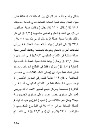 ‫ﺒﺸﻜل ﻭﺍﻀﺢ ﺇﺫﺍ ﻤﺎ ﺘﻡ ﺍﻟﺘﻭﻏل ﺒﻴﻥ ﺍﻟﻤﺤﺎﻓﻅﺎﺕ ﺍﻟﻤﺨﺘﻠﻔﺔ ﻓﻌﻠﻰ‬
‫ﺴﺒﻴل ﺍﻟﻤﺜﺎل ﺒﻠﻐﺕ ﻨﺴﺒﺔ ﺍﻟﻌﻤﺎﻟﺔ ﺍﻟﻨﺴﺎﺌﻴﺔ ﻓـﻲ ﺸـﻤﺎل ﺴـﻴﻨﺎﺀ‬
‫٦,٢٩ % ) ﻤﻘﺎﺒل ٧,١٦ % ﺭﺠﺎل ( ﻭﻜﺎﻨﺕ ﻨﺴﺒﺔ ﻋﻤﺎﻟﺘﻬـﺎ‬
‫ﻓﻲ ﻜل ﻤﻥ ﺍﻟﻘﻁﺎﻉ ﺍﻟﻌﺎﻡ ﻭﺍﻟﺨﺎﺹ ﻤﺘﺴﺎﻭﻴﺔ ) ٧,٣ % ﻓﻲ ﻜل‬
‫ﻭﺫﻟﻙ ﻤﻘﺎﺭﻨﺔ ﺒﻨﺴﺒﺔ ﻋﻤﺎﻟﺔ ﺍﻟﺭﺠـﺎل ﺍﻟﺘـﻲ ﺒﻠﻐـﺕ ٢,٥ % ﻭ‬
‫١,٣٣ % ﻋﻠﻰ ﺍﻟﺘﻭﺍﻟﻲ ( ﺒﻴﻨﻤـﺎ ﺍﻨﻌـﺩﻤﺕ ﺍﻟﻌﻤﺎﻟـﺔ ﻓـﻲ ﺃﻱ‬
‫ﻗﻁﺎﻋﺎﺕ ﺃﺨﺭﻯ ﻻﻨﻌﺩﺍﻡ ﻭﺠﻭﺩﻫﺎ ﺒﺎﻟﻤﻨﻁﻘﺔ ﻭﻜﺎﻨﺕ ﺃﻗﺼﻰ ﻨﺴﺒﺔ‬
‫ﻋﻤﺎﻟﺔ ﻨﺴﺎﺌﻴﺔ ﻓﻲ ﺍﻟﻘﻁﺎﻉ ﺍﻟﺤﻜﻭﻤﻲ ٣,٥٩% ﻓـﻲ ﺃﺴـﻭﺍﻥ )‬
‫ﻤﻘﺎﺒل ١,٣٤ % ﺭﺠﺎل ( ﺒﻴﻨﻤﺎ ﻜﺎﻨﺕ ﻨﺴﺒﺔ ﺍﻟﻌﻤﺎﻟـﺔ ﺍﻟﻨﺴـﺎﺌﻴﺔ‬
‫ﺍﻟﻤﺘﺒﻘﻴﺔ ) ٧,٤ % ( ﻤﺘﺭﻜﺯﺓ ﻓﻘﻁ ﻓﻲ ﺍﻟﻘﻁﺎﻉ ﺍﻟﺨـﺎﺹ ﺒﻌـﺩﺩ‬
‫ﺜﻤﺎﻨﻲ ﻨﺴﺎﺀ ﻓﻘﻁ ﺤﻴﺙ ﺇﻥ ﺇﺠﻤﺎﻟﻲ ﺍﻟﻤﺸـﺘﻐﻼﺕ ﻓـﻲ ﺤﻀـﺭ‬
‫ﺍﻟﻤﺤﺎﻓﻅﺔ ـ ﻜﺎﻥ ٩٦١ ﻋﺎﻤﻠﺔ ﻓﻘﻁ، ﻭﻓﻲ ﺍﻟﺒﺤـﺭ ﺍﻷﺤﻤـﺭ ﻻ‬
‫ﺘﻭﺠﺩ ﺴﻭﻯ ٥٢ ﻋﺎﻤﻠﺔ ﻓﻘﻁ ﻓﻲ ﺍﻟﻘﻁﺎﻉ ﺍﻟﺤﻜﻭﻤﻲ، ﺃﻤـﺎ ﻓـﻲ‬
‫ﺍﻟﻘﺎﻫﺭﺓ ) ﻜﻌﺎﺼﻤﺔ ﻭﻤﺭﻜﺯ ﺘﺠﻤﻊ ﻟﺠﻤﻴﻊ ﺍﻻﺘﺠـﺎﻩ ﺍﻟﺘـﻭﺯﻴﻌﻲ‬
‫ﺍﻟﻌﺎﻡ ﻋﻠﻰ ﻤﺴﺘﻭﻯ ﺤﻀﺭ ﻤﺼﺭ ﻭﻋﻠﻰ ﻤﺴﺘﻭﻯ ﺍﻟﺠﻤﻬﻭﺭﻴـﺔ‬
‫ﺇﺠﻤﺎﻻ ﻭﻟﻜﻥ ﻤﻊ ﺍﺨﺘﻼﻑ ﻓﻲ ) ﻨﺴﺏ ( ﺍﻟﺘﻭﺯﻴﻊ ﺤﻴـﺙ ﺘﺒﻠـﻎ‬
                                            ‫ﹰ‬
‫ﺍﻟﻌﻤﺎﻟﺔ ﺍﻟﻨﺴﺎﺌﻴﺔ ﺤﻭﺍﻟﻲ ٥,٦٥ % ﻓﻲ ﺍﻟﻘﻁـﺎﻉ ﺍﻟﺤﻜـﻭﻤﻲ )‬
‫ﻤﻘﺎﺭﻨﺔ ﺒـ ١,٣٢ % ﺭﺠـﺎل (، ﻭ ٣,٣٢ % ﻓـﻲ ﺍﻟﻘﻁـﺎﻉ‬


‫٨٥١‬
 