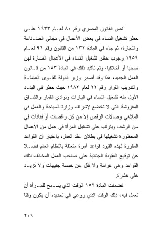 ‫ﻨﺹ ﺍﻟﻘﺎﻨﻭﻥ ﺍﻟﻤﺼﺭﻱ ﺭﻗﻡ ٠٨ ﻟﻌـﺎﻡ ٣٣٩١ ﻋﻠـﻰ‬
‫ﺤﻅﺭ ﺘﺸﻐﻴل ﺍﻟﻨﺴﺎﺀ ﻓﻲ ﺒﻌﺽ ﺍﻷﻋﻤﺎل ﻓﻲ ﻤﺠﺎﻟﻲ ﺍﻟﺼـﻨﺎﻋﺔ‬
‫ﻭﺍﻟﺘﺠﺎﺭﺓ، ﺜﻡ ﺠﺎﺀ ﻓﻲ ﺍﻟﻤﺎﺩﺓ ٢٣١ ﻤﻥ ﺍﻟﻘﺎﻨﻭﻥ ﺭﻗﻡ ١٩ ﻟﻌـﺎﻡ‬
‫٩٥٩١ ﻭﺠﻭﺏ ﺤﻅﺭ ﺘﺸﻐﻴل ﺍﻟﻨﺴﺎﺀ ﻓﻲ ﺍﻷﻋﻤﺎل ﺍﻟﻀﺎﺭﺓ ﻟﻬﻥ‬
‫ﺼﺤ ‪‬ﺎ ﺃﻭ ﺃﺨﻼﻗ ‪‬ﺎ، ﻭﺘﻡ ﺘﺄﻜﻴﺩ ﺫﻟﻙ ﻓﻲ ﺍﻟﻤﺎﺩﺓ ٣٥١ ﻤﻥ ﻗـﺎﻨﻭﻥ‬
                                        ‫ﻴ‬          ‫ﻴ‬
‫ﺍﻟﻌﻤل ﺍﻟﺠﺩﻴﺩ، ﻫﺫﺍ ﻭﻗﺩ ﺃﺼﺩﺭ ﻭﺯﻴﺭ ﺍﻟﺩﻭﻟﺔ ﻟﻠﻘـﻭﻯ ﺍﻟﻌﺎﻤﻠـﺔ‬
‫ﻭﺍﻟﺘﺩﺭﻴﺏ ﺍﻟﻘﺭﺍﺭ ﺭﻗﻡ ٢٢ ﻟﻌﺎﻡ ٢٨٩١ ﺤﻴﺙ ﺤﻅﺭ ﻓﻲ ﺍﻟﺒﻨـﺩ‬
‫ﺍﻷﻭل ﻤﻨﻪ ﺘﺸﻐﻴل ﺍﻟﻨﺴﺎﺀ ﻓﻲ ﺍﻟﺒﺎﺭﺍﺕ ﻭﻨﻭﺍﺩﻱ ﺍﻟﻘﻤﺎﺭ ﻭﺍﻟﺸـﻘﻕ‬
‫ﺍﻟﻤﻔﺭﻭﺸﺔ ﺍﻟﺘﻲ ﻻ ﺘﺨﻀﻊ ﻹﺸﺭﺍﻑ ﻭﺯﺍﺭﺓ ﺍﻟﺴﻴﺎﺤﺔ ﻭﺍﻟﻌﻤل ﻓﻲ‬
‫ﺍﻟﻤﻼﻫﻲ ﻭﺼﺎﻻﺕ ﺍﻟﺭﻗﺹ ﺇﻻ ﻤﻥ ﻜﻥ ﺭﺍﻗﺼﺎﺕ ﺃﻭ ﻓﻨﺎﻨﺎﺕ ﻓﻲ‬
‫ﺴﻥ ﺍﻟﺭﺸﺩ، ﻭﻴﺘﺭﺘﺏ ﻋﻠﻰ ﺘﺸﻐﻴل ﺍﻟﻤﺭﺃﺓ ﻓﻲ ﻋﻤل ﻤﻥ ﺍﻷﻋﻤﺎل‬
‫ﺍﻟﻤﺤﻅﻭﺭﺓ ﺘﺸﻐﻴﻠﻬﺎ ﻓﻲ ﺒﻁﻼﻥ ﻋﻘﺩ ﺍﻟﻌﻤل، ﺒﺎﻋﺘﺒﺎﺭ ﺃﻥ ﺍﻟﻘﻭﺍﻋﺩ‬
‫ﺍﻟﻤﻘﺭﺭﺓ ﻟﻬﺫﻩ ﺍﻟﻘﻴﻭﺩ ﻗﻭﺍﻋﺩ ﺁﻤﺭﺓ ﻤﺘﻌﻠﻘﺔ ﺒﺎﻟﻨﻅﺎﻡ ﺍﻟﻌﺎﻡ ﻓﻀـﻼ‬
‫ﹰ‬
‫ﻋﻥ ﺘﻭﻗﻴﻊ ﺍﻟﻌﻘﻭﺒﺔ ﺍﻟﺠﻨﺎﺌﻴﺔ ﻋﻠﻰ ﺼﺎﺤﺏ ﺍﻟﻌﻤل ﺍﻟﻤﺨﺎﻟﻑ ﻟﺘﻠﻙ‬
‫ﺍﻟﻘﻭﺍﻋﺩ ﻭﻫﻲ ﻏﺭﺍﻤﺔ ﻭﻻ ﺘﻘل ﻋﻥ ﺨﻤﺴﺔ ﺠﻨﻴﻬﺎﺕ ﻭﻻ ﺘﺯﻴـﺩ‬
                                            ‫ﻋﻠﻰ ﻋﺸﺭﺓ.‬
‫ﺘﻀﻤﻨﺕ ﺍﻟﻤﺎﺩﺓ ٢٥١ ﺍﻟﻭﻗﺕ ﺍﻟﺫﻱ ﻴﺴـﻤﺢ ﻟﻠﻤـﺭﺃﺓ ﺃﻥ‬
‫ﺘﻌﻤل ﻓﻴﻪ، ﺫﻟﻙ ﺍﻟﻭﻗﺕ ﺍﻟﺫﻱ ﺭﻭﻋﻲ ﻓﻲ ﺘﺤﺩﻴﺩﻩ ﺃﻥ ﻴﻜﻭﻥ ﻭﻗ ﹰﺎ‬
 ‫ﺘ‬


‫٩٠٢‬
 