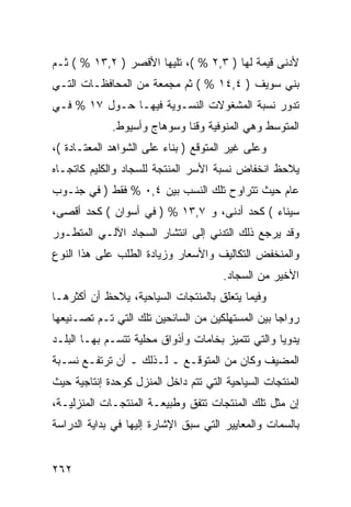 ‫ﻷﺩﻨﻰ ﻗﻴﻤﺔ ﻟﻬﺎ ) ٣,٢ % (، ﺘﻠﻴﻬﺎ ﺍﻷﻗﺼﺭ ) ٢,٣١ % ( ﺜـﻡ‬
‫ﺒﻨﻲ ﺴﻭﻴﻑ ) ٤,٤١ % ( ﺜﻡ ﻤﺠﻤﻌﺔ ﻤﻥ ﺍﻟﻤﺤﺎﻓﻅـﺎﺕ ﺍﻟﺘـﻲ‬
‫ﺘﺩﻭﺭ ﻨﺴﺒﺔ ﺍﻟﻤﺸﻐﻭﻻﺕ ﺍﻟﻨﺴـﻭﻴﺔ ﻓﻴﻬـﺎ ﺤـﻭل ٧١ % ﻓـﻲ‬
             ‫ﺍﻟﻤﺘﻭﺴﻁ ﻭﻫﻲ ﺍﻟﻤﻨﻭﻓﻴﺔ ﻭﻗﻨﺎ ﻭﺴﻭﻫﺎﺝ ﻭﺃﺴﻴﻭﻁ.‬
‫ﻭﻋﻠﻰ ﻏﻴﺭ ﺍﻟﻤﺘﻭﻗﻊ ) ﺒﻨﺎﺀ ﻋﻠﻰ ﺍﻟﺸﻭﺍﻫﺩ ﺍﻟﻤﻌﺘـﺎﺩﺓ (،‬
‫ﻴﻼﺤﻅ ﺍﻨﺨﻔﺎﺽ ﻨﺴﺒﺔ ﺍﻷﺴﺭ ﺍﻟﻤﻨﺘﺠﺔ ﻟﻠﺴﺠﺎﺩ ﻭﺍﻟﻜﻠﻴﻡ ﻜﺎﺘﺠـﺎﻩ‬
‫ﻋﺎﻡ ﺤﻴﺙ ﺘﺘﺭﺍﻭﺡ ﺘﻠﻙ ﺍﻟﻨﺴﺏ ﺒﻴﻥ ٤,٠ % ﻓﻘﻁ ) ﻓﻲ ﺠﻨـﻭﺏ‬
‫ﺴﻴﻨﺎﺀ ( ﻜﺤﺩ ﺃﺩﻨﻰ، ﻭ ٧,٣١ % ) ﻓﻲ ﺃﺴﻭﺍﻥ ( ﻜﺤﺩ ﺃﻗﺼﻰ،‬
‫ﻭﻗﺩ ﻴﺭﺠﻊ ﺫﻟﻙ ﺍﻟﺘﺩﻨﻲ ﺇﻟﻰ ﺍﻨﺘﺸﺎﺭ ﺍﻟﺴﺠﺎﺩ ﺍﻵﻟـﻲ ﺍﻟﻤﺘﻁـﻭﺭ‬
‫ﻭﺍﻟﻤﻨﺨﻔﺽ ﺍﻟﺘﻜﺎﻟﻴﻑ ﻭﺍﻷﺴﻌﺎﺭ ﻭﺯﻴﺎﺩﺓ ﺍﻟﻁﻠﺏ ﻋﻠﻰ ﻫﺫﺍ ﺍﻟﻨﻭﻉ‬
                                      ‫ﺍﻷﺨﻴﺭ ﻤﻥ ﺍﻟﺴﺠﺎﺩ.‬
‫ﻭﻓﻴﻤﺎ ﻴﺘﻌﻠﻕ ﺒﺎﻟﻤﻨﺘﺠﺎﺕ ﺍﻟﺴﻴﺎﺤﻴﺔ، ﻴﻼﺤﻅ ﺃﻥ ﺃﻜﺜﺭﻫـﺎ‬
‫ﺭﻭﺍ ‪‬ﺎ ﺒﻴﻥ ﺍﻟﻤﺴﺘﻬﻠﻜﻴﻥ ﻤﻥ ﺍﻟﺴﺎﺌﺤﻴﻥ ﺘﻠﻙ ﺍﻟﺘﻲ ﺘـﻡ ﺘﺼـﻨﻴﻌﻬﺎ‬
                                                  ‫ﺠ‬
‫ﻴﺩﻭ ‪‬ﺎ ﻭﺍﻟﺘﻲ ﺘﺘﻤﻴﺯ ﺒﺨﺎﻤﺎﺕ ﻭﺃﺫﻭﺍﻕ ﻤﺤﻠﻴﺔ ﺘﺘﺴـﻡ ﺒﻬـﺎ ﺍﻟﺒﻠـﺩ‬
                                                   ‫ﻴ‬
‫ﺍﻟﻤﻀﻴﻑ ﻭﻜﺎﻥ ﻤﻥ ﺍﻟﻤﺘﻭﻗـﻊ ـ ﻟـﺫﻟﻙ ـ ﺃﻥ ﺘﺭﺘﻔـﻊ ﻨﺴـﺒﺔ‬
‫ﺍﻟﻤﻨﺘﺠﺎﺕ ﺍﻟﺴﻴﺎﺤﻴﺔ ﺍﻟﺘﻲ ﺘﺘﻡ ﺩﺍﺨل ﺍﻟﻤﻨﺯل ﻜﻭﺤﺩﺓ ﺇﻨﺘﺎﺠﻴﺔ ﺤﻴﺙ‬
‫ﺇﻥ ﻤﺜل ﺘﻠﻙ ﺍﻟﻤﻨﺘﺠﺎﺕ ﺘﺘﻔﻕ ﻭﻁﺒﻴﻌـﺔ ﺍﻟﻤﻨﺘﺠـﺎﺕ ﺍﻟﻤﻨﺯﻟﻴـﺔ،‬
‫ﺒﺎﻟﺴﻤﺎﺕ ﻭﺍﻟﻤﻌﺎﻴﻴﺭ ﺍﻟﺘﻲ ﺴﺒﻕ ﺍﻹﺸﺎﺭﺓ ﺇﻟﻴﻬﺎ ﻓﻲ ﺒﺩﺍﻴﺔ ﺍﻟﺩﺭﺍﺴﺔ‬


‫٢٦٢‬
 