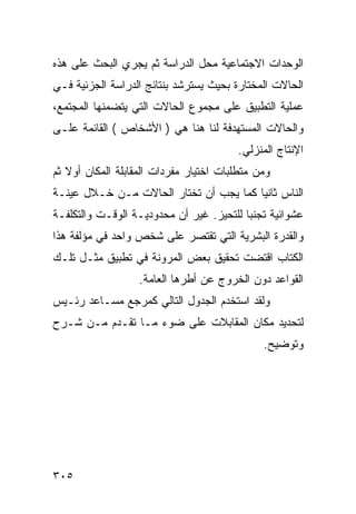 ‫ﺍﻟﻭﺤﺩﺍﺕ ﺍﻻﺠﺘﻤﺎﻋﻴﺔ ﻤﺤل ﺍﻟﺩﺭﺍﺴﺔ ﺜﻡ ﻴﺠﺭﻱ ﺍﻟﺒﺤﺙ ﻋﻠﻰ ﻫﺫﻩ‬
‫ﺍﻟﺤﺎﻻﺕ ﺍﻟﻤﺨﺘﺎﺭﺓ ﺒﺤﻴﺙ ﻴﺴﺘﺭﺸﺩ ﺒﻨﺘﺎﺌﺞ ﺍﻟﺩﺭﺍﺴﺔ ﺍﻟﺠﺯﺌﻴﺔ ﻓـﻲ‬
‫ﻋﻤﻠﻴﺔ ﺍﻟﺘﻁﺒﻴﻕ ﻋﻠﻰ ﻤﺠﻤﻭﻉ ﺍﻟﺤﺎﻻﺕ ﺍﻟﺘﻲ ﻴﺘﻀﻤﻨﻬﺎ ﺍﻟﻤﺠﺘﻤﻊ،‬
‫ﻭﺍﻟﺤﺎﻻﺕ ﺍﻟﻤﺴﺘﻬﺩﻓﺔ ﻟﻨﺎ ﻫﻨﺎ ﻫﻲ ) ﺍﻷﺸﺨﺎﺹ ( ﺍﻟﻘﺎﺌﻤﺔ ﻋﻠـﻰ‬
                                         ‫ﺍﻹﻨﺘﺎﺝ ﺍﻟﻤﻨﺯﻟﻲ.‬
‫ﻭﻤﻥ ﻤﺘﻁﻠﺒﺎﺕ ﺍﺨﺘﻴﺎﺭ ﻤﻔﺭﺩﺍﺕ ﺍﻟﻤﻘﺎﺒﻠﺔ ﺍﻟﻤﻜﺎﻥ ﺃﻭﻻ ﺜﻡ‬
   ‫ﹰ‬
‫ﺍﻟﻨﺎﺱ ﺜﺎﻨ ‪‬ﺎ ﻜﻤﺎ ﻴﺠﺏ ﺃﻥ ﺘﺨﺘﺎﺭ ﺍﻟﺤﺎﻻﺕ ﻤـﻥ ﺨـﻼل ﻋﻴﻨـﺔ‬
                                        ‫ﻴ‬
‫ﻋﺸﻭﺍﺌﻴﺔ ﺘﺠﻨ ‪‬ﺎ ﻟﻠﺘﺤﻴﺯ. ﻏﻴﺭ ﺃﻥ ﻤﺤﺩﻭﺩﻴـﺔ ﺍﻟﻭﻗـﺕ ﻭﺍﻟﺘﻜﻠﻔـﺔ‬
                                          ‫ﺒ‬
‫ﻭﺍﻟﻘﺩﺭﺓ ﺍﻟﺒﺸﺭﻴﺔ ﺍﻟﺘﻲ ﺘﻘﺘﺼﺭ ﻋﻠﻰ ﺸﺨﺹ ﻭﺍﺤﺩ ﻓﻲ ﻤﺅﻟﻔﺔ ﻫﺫﺍ‬
‫ﺍﻟﻜﺘﺎﺏ ﺍﻗﺘﻀﺕ ﺘﺤﻘﻴﻕ ﺒﻌﺽ ﺍﻟﻤﺭﻭﻨﺔ ﻓﻲ ﺘﻁﺒﻴﻕ ﻤﺜـل ﺘﻠـﻙ‬
                   ‫ﺍﻟﻘﻭﺍﻋﺩ ﺩﻭﻥ ﺍﻟﺨﺭﻭﺝ ﻋﻥ ﺃﻁﺭﻫﺎ ﺍﻟﻌﺎﻤﺔ.‬
‫ﻭﻟﻘﺩ ﺍﺴﺘﺨﺩﻡ ﺍﻟﺠﺩﻭل ﺍﻟﺘﺎﻟﻲ ﻜﻤﺭﺠﻊ ﻤﺴـﺎﻋﺩ ﺭﺌـﻴﺱ‬
‫ﻟﺘﺤﺩﻴﺩ ﻤﻜﺎﻥ ﺍﻟﻤﻘﺎﺒﻼﺕ ﻋﻠﻰ ﻀﻭﺀ ﻤـﺎ ﺘﻘـﺩﻡ ﻤـﻥ ﺸـﺭﺡ‬
                                              ‫ﻭﺘﻭﻀﻴﺢ.‬




‫٥٠٣‬
 