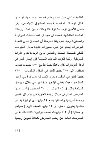 ‫ﺍﻟﻤﻨﺘﺠﺔ ﺇﻤﺎ ﻓﻲ ﺤﻴﺯ ﻤﺤﺩﺩ ﻭﻤﻘﺎﻡ ﺨﺼﻴ ‪‬ﺎ ﺒﺎﺴـﻤﻬﺎ، ﺃﻭ ﻤـﻥ‬
                 ‫ﺼ‬
‫ﺨﻼل ﺍﻟﻭﺤﺩﺍﺕ ﺍﻟﻤﺨﺼﺼﺔ ﺒﺎﺴﻡ ﺍﻟﺼﻨﺩﻭﻕ ﺍﻻﺠﺘﻤﺎﻋﻲ، ﻭﻓﻲ‬
‫ﺒﻌﺽ ﺍﻷﺤﻴﺎﻥ ﺘﻭﺠﺩ ﻤﺘﻨﺎﺜﺭﺓ ﻫﻨﺎ ﻭﻫﻨﺎﻙ ﺒـﻴﻥ ﺍﻟﻤﺸـﺭﻭﻋﺎﺕ‬
‫ﺍﻟﺨﺎﺼﺔ ﺍﻟﻤﺘﺸﺎﺒﻬﺔ ﺨﺎﺼﺔ ﻓﻲ ﻤﺠـﺎل ﺍﻟﺼـﻨﺎﻋﺎﺕ ﺍﻟﺤﺭﻓﻴـﺔ‬
‫ﻭﺍﻟﺼﻐﻴﺭﺓ ﺒﻭﺠﻪ ﻋﺎﻡ، ﻭﻟﻘﺩ ﻟـﻭﺤﻅ ﺃﻥ ﺍﻟﻤﻜـﺎﻥ ﻓـﻲ ﻗﺎﻋـﺔ‬
‫ﺍﻟﻤﺅﺘﻤﺭﺍﺕ ﻴﺘﻤﺘﻊ ﻋﻥ ﻏﻴﺭﻩ ﺒﻤﻤﻴﺯﺍﺕ ﻋﺩﻴﺩﺓ ﻤﺜـل ﺍﻟﺘﻜﻴﻴـﻑ‬
‫ﺍﻟﻜﺎﻓﻲ ﻟﻠﻤﺴﺎﺤﺔ ﺍﻟﻤﺘﺎﺤﺔ ﻭﺍﻟﺘﻨﺎﺴﻕ ﺒـﻴﻥ ﺍﻟﻭﺤـﺩﺍﺕ ﻭﺍﻷﺩﻭﺍﺕ‬
‫ﺍﻟﺘﺴﻭﻴﻘﻴﺔ. ﻭﻜﻤﺎ ﺫﻜﺭﺕ ﺍﻟﺤﺎﻻﺕ ﺍﻟﻤﺨﺘﻠﻔﺔ ﻓﺈﻥ ﺇﻴﺠﺎﺭ ﺍﻟﻤﺘﺭ ﻓﻲ‬
‫ﻗﺎﻋﺔ ﺍﻟﻤﺅﺘﻤﺭﺍﺕ ﻜﺎﻥ ﺒﺎﻫ ﹰﺎ ﺤﻴﺙ ﻴﺒﻠـﻎ ٠٥٤ ﺠﻨﻴ ‪‬ـﺎ ﺒﻴﻨﻤـﺎ‬
         ‫ﻬ‬                    ‫ﻅ‬
‫ﻴﻨﺨﻔﺽ ﺇﻟﻰ ٠٥٢ ﺠﻨﻴ ‪‬ﺎ ﻟﻠﻤﺘﺭ ﻓﻲ ﺍﻟﻤﻜﺎﻥ ﺍﻟﻤﻜﻴـﻑ ﻭ ٥٢١‬
                               ‫ﻬ‬
‫ﺠﻨﻴ ‪‬ﺎ ﻟﻠﻤﺘﺭ ﻓﻲ ﺍﻟﻤﻜﺎﻥ ﺒـﺩﻭﻥ ﺘﻜﻴﻴـﻑ ﻭﺫﻟـﻙ ﻓـﻲ ﺃﺭﺽ‬
                                            ‫ﻬ‬
‫ﺍﻟﻤﻌﺎﺭﺽ ﺒﺤﻴﺙ ﻴﻐﻁﻲ ﺍﻹﻴﺠﺎﺭ ﻤﺩﺓ ﺸﻬﺭ ﻓﻲ ﺨﻼل ﻤﻬﺭﺠﺎﻥ‬
‫ﺍﻟﺴﻴﺎﺤﺔ ﻭﺍﻟﺘﺴﻭﻕ ) ٠٢ ﻴﻭﻟﻴﻭ ـ ٠٢ ﺃﻏﺴﻁﺱ ( ﺃﻤـﺎ ﻋـﻥ‬
‫ﺍﻟﻤﻌﺭﺽ ﺍﻟﻤﻘﺎﻡ ﻓﻲ ﻤﺭﻜﺯ ﺭﺍﺒﻌﺔ ﺍﻟﻌﺩﻭﻴﺔ ﻓﻬﻭ ﻴﻘﺎﻡ ﻜل ﺨﻤﻴﺱ‬
‫ﻭﺠﻤﻌﺔ ﺃﺴﺒﻭﻋ ‪‬ﺎ ﻭﺍﻟﻤﺴﺘﻔﻴﺩ ﻴﺩﻓﻊ ٥٢ ﺠﻨﻴ ‪‬ﺎ ﻋﻥ ﺘﺭﺍﺒﻴﺯﺓ ﻴﻘـﺩﺭ‬
                  ‫ﻬ‬                        ‫ﻴ‬
‫ﻤﻘﺎﺴﻬﺎ ﺒﻤﺘﺭﻴﻥ × ﻤﺘﺭ، ﺃﻭ ٥١ ﺠﻨﻴ ‪‬ﺎ ﻟﻨﺼﻑ ﺍﻟﻴﻭﻡ ) ﺼﺒﺎﺤ ‪‬ﺎ‬
 ‫ﻴ‬                    ‫ﻬ‬
‫ﺃﻭ ﻤﺴﺎﺌ ‪‬ﺎ ( ﺃﻭ ٥,٧ ﺠﻨﻴﻬﺎﺕ ﻟﻨﺼﻑ ﺘﺭﺍﺒﻴﺯﺓ، ﻜﺎﻨﺕ ﺘﻠﻙ ﻫـﻲ‬
                                            ‫ﻴ‬
‫ﺍﻟﻤﻌﻠﻭﻤﺎﺕ ﺍﻟﻌﺎﻤﺔ ﻋﻥ ﻭﻀﻊ ﺍﻟﻤﻌﺎﺭﺽ ﻜﻤﻨﺎﻓﺫ ﺘﺴﻭﻴﻕ ﺭﺌﻴﺴﻴﺔ‬


‫٤٢٣‬
 