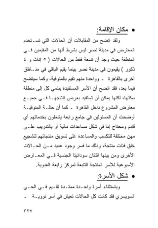 ‫• ﻤﻜﺎﻥ ﺍﻹﻗﺎﻤﺔ:‬
‫ﻭﻟﻘﺩ ﺍﺘﻀﺢ ﻤﻥ ﺍﻟﻤﻘﺎﺒﻼﺕ ﺃﻥ ﺍﻟﺤﺎﻻﺕ ﺍﻟﺘﻲ ﺘﺴـﺘﺨﺩﻡ‬
‫ﺍﻟﻤﻌﺎﺭﺽ ﻓﻲ ﻤﺩﻴﻨﺔ ﻨﺼﺭ ﻟﻴﺱ ﺒﺸﺭﻁ ﺃﻨﻬﺎ ﻤﻥ ﺍﻟﻤﻘﻴﻤﻴﻥ ﻓـﻲ‬
‫ﺍﻟﻤﻨﻁﻘﺔ ﺤﻴﺙ ﻭﺠﺩ ﺃﻥ ﺘﺴﻌﺔ ﻓﻘﻁ ﻤﻥ ﺍﻟﺤﺎﻻﺕ ) ٥ ﺇﻨﺎﺙ ﻭ ٤‬
‫ﺫﻜﻭﺭ ( ﻴﻘﻴﻤﻭﻥ ﻓﻲ ﻤﺩﻴﻨﺔ ﻨﺼﺭ ﺒﻴﻨﻤﺎ ﻴﻘﻴﻡ ﺍﻟﺒﺎﻗﻲ ﻓﻲ ﻤﻨـﺎﻁﻕ‬
‫ﺃﺨﺭﻯ ﺒﺎﻟﻘﺎﻫﺭﺓ ـ ﻭﻭﺍﺤﺩﺓ ﻤﻨﻬﻡ ﺘﻘﻴﻡ ﺒﺎﻟﻤﻨﻭﻓﻴﺔ، ﻭﻜﻤﺎ ﺴﻴﺘﻀﺢ‬
‫ﻓﻴﻤﺎ ﺒﻌﺩ، ﻓﻘﺩ ﺍﺘﻀﺢ ﺃﻥ ﺍﻷﺴﺭ ﺍﻟﻤﺴﺘﻔﻴﺩﺓ ﻴﻨﺘﻤﻲ ﻜل ﺇﻟﻰ ﻤﻨﻁﻘﺔ‬
‫ﺴﻜﻨﻬﺎ، ﻟﻜﻨﻬﺎ ﻴﻤﻜﻥ ﺃﻥ ﺘﺴﺘﻔﻴﺩ ﺒﻌﺭﺽ ﺇﻨﺘﺎﺠﻬـﺎ ﻓـﻲ ﺠﻤﻴـﻊ‬
‫ﻤﻌﺎﺭﺽ ﺍﻟﻤﺸﺭﻭﻉ ﺩﺍﺨل ﺍﻟﻘﺎﻫﺭﺓ ـ ﻜﻤﺎ ﺃﻥ ﺤﺎﻟـﺔ ﺍﻟﻤﻨﻭﻓﻴـﺔ‬
‫ﺃﻭﻀﺤﺕ ﺃﻥ ﺍﻟﻤﺴﺌﻭﻟﻴﻥ ﻓﻲ ﺠﺎﻤﻊ ﺭﺍﺒﻌﺔ ﻴﺸﻤﻠﻭﻥ ﺒﺨﺩﻤﺎﺘﻬﻡ ﺃﻱ‬
‫ﻗﺎﺩﻡ ﻭﻤﺤﺘﺎﺝ ﺇﻤﺎ ﻓﻲ ﺸﻜل ﻤﺴﺎﻋﺩﺍﺕ ﻤﺎﻟﻴﺔ ﺃﻭ ﺒﺎﻟﺘﺩﺭﻴﺏ ﻋﻠـﻰ‬
‫ﻤﻬﻥ ﻤﺨﺘﻠﻔﺔ ﻟﻠﺘﻜﺴﺏ ﻭﺍﻟﻤﺴﺎﻋﺩﺓ ﻋﻠﻰ ﺘﺴﻭﻴﻕ ﻤﻨﺘﺠﺎﺘﻬﻡ ﻟﺘﺸﺠﻴﻊ‬
‫ﺨﻠﻕ ﻓﺌﺎﺕ ﻤﻨﺘﺠﺔ، ﻭﺫﻟﻙ ﻤﺎ ﻓﺴﺭ ﻭﺠﻭﺩ ﻋﺩﻴﺩ ﻤـﻥ ﺍﻟﺤـﺎﻻﺕ‬
‫ﺍﻷﺨﺭﻯ ﻭﻤﻥ ﺒﻴﻨﻬﺎ ﺍﺜﻨﺘﺎﻥ ﺴﻭﺩﺍﻨﻴﺘﺎ ﺍﻟﺠﻨﺴﻴﺔ ﻓـﻲ ﺍﻟﻤﻌـﺎﺭﺽ‬
      ‫ﺍﻷﺴﺒﻭﻋﻴﺔ ﻟﻸﺴﺭ ﺍﻟﻤﻨﺘﺠﺔ ﺍﻟﺘﺎﺒﻌﺔ ﻟﻤﺭﻜﺯ ﺭﺍﺒﻌﺔ ﺍﻟﻌﺩﻭﻴﺔ.‬

                                    ‫• ﺸﻜل ﺍﻷﺴﺭﺓ:‬
‫ﻭﺒﺎﺴﺘﺜﻨﺎﺀ ﺃﺴﺭﺓ ﻭﺍﺤـﺩﺓ ﻤﻤﺘـﺩﺓ ﺘﻘـﻴﻡ ﻓـﻲ ﺍﻟﺤـﻲ‬
‫ﺍﻟﺴﻭﻴﺴﺭﻱ ﻓﻘﺩ ﻜﺎﻨﺕ ﻜل ﺍﻟﺤﺎﻻﺕ ﺘﻌﻴﺵ ﻓﻲ ﺃﺴﺭ ﻨﻭﻭﻴـﺔ ـ‬

‫٧٢٣‬
 