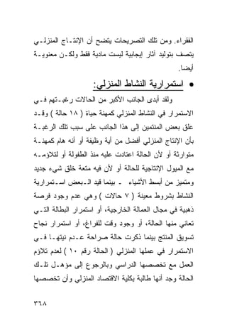 ‫ﺍﻟﻔﻘﺭﺍﺀ. ﻭﻤﻥ ﺘﻠﻙ ﺍﻟﺘﺼﺭﻴﺤﺎﺕ ﻴﺘﻀﺢ ﺃﻥ ﺍﻹﻨﺘـﺎﺝ ﺍﻟﻤﻨﺯﻟـﻲ‬
‫ﻴﺘﺼﻑ ﺒﺘﻭﻟﻴﺩ ﺁﺜﺎﺭ ﺇﻴﺠﺎﺒﻴﺔ ﻟﻴﺴﺕ ﻤﺎﺩﻴﺔ ﻓﻘﻁ ﻭﻟﻜـﻥ ﻤﻌﻨﻭﻴـﺔ‬
                                                  ‫ﺃﻴ ‪‬ﺎ.‬
                                                    ‫ﻀ‬
                    ‫• ﺍﺴﺘﻤﺭﺍﺭﻴﺔ ﺍﻟﻨﺸﺎﻁ ﺍﻟﻤﻨﺯﻟﻲ:‬
‫ﻭﻟﻘﺩ ﺃﺒﺩﻯ ﺍﻟﺠﺎﻨﺏ ﺍﻷﻜﺒﺭ ﻤﻥ ﺍﻟﺤﺎﻻﺕ ﺭﻏﺒـﺘﻬﻡ ﻓـﻲ‬
‫ﺍﻻﺴﺘﻤﺭﺍﺭ ﻓﻲ ﺍﻟﻨﺸﺎﻁ ﺍﻟﻤﻨﺯﻟﻲ ﻜﻤﻬﻨﺔ ﺤﻴﺎﺓ ) ٨١ ﺤﺎﻟﺔ ( ﻭﻗـﺩ‬
‫ﻋﻠﻕ ﺒﻌﺽ ﺍﻟﻤﻨﺘﻤﻴﻥ ﺇﻟﻰ ﻫﺫﺍ ﺍﻟﺠﺎﻨﺏ ﻋﻠﻰ ﺴﺒﺏ ﺘﻠﻙ ﺍﻟﺭﻏﺒـﺔ‬
‫ﺒﺄﻥ ﺍﻹﻨﺘﺎﺝ ﺍﻟﻤﻨﺯﻟﻲ ﺃﻓﻀل ﻤﻥ ﺃﻴﺔ ﻭﻅﻴﻔﺔ ﺃﻭ ﺃﻨﻪ ﻫﺎﻡ ﻜﻤﻬﻨـﺔ‬
‫ﻤﺘﻭﺍﺭﺜﺔ ﺃﻭ ﻷﻥ ﺍﻟﺤﺎﻟﺔ ﺍﻋﺘﺎﺩﺕ ﻋﻠﻴﻪ ﻤﻨﺫ ﺍﻟﻁﻔﻭﻟﺔ ﺃﻭ ﻟﺘﻼﺅﻤـﻪ‬
‫ﻤﻊ ﺍﻟﻤﻴﻭل ﺍﻹﻨﺘﺎﺠﻴﺔ ﻟﻠﺤﺎﻟﺔ ﺃﻭ ﻷﻥ ﻓﻴﻪ ﻤﺘﻌﺔ ﺨﻠﻕ ﺸﻲﺀ ﺠﺩﻴﺩ‬
‫ﻭﻤﺘﻤﻴﺯ ﻤﻥ ﺃﺒﺴﻁ ﺍﻷﺸﻴﺎﺀ ـ ﺒﻴﻨﻤﺎ ﻗﻴﺩ ﺍﻟـﺒﻌﺽ ﺍﺴـﺘﻤﺭﺍﺭﻴﺔ‬
‫ﺍﻟﻨﺸﺎﻁ ﺒﺸﺭﻭﻁ ﻤﻌﻴﻨﺔ ) ٧ ﺤﺎﻻﺕ ( ﻭﻫﻲ ﻋﺩﻡ ﻭﺠﻭﺩ ﻓﺭﺼﺔ‬
‫ﺫﻫﺒﻴﺔ ﻓﻲ ﻤﺠﺎل ﺍﻟﻌﻤﺎﻟﺔ ﺍﻟﺨﺎﺭﺠﻴﺔ، ﺃﻭ ﺍﺴﺘﻤﺭﺍﺭ ﺍﻟﺒﻁﺎﻟﺔ ﺍﻟﺘـﻲ‬
‫ﺘﻌﺎﻨﻲ ﻤﻨﻬﺎ ﺍﻟﺤﺎﻟﺔ، ﺃﻭ ﻭﺠﻭﺩ ﻭﻗﺕ ﻟﻠﻔﺭﺍﻍ، ﺃﻭ ﺍﺴﺘﻤﺭﺍﺭ ﻨﺠﺎﺡ‬
‫ﺘﺴﻭﻴﻕ ﺍﻟﻤﻨﺘﺞ ﺒﻴﻨﻤﺎ ﺫﻜﺭﺕ ﺤﺎﻟﺔ ﺼﺭﺍﺤﺔ ﻋـﺩﻡ ﻨﻴﺘﻬـﺎ ﻓـﻲ‬
‫ﺍﻻﺴﺘﻤﺭﺍﺭ ﻓﻲ ﻋﻤﻠﻬﺎ ﺍﻟﻤﻨﺯﻟﻲ ) ﺍﻟﺤﺎﻟﺔ ﺭﻗﻡ ٠١ ( ﻟﻌﺩﻡ ﺘﻼﺅﻡ‬
‫ﺍﻟﻌﻤل ﻤﻊ ﺘﺨﺼﺼﻬﺎ ﺍﻟﺩﺭﺍﺴﻲ ﻭﺒﺎﻟﺭﺠﻭﻉ ﺇﻟﻰ ﻤﺅﻫـل ﺘﻠـﻙ‬
‫ﺍﻟﺤﺎﻟﺔ ﻭﺠﺩ ﺃﻨﻬﺎ ﻁﺎﻟﺒﺔ ﺒﻜﻠﻴﺔ ﺍﻻﻗﺘﺼﺎﺩ ﺍﻟﻤﻨﺯﻟﻲ ﻭﺃﻥ ﺘﺨﺼﺼﻬﺎ‬


‫٨٦٣‬
 