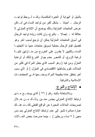 ‫ﺒﺎﻟﻤﻴل ﺃﻭ ﺍﻟﻬﻭﺍﻴﺔ ﺃﻭ ﺍﻟﺨﺒﺭﺓ ﺍﻟﻤﻜﺘﺴﺒﺔ، ﻭﻟﻘـﺩ ﻟـﻭﺤﻅ ﺘﻭﺍﺠـﺩ‬
‫ﺍﻟﺭﺠﺎل ـ ﺃﺤﻴﺎ ﹰﺎ ـ ﺒﺸﻜل ﺃﻜﺒﺭ ﻤﻥ ﺘﻭﺍﺠﺩ ﺍﻟﻨﺴﺎﺀ ﻓﻲ ﺃﻤـﺎﻜﻥ‬
                                       ‫ﻨ‬
‫ﻋﺭﺽ ﺍﻟﻤﻨﺘﺠﺎﺕ ﺍﻟﻤﻨﺯﻟﻴﺔ ﻭﺫﻟﻙ ﻴﻭﻀﺢ ﺃﻥ ﺍﻹﻨﺘﺎﺝ ﺍﻟﻤﻨﺯﻟﻲ ﻻ‬
‫ﻋﻼﻗﺔ ﻟﻪ ـ ﺇﺠﻤﺎﻻ ـ ﺒﺎﻟﻨﻭﻉ، ﻭﺇﻥ ﻜﺎﻨﺕ ﺯﻴﺎﺩﺓ ﺘﻭﺍﺠﺩ ﺍﻟﺭﺠﺎل‬
‫ﻓﻲ ﺃﺴﻭﻕ ﺍﻟﻤﻨﺘﺠﺎﺕ ﺍﻟﻤﻨﺯﻟﻴﺔ ﻴﻤﻜﻥ ﺃﻥ ﺘﺭﺠﻊ ﻟﺴﺒﺏ ﺁﺨﺭ ﻭﻫﻭ‬
‫ﺘﻔﻀﻴل ﻗﻴﺎﻡ ﺍﻟﺭﺠﺎل ﺒﻌﻤﻠﻴﺔ ﺘﺴﻭﻴﻕ ﻤﻨﺘﺠﺎﺕ ﻤﻨﻬﺎ ﻤﺎ ﺃﻨﺘﺠﺘﻬـﺎ‬
‫ﺍﻟﻨﺴﺎﺀ ﻭﻟﻜﻨﻬﻥ ﻻ ﻴﻘﺩﺭﻥ ﻋﻠﻰ ﺍﻟﺨﺭﻭﺝ ﻤﻥ ﻤﻨـﺎﺯﻟﻬﻥ ﺘﻠﺒﻴـﺔ‬
‫ﻟﺭﻏﺒﺔ ﺍﻟﺯﻭﺝ، ﺃﻭ ﻟﻠﺸﻌﻭﺭ ﺒﻌﺩﻡ ﺠﻭﺍﺯ ﺍﻟﺸﺭﻉ ﻟﺫﻟﻙ ﺃﻭ ﻟﺭﻋﺎﻴﺔ‬
‫ﺍﻟﻤﻨﺯل ﻭﻤﻥ ﻓﻴﻪ ) ﻭﻫﻭ ﺍﻟﺴﺒﺏ ﺍﻟﺫﻱ ﺠﻌل ﺍﻟﻤﺭﺃﺓ ﻓﻲ ﻜﺜﻴﺭ ﻤﻥ‬
‫ﺍﻟﺤﺎﻻﺕ ﺘﻘﻭﻡ ﺒﻨﺸﺎﻁﻬﺎ ﺍﻻﻗﺘﺼﺎﺩﻱ ﻓﻲ ﺍﻟﻤﻨﺯل ( ﺃﻭ ﻷﻱ ﺴﺒﺏ‬
‫ﺁﺨﺭ ﻴﺘﻌﻠﻕ ﻋﺎﺩﺓ ﺒﻁﺒﻴﻌﺔ ﺍﻟﻤﺭﺃﺓ ﻭﻭﻀـﻌﻬﺎ ﻓـﻲ ﺍﻟﻤﺠﺘﻤﻌـﺎﺕ‬
                                     ‫ﺍﻹﺴﻼﻤﻴﺔ ﻭﺍﻟﺸﺭﻗﻴﺔ.‬

                                  ‫• ﺍﻹﻨﺘﺎﺝ ﻭﺍﻟﻨﻭﻉ:‬
‫ﻭﺒﺎﻻﺴﺘﻌﺎﻨﺔ ﺒﺎﻟﺒﻨﺩ ﺭﻗﻡ ) ٦٢ ( ﺍﻟﺫﻱ ﻴﻭﻀـﺢ ﻤـﺩﻯ‬
‫ﺍﺭﺘﺒﺎﻁ ﺍﻹﻨﺘﺎﺝ ﺍﻟﻤﻨﺯﻟﻲ ﺒﺠﻨﺱ ﻤﻌـﻴﻥ ﻭﺫﻟـﻙ ﻤـﻥ ﺨـﻼل‬
‫ﺘﺼﺭﻴﺤﺎﺕ ﺍﻟﺤﺎﻻﺕ ﺍﻟﻤﻌﺒﺭﺓ ﻋﻥ ﺍﻟﻭﺍﻗﻊ ﺍﻟﻔﻌﻠﻲ ﻜﺎﻨـﺕ ﻫﻨـﺎﻙ‬
‫ﻋﺒﺎﺭﺓ ﻤﺒﺎﺸﺭﺓ ﺘﺸﻴﺭ ﺇﻟﻰ ﻋﺩﻡ ﺍﺭﺘﺒﺎﻁ ﺍﻹﻨﺘﺎﺝ ﺍﻟﻤﻨﺯﻟﻲ ﺒﺠـﻨﺱ‬
‫ﻤﻌﻴﻥ ) ٧ ﻨﺴﺎﺀ ﻭﺭﺠﻠﻴﻥ ( ـ ﺒﻴﻨﻤﺎ ﺼﺭﺤﺕ ﺒﻌﺽ ﺍﻟﺤـﺎﻻﺕ‬


‫٠٧٣‬
 