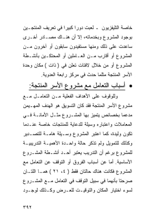 ‫ﺨﺎﺼﺔ ﺍﻟﺘﻠﻴﻔﺯﻴﻭﻥ ـ ﻟﻌﺒﺕ ﺩﻭ ‪‬ﺍ ﻜﺒﻴ ‪‬ﺍ ﻓﻲ ﺘﻌﺭﻴﻑ ﺍﻟﻤﻨﺘﺠـﻴﻥ‬
                    ‫ﺭ ﺭ‬
‫ﺒﻭﺠﻭﺩ ﺍﻟﻤﺸﺭﻭﻉ ﻭﺒﺨﺩﻤﺎﺘﻪ، ﺇﻻ ﺃﻥ ﻫﻨـﺎﻙ ﻤﺼـﺎﺩﺭ ﺃﺨـﺭﻯ‬
‫ﺴﺎﻋﺩﺕ ﻋﻠﻰ ﺫﻟﻙ ﻭﻤﻨﻬﺎ ﻤﺴﺘﻔﻴﺩﻭﻥ ﺴﺎﺒﻘﻭﻥ ﺃﻭ ﺁﺨﺭﻭﻥ ﻤـﻥ‬
‫ﺍﻟﻤﺸﺭﻭﻉ ﺃﻭ ﺃﻗﺎﺭﺏ ﻤـﻥ ﺍﻟﻌـﺎﻤﻠﻴﻥ ﺃﻭ ﺍﻟﻤﺤﺘﻜـﻴﻥ ﺒﺄﻨﺸـﻁﺔ‬
‫ﺍﻟﻤﺸﺭﻭﻉ ﺃﻭ ﻤﻥ ﺨﻼل ﻻﻓﺘﺎﺕ ﺘﻌﻠﻥ ﻓﻲ ) ﺫﺍﺕ ( ﻤﻜﺎﻥ ﻭﺤﺩﺓ‬
        ‫ﺍﻷﺴﺭ ﺍﻟﻤﻨﺘﺠﺔ ﻤﺜﻠﻤﺎ ﺤﺩﺙ ﻓﻲ ﻤﺭﻜﺯ ﺭﺍﺒﻌﺔ ﺍﻟﻌﺩﻭﻴﺔ.‬

  ‫• ﺃﺴﺒﺎﺏ ﺍﻟﺘﻌﺎﻤل ﻤﻊ ﻤﺸﺭﻭﻉ ﺍﻷﺴﺭ ﺍﻟﻤﻨﺘﺠﺔ:‬
‫ﻭﻟﻠﻭﻗﻭﻑ ﻋﻠﻰ ﺍﻷﻫﺩﺍﻑ ﺍﻟﻔﻌﻠﻴﺔ ﻤـﻥ ﺍﻟﺘﻌﺎﻤـل ﻤـﻊ‬
‫ﻤﺸﺭﻭﻉ ﺍﻷﺴﺭ ﺍﻟﻤﻨﺘﺠﺔ ﻓﻘﺩ ﻜﺎﻥ ﺍﻟﺘﺴﻭﻴﻕ ﻫﻭ ﺍﻟﻬﺩﻑ ﺍﻟﻤﻬـﻴﻤﻥ‬
‫ﻤﺩﻋ ‪‬ﺎ ﺒﺨﺼﺎﺌﺹ ﻴﺘﻤﻴﺯ ﺒﻬﺎ ﺍﻟﻤﺸـﺭﻭﻉ ﻤﺜـل ﺍﻷﻤﺎﻨـﺔ ﻓـﻲ‬
                                            ‫ﻤ‬
‫ﺍﻟﻤﻌﺎﻤﻼﺕ ﻭﺍﻋﺘﺒﺎﺭﻩ ﻭﺴﻴﻠﺔ ﻟﻠﺩﻋﺎﻴﺔ ﻟﻠﻤﻨﺘﺠﺎﺕ ﺨﺎﺼﺔ ﻋﻨـﺩﻤﺎ‬
‫ﺘﻜﻭﻥ ﻭﻟﻴﺩﺓ، ﻜﻤﺎ ﺍﻋﺘﺒﺭ ﺍﻟﻤﺸﺭﻭﻉ ﻭﺴـﻴﻠﺔ ﻫﺎﻤـﺔ ﻟﻠﺘﺼـﺩﻴﺭ‬
‫ﻭﻜﺫﻟﻙ ﻟﻠﺘﻤﻭﻴل ﻭﻟﻡ ﺘﺫﻜﺭ ﺤﺎﻟﺔ ﻭﺍﺤـﺩﺓ ﺍﻷﻫﻤﻴـﺔ ﺍﻟﺘﺩﺭﻴﺒﻴـﺔ‬
‫ﻟﻠﻤﺸﺭﻭﻉ ﺒﺭﻏﻡ ﺃﻥ ﺍﻟﺘﺩﺭﻴﺏ ﻴﻌﺘﺒﺭ ﺃﺤـﺩ ﺃﻨﺸـﻁﺔ ﺍﻟﻤﺸـﺭﻭﻉ‬
‫ﺍﻷﺴﺎﺴﻴﺔ. ﺃﻤﺎ ﻋﻥ ﺃﺴﺒﺎﺏ ﺍﻟﻔﺭﻭﻕ ﺃﻭ ﺍﻟﺘﻭﻗﻑ ﻋﻥ ﺍﻟﺘﻌﺎﻤل ﻤﻊ‬
‫ﺍﻟﻤﺸﺭﻭﻉ ﻓﻜﺎﻨﺕ ﻫﻨﺎﻙ ﺤﺎﻟﺘﺎﻥ ﻓﻘﻁ ) ٤، ١٢ ( ﻫﻤـﺎ ﺍﻟﻠﺘـﺎﻥ‬
‫ﺼﺭﺤﺘﺎ ﺒﺄﻨﻬﻤﺎ ﻓﻲ ﺴﺒﻴل ﺍﻟﺘﻭﻗﻑ ﻓﻲ ﺍﻟﺘﻌﺎﻤل ﻤـﻊ ﺍﻟﻤﺸـﺭﻭﻉ‬
‫ﻟﺴﻭﺀ ﺍﺨﺘﻴﺎﺭ ﺍﻟﻤﻜﺎﻥ ﻭﺍﻟﺘﻭﻗﻴـﺕ ﻟﻠﻌـﺭﺽ ﻭﻜـﺫﻟﻙ ﻟﻭﺠـﻭﺩ‬


‫٢٩٣‬
 