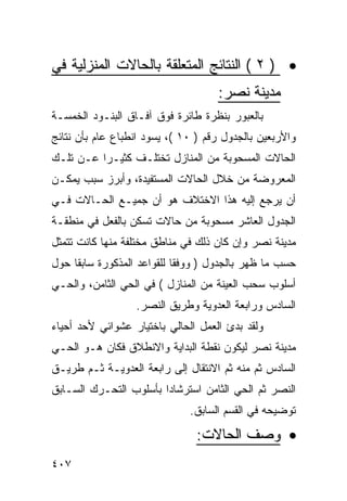 ‫• ) ٢ ( ﺍﻟﻨﺘﺎﺌﺞ ﺍﻟﻤﺘﻌﻠﻘﺔ ﺒﺎﻟﺤﺎﻻﺕ ﺍﻟﻤﻨﺯﻟﻴﺔ ﻓﻲ‬
                                    ‫ﻤﺩﻴﻨﺔ ﻨﺼﺭ:‬
‫ﺒﺎﻟﻌﺒﻭﺭ ﺒﻨﻅﺭﺓ ﻁﺎﺌﺭﺓ ﻓﻭﻕ ﺁﻓـﺎﻕ ﺍﻟﺒﻨـﻭﺩ ﺍﻟﺨﻤﺴـﺔ‬
‫ﻭﺍﻷﺭﺒﻌﻴﻥ ﺒﺎﻟﺠﺩﻭل ﺭﻗﻡ ) ٠١ (، ﻴﺴﻭﺩ ﺍﻨﻁﺒﺎﻉ ﻋﺎﻡ ﺒﺄﻥ ﻨﺘﺎﺌﺞ‬
‫ﺍﻟﺤﺎﻻﺕ ﺍﻟﻤﺴﺤﻭﺒﺔ ﻤﻥ ﺍﻟﻤﻨﺎﺯل ﺘﺨﺘﻠـﻑ ﻜﺜﻴـ ‪‬ﺍ ﻋـﻥ ﺘﻠـﻙ‬
          ‫ﺭ‬
‫ﺍﻟﻤﻌﺭﻭﻀﺔ ﻤﻥ ﺨﻼل ﺍﻟﺤﺎﻻﺕ ﺍﻟﻤﺴﺘﻔﻴﺩﺓ، ﻭﺃﺒﺭﺯ ﺴﺒﺏ ﻴﻤﻜـﻥ‬
‫ﺃﻥ ﻴﺭﺠﻊ ﺇﻟﻴﻪ ﻫﺫﺍ ﺍﻻﺨﺘﻼﻑ ﻫﻭ ﺃﻥ ﺠﻤﻴـﻊ ﺍﻟﺤـﺎﻻﺕ ﻓـﻲ‬
‫ﺍﻟﺠﺩﻭل ﺍﻟﻌﺎﺸﺭ ﻤﺴﺤﻭﺒﺔ ﻤﻥ ﺤﺎﻻﺕ ﺘﺴﻜﻥ ﺒﺎﻟﻔﻌل ﻓﻲ ﻤﻨﻁﻘـﺔ‬
‫ﻤﺩﻴﻨﺔ ﻨﺼﺭ ﻭﺇﻥ ﻜﺎﻥ ﺫﻟﻙ ﻓﻲ ﻤﻨﺎﻁﻕ ﻤﺨﺘﻠﻔﺔ ﻤﻨﻬﺎ ﻜﺎﻨﺕ ﺘﺘﻤﺜل‬
‫ﺤﺴﺏ ﻤﺎ ﻅﻬﺭ ﺒﺎﻟﺠﺩﻭل ) ﻭﻭﻓﻘﺎ ﻟﻠﻘﻭﺍﻋﺩ ﺍﻟﻤﺫﻜﻭﺭﺓ ﺴﺎﺒﻘﺎ ﺤﻭل‬
‫ﺃﺴﻠﻭﺏ ﺴﺤﺏ ﺍﻟﻌﻴﻨﺔ ﻤﻥ ﺍﻟﻤﻨﺎﺯل ( ﻓﻲ ﺍﻟﺤﻲ ﺍﻟﺜﺎﻤﻥ، ﻭﺍﻟﺤـﻲ‬
                  ‫ﺍﻟﺴﺎﺩﺱ ﻭﺭﺍﺒﻌﺔ ﺍﻟﻌﺩﻭﻴﺔ ﻭﻁﺭﻴﻕ ﺍﻟﻨﺼﺭ.‬
‫ﻭﻟﻘﺩ ﺒﺩﺉ ﺍﻟﻌﻤل ﺍﻟﺤﺎﻟﻲ ﺒﺎﺨﺘﻴﺎﺭ ﻋﺸﻭﺍﺌﻲ ﻷﺤﺩ ﺃﺤﻴﺎﺀ‬
‫ﻤﺩﻴﻨﺔ ﻨﺼﺭ ﻟﻴﻜﻭﻥ ﻨﻘﻁﺔ ﺍﻟﺒﺩﺍﻴﺔ ﻭﺍﻻﻨﻁﻼﻕ ﻓﻜﺎﻥ ﻫـﻭ ﺍﻟﺤـﻲ‬
‫ﺍﻟﺴﺎﺩﺱ ﺜﻡ ﻤﻨﻪ ﺜﻡ ﺍﻻﻨﺘﻘﺎل ﺇﻟﻰ ﺭﺍﺒﻌﺔ ﺍﻟﻌﺩﻭﻴـﺔ ﺜـﻡ ﻁﺭﻴـﻕ‬
‫ﺍﻟﻨﺼﺭ ﺜﻡ ﺍﻟﺤﻲ ﺍﻟﺜﺎﻤﻥ ﺍﺴﺘﺭﺸﺎ ‪‬ﺍ ﺒﺄﺴﻠﻭﺏ ﺍﻟﺘﺤـﺭﻙ ﺍﻟﺴـﺎﺒﻕ‬
                        ‫ﺩ‬
                              ‫ﺘﻭﻀﻴﺤﻪ ﻓﻲ ﺍﻟﻘﺴﻡ ﺍﻟﺴﺎﺒﻕ.‬

                                ‫• ﻭﺼﻑ ﺍﻟﺤﺎﻻﺕ:‬
‫٧٠٤‬
 