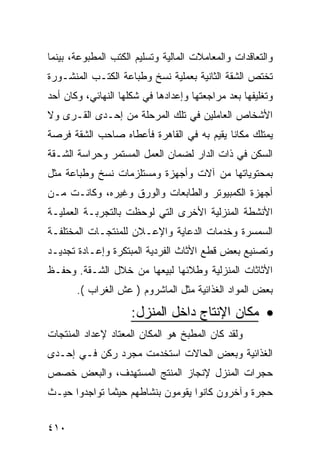 ‫ﻭﺍﻟﺘﻌﺎﻗﺩﺍﺕ ﻭﺍﻟﻤﻌﺎﻤﻼﺕ ﺍﻟﻤﺎﻟﻴﺔ ﻭﺘﺴﻠﻴﻡ ﺍﻟﻜﺘﺏ ﺍﻟﻤﻁﺒﻭﻋﺔ، ﺒﻴﻨﻤﺎ‬
‫ﺘﺨﺘﺹ ﺍﻟﺸﻘﺔ ﺍﻟﺜﺎﻨﻴﺔ ﺒﻌﻤﻠﻴﺔ ﻨﺴﺦ ﻭﻁﺒﺎﻋﺔ ﺍﻟﻜﺘـﺏ ﺍﻟﻤﻨﺸـﻭﺭﺓ‬
‫ﻭﺘﻐﻠﻴﻔﻬﺎ ﺒﻌﺩ ﻤﺭﺍﺠﻌﺘﻬﺎ ﻭﺇﻋﺩﺍﺩﻫﺎ ﻓﻲ ﺸﻜﻠﻬﺎ ﺍﻟﻨﻬﺎﺌﻲ، ﻭﻜﺎﻥ ﺃﺤﺩ‬
‫ﺍﻷﺸﺨﺎﺹ ﺍﻟﻌﺎﻤﻠﻴﻥ ﻓﻲ ﺘﻠﻙ ﺍﻟﻤﺭﺤﻠﺔ ﻤﻥ ﺇﺤـﺩﻯ ﺍﻟﻘـﺭﻯ ﻭﻻ‬
‫ﻴﻤﺘﻠﻙ ﻤﻜﺎ ﹰﺎ ﻴﻘﻴﻡ ﺒﻪ ﻓﻲ ﺍﻟﻘﺎﻫﺭﺓ ﻓﺄﻋﻁﺎﻩ ﺼﺎﺤﺏ ﺍﻟﺸﻘﺔ ﻓﺭﺼﺔ‬
                                           ‫ﻨ‬
‫ﺍﻟﺴﻜﻥ ﻓﻲ ﺫﺍﺕ ﺍﻟﺩﺍﺭ ﻟﻀﻤﺎﻥ ﺍﻟﻌﻤل ﺍﻟﻤﺴﺘﻤﺭ ﻭﺤﺭﺍﺴﺔ ﺍﻟﺸـﻘﺔ‬
‫ﺒﻤﺤﺘﻭﻴﺎﺘﻬﺎ ﻤﻥ ﺁﻻﺕ ﻭﺃﺠﻬﺯﺓ ﻭﻤﺴﺘﻠﺯﻤﺎﺕ ﻨﺴﺦ ﻭﻁﺒﺎﻋﺔ ﻤﺜل‬
‫ﺃﺠﻬﺯﺓ ﺍﻟﻜﻤﺒﻴﻭﺘﺭ ﻭﺍﻟﻁﺎﺒﻌﺎﺕ ﻭﺍﻟﻭﺭﻕ ﻭﻏﻴﺭﻩ، ﻭﻜﺎﻨـﺕ ﻤـﻥ‬
‫ﺍﻷﻨﺸﻁﺔ ﺍﻟﻤﻨﺯﻟﻴﺔ ﺍﻷﺨﺭﻯ ﺍﻟﺘﻲ ﻟﻭﺤﻅﺕ ﺒﺎﻟﺘﺠﺭﺒـﺔ ﺍﻟﻌﻤﻠﻴـﺔ‬
‫ﺍﻟﺴﻤﺴﺭﺓ ﻭﺨﺩﻤﺎﺕ ﺍﻟﺩﻋﺎﻴﺔ ﻭﺍﻹﻋـﻼﻥ ﻟﻠﻤﻨﺘﺠـﺎﺕ ﺍﻟﻤﺨﺘﻠﻔـﺔ‬
‫ﻭﺘﺼﻨﻴﻊ ﺒﻌﺽ ﻗﻁﻊ ﺍﻷﺜﺎﺙ ﺍﻟﻔﺭﺩﻴﺔ ﺍﻟﻤﺒﺘﻜﺭﺓ ﻭﺇﻋـﺎﺩﺓ ﺘﺠﺩﻴـﺩ‬
‫ﺍﻷﺜﺎﺜﺎﺕ ﺍﻟﻤﻨﺯﻟﻴﺔ ﻭﻁﻼﺌﻬﺎ ﻟﺒﻴﻌﻬﺎ ﻤﻥ ﺨﻼل ﺍﻟﺸـﻘﺔ. ﻭﺤﻔـﻅ‬
       ‫ﺒﻌﺽ ﺍﻟﻤﻭﺍﺩ ﺍﻟﻐﺫﺍﺌﻴﺔ ﻤﺜل ﺍﻟﻤﺎﺸﺭﻭﻡ ) ﻋﺵ ﺍﻟﻐﺭﺍﺏ (.‬
                     ‫• ﻤﻜﺎﻥ ﺍﻹﻨﺘﺎﺝ ﺩﺍﺨل ﺍﻟﻤﻨﺯل:‬
‫ﻭﻟﻘﺩ ﻜﺎﻥ ﺍﻟﻤﻁﺒﺦ ﻫﻭ ﺍﻟﻤﻜﺎﻥ ﺍﻟﻤﻌﺘﺎﺩ ﻹﻋﺩﺍﺩ ﺍﻟﻤﻨﺘﺠﺎﺕ‬
‫ﺍﻟﻐﺫﺍﺌﻴﺔ ﻭﺒﻌﺽ ﺍﻟﺤﺎﻻﺕ ﺍﺴﺘﺨﺩﻤﺕ ﻤﺠﺭﺩ ﺭﻜﻥ ﻓـﻲ ﺇﺤـﺩﻯ‬
‫ﺤﺠﺭﺍﺕ ﺍﻟﻤﻨﺯل ﻹﻨﺠﺎﺯ ﺍﻟﻤﻨﺘﺞ ﺍﻟﻤﺴﺘﻬﺩﻑ، ﻭﺍﻟﺒﻌﺽ ﺨﺼﺹ‬
‫ﺤﺠﺭﺓ ﻭﺁﺨﺭﻭﻥ ﻜﺎﻨﻭﺍ ﻴﻘﻭﻤﻭﻥ ﺒﻨﺸﺎﻁﻬﻡ ﺤﻴﺜﻤﺎ ﺘﻭﺍﺠﺩﻭﺍ ﺤﻴـﺙ‬


‫٠١٤‬
 