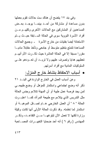 ‫ﻭﻓﻲ ﺒﻨﺩ ٧١ ﻴﺘﻀﺢ ﺃﻥ ﻫﻨﺎﻙ ﺴﺕ ﺤﺎﻻﺕ ﺘﻘﻭﻡ ﺒﻌﻤﻠﻬﺎ‬
‫ﺒﺩﻭﻥ ﻤﺴﺎﻋﺩﺓ ﺃﻭ ﻤﺸﺎﺭﻜﺔ ﻤﻥ ﺃﺤـﺩ ﺒﻴﻨﻤـﺎ ﻴﻭﺠـﺩ ﺒﻌـﺽ‬
‫ﺍﻟﻤﺴﺎﻋﺩﻴﻥ ﺃﻭ ﺍﻟﻤﺸﺎﺭﻜﻴﻥ ﻤﻊ ﺍﻟﺤﺎﻻﺕ ﺍﻷﺨﺭﻯ ﻭﻜﻠﻬـﻡ ﻤـﻥ‬
‫ﺃﻓﺭﺍﺩ ﺍﻷﺴﺭﺓ ﺍﻟﻨﻭﻭﻴﺔ ﺴﻭﻯ ﻓﻲ ﺍﻟﺤﺎﻟﺔ ﺍﻟﺴـﺎﺒﻘﺔ ﺤﻴـﺙ ﻴـﺘﻡ‬
‫ﺍﻻﺴﺘﻌﺎﻨﺔ ﺃﻴ ‪‬ﺎ ﺒﻔﺘﻴﺎﺕ ﻤﻥ ﺨﺎﺭﺝ ﺍﻷﺴﺭﺓ ـ ﻭﺠﻤﻴﻊ ﺍﻟﺤﺎﻻﺕ‬
                                     ‫ﻀ‬
‫ﺍﻟﻤﺴﺎﻋﺩﺓ ﺘﺘﻤﺘﻊ ﺒﺘﻌﻠﻴﻡ ﻤﺘﻭﺴﻁ ﺃﻭ ﺠﺎﻤﻌﻲ ﻭﺘﺄﺨﺫ ﻤﻘﺎﺒﻼ ﻤﺎﺩﻴـﺎ‬
‫ﻤﻘﺭﺭﺍ ﻤﺴﺒ ﹰﺎ ﺇﻻ ﻓﻲ ﺍﻟﺤﺎﻟﺔ ﺍﻟﻌﺎﺸﺭﺓ ﺤﻴﺙ ﺫﻜـﺭﺕ ﺍﻷﻡ ﺃﻨﻬـﻡ‬
                                          ‫ﻘ‬
‫ﺘﻌﻁﻴﻬﻡ ﻫﺩﺍﻴﺎ ﻭﺘﺼﺭﻑ ﻋﻠﻴﻬﻡ ﻭﻻ ﺘﺭﻴـﺩ ﺃﻥ ﺘﻌـﻭﺩﻫﻡ ﻋﻠـﻰ‬
                       ‫ﺍﻟﺴﻠﻭﻜﻴﺎﺕ ﺍﻟﻤﺎﺩﻴﺔ ﻤﻊ ﺃﻓﺭﺍﺩ ﺃﺴﺭﺘﻬﻡ.‬

        ‫• ﺃﺴﺒﺎﺏ ﺍﻻﺤﺘﻔﺎﻅ ﺒﻨﺸﺎﻁ ﺨﺎﺭﺝ ﺍﻟﻤﻨﺯل:‬
‫ﻭﻋﻥ ﺃﺴﺒﺎﺏ ﺍﻟﻌﻤل ﻓﻲ ﺍﻟﺨﺎﺭﺝ ﺍﻟﻭﺍﺭﺩﺓ ﻓﻲ ﺍﻟﺒﻨـﺩ ١٢‬
‫ﺫﻜﺭ ﺃﻨﻪ ﻭﻀﻊ ﺍﺠﺘﻤﺎﻋﻲ ﻭﺍﺴﺘﺜﻤﺎﺭ ﻟﻠﻤﺅﻫل ﺃﻭ ﻭﻀﻊ ﻁﺒﻴﻌـﻲ‬
‫ﻟﻤﻥ ﻴﺠﺩ ﻓﺭﺼﺔ ﻋﻤل ﻁﻴﺒﺔ ﺃﻭ ﺃﻥ ﺍﻟﻤﻬﻨﺔ ﺘﺘﻼﺀﻡ ﻭﺠﻨﺱ ﺍﻟﺤﺎﻟﺔ‬
‫ﻤﺜل ﺍﻟﺘﺩﺭﻴﺱ ﺍﻟﺫﻱ ﻴﺘﻼﺀﻡ ﻤﻊ ﻁﺒﻴﻌﺔ ﺍﻟﻤﺭﺃﺓ، ﻜﻤـﺎ ﺍﻋﺘﺒـﺭﺕ‬
‫ﺍﻟﺤﺎﻟﺔ " ٨ " ﺃﻥ ﺍﻟﻌﻤل ﺍﻟﺨﺎﺭﺠﻲ ﻫـﺎﻡ ﻟﺼـﻘل ﺍﻟﻤﻭﻫﺒـﺔ ﺃﻭ‬
‫ﺍﺴﺘﺜﻤﺎﺭ ﻟﻤﺎ ﺘﻌﻠﻤﺘﻪ. ﻭﻗﺩ ﺫﻜﺭﺕ ﺍﻟﺤﺎﻟﺔ ﺍﻷﻭﻟﻰ ﺃﻨﻬﺎ ﻜﺎﻨﺕ ﻭﻜﻴﻠﺔ‬
‫ﻭﺯﺍﺭﺓ ﻟﻜﻨﻬﺎ ﻻ ﺘﻌﻤل ﺍﻵﻥ ﻟﺒﻠﻭﻏﻬـﺎ ﺴـﻥ ﺍﻟﺘﻘﺎﻋـﺩ، ﻭﺫﻜـﺭ‬
‫ﺍﻟﻤﻬﻨﺩﺱ ) ﺭﻗﻡ ٦ ( ﺃﻨﻪ ﺃﺤﺩ ﻀﺤﺎﻴﺎ ﺍﻟﺘﻐﻴﻴـﺭﺍﺕ ﺍﻟﻤﺼـﺎﺤﺒﺔ‬


‫٣١٤‬
 