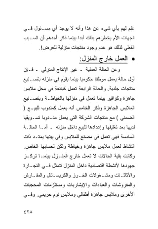 ‫ﻋﻠﻡ ﻟﻬﻡ ﺒﺄﻱ ﺸﻲﺀ ﻋﻥ ﻫﺫﺍ ﻭﺃﻨﻪ ﻻ ﻴﻭﺠﺩ ﺃﻱ ﻤﺴـﺌﻭل ﻓـﻲ‬
‫ﺍﻟﺠﻬﺎﺕ ﺍﻷﻡ ﻴﺨﻁﺭﻫﻡ ﺒﺫﻟﻙ ﺃﺒ ‪‬ﺍ ﺒﻴﻨﻤﺎ ﺫﻜﺭ ﺃﺤﺩﻫﻡ ﺃﻥ ﺍﻟﺴـﺒﺏ‬
                           ‫ﺩ‬
        ‫ﺍﻟﻔﻌﻠﻲ ﻟﺫﻟﻙ ﻫﻭ ﻋﺩﻡ ﻭﺠﻭﺩ ﻤﻨﺘﺠﺎﺕ ﻤﻨﺯﻟﻴﺔ ﻟﻠﻌﺭﺽ!.‬
                             ‫• ﺍﻟﻌﻤل ﺨﺎﺭﺝ ﺍﻟﻤﻨﺯل:‬
‫ﻭﻋﻥ ﺍﻟﺤﺎﻟﺔ ﺍﻟﻌﻤﻠﻴﺔ ـ ﻏﻴﺭ ﺍﻹﻨﺘﺎﺝ ﺍﻟﻤﻨﺯﻟﻲ ـ ﻓـﺈﻥ‬
‫ﺃﻭل ﺤﺎﻟﺔ ﻴﻌﻤل ﻤﻭﻅﻔﺎ ﺤﻜﻭﻤﻴﺎ ﺒﻴﻨﻤﺎ ﻴﻘﻭﻡ ﻓﻲ ﻤﻨﺯﻟﻪ ﺒﺘﺼـﻨﻴﻊ‬
‫ﻤﻨﺘﺠﺎﺕ ﺠﻠﺩﻴﺔ. ﻭﺍﻟﺤﺎﻟﺔ ﺍﻟﺭﺍﺒﻌﺔ ﺘﻌﻤل ﻜﺒﺎﺌﻌﺔ ﻓﻲ ﻤﺤل ﻤﻼﺒﺱ‬
‫ﺠﺎﻫﺯﺓ ﻭﻜﻭﺍﻓﻴﺭ ﺒﻴﻨﻤﺎ ﺘﻌﻤل ﻓﻲ ﻤﻨﺯﻟﻬﺎ ﺒﺎﻟﺨﻴﺎﻁـﺔ ﻭﺒﺘﺼـﻨﻴﻊ‬
‫ﺍﻟﻤﻼﺒﺱ ﺍﻟﺠﺎﻫﺯﺓ ﻭﺫﻜﺭ ﺍﻟﺨﺎﻤﺱ ﺃﻨﻪ ﻴﻌﻤل ﻜﻤﻨﺩﻭﺏ ﻟﻠﺒﻴـﻊ )‬
‫ﺍﻟﻀﻤﻨﻲ ( ﻤﻊ ﻤﻨﺘﺠﺎﺕ ﺍﻟﺸﺭﻜﺔ ﺍﻟﺘﻲ ﻴﻌﻤل ﻤﻨـﺩﻭ ‪‬ﺎ ﺘﺴـﻭﻴﻘ ‪‬ﺎ‬
 ‫ﻴ‬         ‫ﺒ‬
‫ﻟﺩﻴﻬﺎ ﺒﻌﺩ ﺘﻐﻠﻴﻔﻬﺎ ﻭﺇﻋﺩﺍﺩﻫﺎ ﻟﻠﺒﻴﻊ ﺩﺍﺨل ﻤﻨﺯﻟﻪ ـ ﺃﻤـﺎ ﺍﻟﺤﺎﻟـﺔ‬
‫ﺍﻟﺴﺎﺩﺴﺔ ﻓﻬﻲ ﺘﻌﻤل ﻓﻲ ﻤﺼﻨﻊ ﻟﻠﻤﻼﺒﺱ ﻭﻓﻲ ﺒﻴﺘﻬﺎ ﻴﻤﺘـﺩ ﺫﺍﺕ‬
‫ﺍﻟﻨﺸﺎﻁ ﻟﻌﻤل ﻤﻼﺒﺱ ﺠﺎﻫﺯﺓ ﻭﺨﻴﺎﻁﺔ ﻭﻟﻜﻥ ﻟﺤﺴﺎﺒﻬﺎ ﺍﻟﺨﺎﺹ.‬
‫ﻭﻜﺎﻨﺕ ﺒﻘﻴﺔ ﺍﻟﺤﺎﻻﺕ ﻻ ﺘﻌﻤل ﺨﺎﺭﺝ ﺍﻟﻤﻨـﺯل ﺒﻴﻨﻤـﺎ ﺘﺭﻜـﺯ‬
‫ﺠﻬﻭﺩﻫﺎ ﻷﻨﺸﻁﺔ ﺍﻗﺘﺼﺎﺩﻴﺔ ﺩﺍﺨل ﺍﻟﻤﻨﺯل ﺘﺘﻤﺜل ﻓـﻲ ﺍﻟﻨﺠـﺎﺭﺓ‬
‫ﻭﺍﻷﺜﺎﺜـﺎﺕ ﻭﻤﺸـﻐﻭﻻﺕ ﺍﻟﺨـﺭﺯ ﻭﺍﻟﻜﺭﻴﺴـﺘﺎل ﻭﺍﻟﻤﻔـﺎﺭﺵ‬
   ‫ـ‬         ‫ـ‬          ‫ـ‬        ‫ـ‬      ‫ـ‬
‫ﻭﺍﻟﻤﻔﺭﻭﺸﺎﺕ ﻭﺍﻟﻌﺒﺎﺀﺍﺕ ﻭﺍﻹﻴﺸﺎﺭﺒﺎﺕ ﻭﻤﺴﺘﻠﺯﻤﺎﺕ ﺍﻟﻤﺤﺠﺒﺎﺕ‬
‫ﺍﻷﺨﺭﻯ ﻭﻤﻼﺒﺱ ﺠﺎﻫﺯﺓ ﺃﻁﻔﺎﻟﻲ ﻭﻤﻼﺒﺱ ﻨﻭﻡ ﺤﺭﻴﻤﻲ. ﻭﻓـﻲ‬


‫٨٢٤‬
 