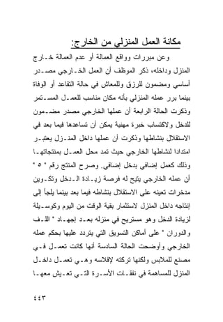 ‫ﻤﻜﺎﻨﺔ ﺍﻟﻌﻤل ﺍﻟﻤﻨﺯﻟﻲ ﻤﻥ ﺍﻟﺨﺎﺭﺝ:‬
‫ﻭﻋﻥ ﻤﺒﺭﺭﺍﺕ ﻭﻭﺍﻗﻊ ﺍﻟﻌﻤﺎﻟﺔ ﺃﻭ ﻋﺩﻡ ﺍﻟﻌﻤﺎﻟﺔ ﺨـﺎﺭﺝ‬
‫ﺍﻟﻤﻨﺯل ﻭﺩﺍﺨﻠﻪ، ﺫﻜﺭ ﺍﻟﻤﻭﻅﻑ ﺃﻥ ﺍﻟﻌﻤل ﺍﻟﺨـﺎﺭﺠﻲ ﻤﺼـﺩﺭ‬
‫ﺃﺴﺎﺴﻲ ﻭﻤﻀﻤﻭﻥ ﻟﻠﺭﺯﻕ ﻭﻟﻠﻤﻌﺎﺵ ﻓﻲ ﺤﺎﻟﺔ ﺍﻟﺘﻘﺎﻋﺩ ﺃﻭ ﺍﻟﻭﻓﺎﺓ‬
‫ﺒﻴﻨﻤﺎ ﺒﺭﺭ ﻋﻤﻠﻪ ﺍﻟﻤﻨﺯﻟﻲ ﺒﺄﻨﻪ ﻤﻜﺎﻥ ﻤﻨﺎﺴﺏ ﻟﻠﻌﻤـل ﺍﻟﻤﺴـﺘﻤﺭ‬
‫ﻭﺫﻜﺭﺕ ﺍﻟﺤﺎﻟﺔ ﺍﻟﺭﺍﺒﻌﺔ ﺃﻥ ﻋﻤﻠﻬﺎ ﺍﻟﺨﺎﺭﺠﻲ ﻤﺼﺩﺭ ﻤﻀـﻤﻭﻥ‬
‫ﻟﻠﺩﺨل ﻭﻻﻜﺘﺴﺎﺏ ﺨﺒﺭﺓ ﻤﻬﻨﻴﺔ ﻴﻤﻜﻥ ﺃﻥ ﺘﺴﺎﻋﺩﻫﺎ ﻓﻴﻤﺎ ﺒﻌﺩ ﻓﻲ‬
‫ﺍﻻﺴﺘﻘﻼل ﺒﻨﺸﺎﻁﻬﺎ ﻭﺫﻜﺭﺕ ﺃﻥ ﻋﻤﻠﻬﺎ ﺩﺍﺨل ﺍﻟﻤﻨـﺯل ﻴﻌﺘﺒـﺭ‬
‫ﺍﻤﺘﺩﺍ ‪‬ﺍ ﻟﻨﺸﺎﻁﻬﺎ ﺍﻟﺨﺎﺭﺠﻲ ﺤﻴﺙ ﺘﻤﺩ ﻤﺤل ﺍﻟﻌﻤـل ﺒﻤﻨﺘﺠﺎﺘﻬـﺎ‬
                                               ‫ﺩ‬
‫ﻭﺫﻟﻙ ﻜﻌﻤل ﺇﻀﺎﻓﻲ ﺒﺩﺨل ﺇﻀﺎﻓﻲ. ﻭﺼﺭﺡ ﺍﻟﻤﻨﺘﺞ ﺭﻗﻡ " ٥ "‬
‫ﺃﻥ ﻋﻤﻠﻪ ﺍﻟﺨﺎﺭﺠﻲ ﻴﺘﻴﺢ ﻟﻪ ﻓﺭﺼﺔ ﺯﻴـﺎﺩﺓ ﺍﻟـﺩﺨل ﻭﺘﻜـﻭﻴﻥ‬
‫ﻤﺩﺨﺭﺍﺕ ﺘﻌﻴﻨﻪ ﻋﻠﻰ ﺍﻻﺴﺘﻘﻼل ﺒﻨﺸﺎﻁﻪ ﻓﻴﻤﺎ ﺒﻌﺩ ﺒﻴﻨﻤﺎ ﻴﻠﺠﺄ ﺇﻟﻰ‬
‫ﺇﻨﺘﺎﺠﻪ ﺩﺍﺨل ﺍﻟﻤﻨﺯل ﻻﺴﺘﺜﻤﺎﺭ ﺒﻘﻴﺔ ﺍﻟﻭﻗﺕ ﻤﻥ ﺍﻟﻴﻭﻡ ﻭﻜﻭﺴـﻴﻠﺔ‬
‫ﻟﺯﻴﺎﺩﺓ ﺍﻟﺩﺨل ﻭﻫﻭ ﻤﺴﺘﺭﻴﺢ ﻓﻲ ﻤﻨﺯﻟﻪ ﺒﻌـﺩ ﺇﺠﻬـﺎﺩ " ﺍﻟﻠـﻑ‬
‫ﻭﺍﻟﺩﻭﺭﺍﻥ " ﻋﻠﻰ ﺃﻤﺎﻜﻥ ﺍﻟﺘﺴﻭﻴﻕ ﺍﻟﺘﻲ ﻴﺘﺭﺩﺩ ﻋﻠﻴﻬﺎ ﺒﺤﻜﻡ ﻋﻤﻠﻪ‬
‫ﺍﻟﺨﺎﺭﺠﻲ ﻭﺃﻭﻀﺤﺕ ﺍﻟﺤﺎﻟﺔ ﺍﻟﺴﺎﺩﺴﺔ ﺃﻨﻬﺎ ﻜﺎﻨﺕ ﺘﻌﻤـل ﻓـﻲ‬
‫ﻤﺼﻨﻊ ﻟﻠﻤﻼﺒﺱ ﻭﻟﻜﻨﻬﺎ ﺘﺭﻜﺘﻪ ﻹﻓﻼﺴﻪ ﻭﻫـﻲ ﺘﻌﻤـل ﺩﺍﺨـل‬
‫ﺍﻟﻤﻨﺯل ﻟﻠﻤﺴﺎﻫﻤﺔ ﻓﻲ ﻨﻔﻘـﺎﺕ ﺍﻷﺴـﺭﺓ ﺍﻟﺘـﻲ ﺘﻌـﻴﺵ ﻤﻌﻬـﺎ‬


‫٣٤٤‬
 