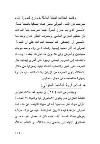 ‫ﻭﻜﺎﻨﺕ ﺍﻟﺤﺎﻻﺕ ﺍﻟﺜﻼﺜﺔ ﺍﻟﻌﺎﻤﻠﺔ ﺨـﺎﺭﺝ ﺍﻟﻤﻨـﺯل ﻗـﺩ‬
‫ﺼﺭﺤﺕ ﺒﺄﻥ ﺍﻟﻌﻤل ﺍﻟﻤﻨﺯﻟﻲ ﻴﻌﺘﺒﺭ ﻋﻤﻼ ﺇﻀﺎﻓ ‪‬ﺎ ﺒﺎﻟﻨﺴﺒﺔ ﻟﻠﻌﻤل‬
               ‫ﻴ‬      ‫ﹰ‬
‫ﺍﻷﺴﺎﺴﻲ ﺍﻟﺫﻱ ﻴﺘﻡ ﺨﺎﺭﺝ ﺍﻟﻤﻨﺯل ﺒﻴﻨﻤﺎ ﺼﺭﺤﺕ ﺒﻘﻴﺔ ﺍﻟﺤﺎﻻﺕ‬
‫ﺒﺄﻥ ﻋﻤﻠﻬﻡ ﺍﻟﻤﻨﺯﻟﻲ ﺃﺴﺎﺴﻲ. ﻭﺒﺼﺭﻑ ﺍﻟﻨﻅﺭ ﻋـﻥ ﻭﻀـﻌﻪ‬
‫ﺍﻷﺴﺎﺴﻲ ﺃﻭ ﺍﻹﻀﺎﻓﻲ، ﻓﻘﺩ ﺃﺠﻤﻌﺕ ﺍﻟﺤﺎﻻﺕ ﻋﻠﻰ ﺃﻥ ﺍﻟﻌﻤـل‬
‫ﺍﻟﻤﻨﺯﻟﻲ ﻟﻪ ﺁﺜﺎﺭ ﺩﺨﻠﻴﺔ ﺇﻴﺠﺎﺒﻴﺔ ﻭﻓﻌﺎﻟﺔ ﻓـﻲ ﺭﻓـﻊ ﻤﺴـﺘﻭﻴﺎﺕ‬
‫ﻤﻌﻴﺸﺘﻬﻥ ﻭﺃﺴﺭﻫﻥ ﻭﻓﻲ ﺘﻜـﻭﻴﻥ ﻤـﺩﺨﺭﺍﺕ ﺃﻴ ‪‬ـﺎ ﻭﺫﻟـﻙ‬
        ‫ﻀ‬
‫ﺒﺎﻹﻀﺎﻓﺔ ﺇﻟﻰ ﺘﺼﺭﻴﺢ ﺍﻟﺒﻌﺽ ﺒﻭﺠﻭﺩ ﺁﺜﺎﺭ ﺃﺨﺭﻯ ﺇﻴﺠﺎﺒﻴﺔ ﻤﺜل‬
‫ﺍﻟﺘﻌﺭﻑ ﻋﻠﻰ ﺍﻟﻐﻴﺭ ﻭﺍﻜﺘﺴﺎﺏ ﺜﻘﺎﻓﺎﺕ ﺩﻴﻨﻴﺔ ﻭﻤﻌﺭﻓﻴﺔ ﻤﻥ ﺨﻼل‬
‫ﺍﻻﺤﺘﻜﺎﻙ ﺒﺫﻭﻱ ﺍﻟﻤﻌﺭﻓﺔ ﻤﻥ ﺍﻟﺯﺒﺎﺌﻥ ﻭﻜﺫﻟﻙ ﺍﻜﺘﺴـﺎﺏ ﺨﺒـﺭﺓ‬
                     ‫ﻭﻤﻬﺎﺭﺓ ﻤﺘﺨﺼﺼﺔ ﻓﻲ ﻤﺠﺎل ﺃﻋﻤﺎﻟﻬﻡ.‬

                    ‫• ﺍﺴﺘﻤﺭﺍﺭﻴﺔ ﺍﻟﻨﺸﺎﻁ ﺍﻟﻤﻨﺯﻟﻲ:‬
‫ﻭﻴﺘﻀﺢ ﻤﻥ ﺍﻟﺒﻨﺩ ) ٥٢ ( ﺃﻥ ﺠﻤﻴﻊ ﺍﻟﺤـﺎﻻﺕ ﺘﻌﺘﺒـﺭ‬
‫ﺍﻟﻨﺸﺎﻁ ﺍﻟﻤﻨﺯﻟﻲ ﻫﺎﻡ ﻭﺘﻨﻭﻱ ﺍﻻﺴﺘﻤﺭﺍﺭ ﻓﻴﻪ ﻭﺘﻨﻤﻴﺘﻪ ﺇﻻ ﺍﻟﺤﺎﻟـﺔ‬
‫ﺍﻷﻭﻟﻰ ﺤﻴﺙ ﺫﻜﺭ ﺼﺎﺤﺒﻬﺎ ﺃﻨﻪ ﻓﻲ ﺴﺒﻴﻠﻪ ﻟﻠﺘﻭﻗﻑ ﻋﻥ ﻨﺸـﺎﻁﻪ‬
‫ﺍﻟﻤﻨﺯﻟﻲ ﻻﺭﺘﻔﺎﻉ ﻗﻴﻤﺔ ﺍﻟﺩﻴﻭﻥ ﺍﻟﻤﺘﺭﺍﻜﻤﺔ ﻋﻠﻴﻪ ﻤﻥ ﻓﻭﺍﺌﺩ ﻤﺭﻜﺒﺔ‬
‫ﻭﻗﺭﺽ ﻗﻴﻤﺘﻪ ﺨﻤﺴﺔ ﺁﻻﻑ ﺠﻨﻴﻪ ﻜﺎﻥ ﻗﺩ ﺤﺼل ﻋﻠﻴـﻪ ﻤـﻥ‬
‫ﺍﻟﺼﻨﺩﻭﻕ ﺍﻻﺠﺘﻤﺎﻋﻲ ﺒﻀﻤﺎﻥ ﻭﺤـﺩﺓ ﺍﻷﺴـﺭ ﺍﻟﻤﻨﺘﺠـﺔ ﺍﻷﻡ‬


‫٥٤٤‬
 