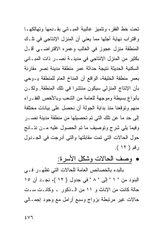 ‫ﺘﺤﺕ ﺨﻁ ﺍﻟﻔﻘﺭ، ﻭﺘﺘﻤﻴﺯ ﻏﺎﻟﺒﻴﺔ ﺍﻟﻤﺒـﺎﻨﻲ ﺒﻘـﺩﻤﻬﺎ ﻭﺘﻬﺎﻟﻜﻬـﺎ‬
‫ﻭﺍﻗﺘﺭﺍﺏ ﻨﻬﺎﻴﺔ ﺃﺠﻠﻬﺎ ﻤﻤﺎ ﻴﻌﻨﻲ ﺃﻥ ﺍﻟﻤﻨﺯل ﺍﻹﻨﺘﺎﺠﻲ ﻓﻲ ﺘﻠـﻙ‬
‫ﺍﻟﻤﻨﻁﻘﺔ ﻤﻨﺯل ﻋﺠﻭﺯ ﻓﻲ ﺍﻟﻐﺎﻟﺏ ﻭﻋﻤﺭﻩ ﺍﻻﻗﺘﺭﺍﻀـﻲ ﺃﻗـل‬
‫ﺒﻜﺜﻴﺭ ﻤﻥ ﺍﻟﻤﻨﺯل ﺍﻹﻨﺘﺎﺠﻲ ﻓﻲ ﻤﺩﻴﻨـﺔ ﻨﺼـﺭ ﺫﺍﺕ ﺍﻟﻤﺒـﺎﻨﻲ‬
‫ﺍﻟﺴﻜﻨﻴﺔ ﺍﻟﺤﺩﻴﺜﺔ ﻨﺘﻴﺠﺔ ﺤﺩﺍﺜﺔ ﻋﻤﺭ ﻤﻨﻁﻘﺔ ﻤﺩﻴﻨﺔ ﻨﺼﺭ ﻤﻘﺎﺭﻨﺔ‬
‫ﺒﻌﻤﺭ ﻤﻨﻁﻘﺔ ﺍﻟﺨﻠﻴﻔﺔ، ﺍﻟﻭﺍﻗﻊ ﺃﻥ ﺍﻟﻤﻨﺎﺥ ﺍﻟﻌﺎﻡ ﻟﻠﻤﻨﻁﻘﺔ ﻴـﻭﺤﻲ‬
‫ﺒﺄﻥ ﺍﻹﻨﺘﺎﺝ ﺍﻟﻤﻨﺯﻟﻲ ﺴﻴﻜﻭﻥ ﻤﻨﺘﺸ ‪‬ﺍ ﻓﻲ ﺘﻠﻙ ﺍﻟﻤﻨﻁﻘﺔ. ﻭﻟﻜـﻥ‬
                       ‫ﺭ‬
‫ﺒﺄﻨﻭﺍﻉ ﺒﺴﻴﻁﺔ ﻭﻤﻭﺠﻬﺔ ﻟﻠﻌﺎﻤﺔ ﻤﻥ ﺍﻟﺸﻌﺏ ﻭﺒﺎﻷﺨﺹ ﺍﻟﻔﻘـﺭﺍﺀ‬
‫ﻤﻨﻬﻡ ﻭﺘﻭﻗﻌﻨﺎ ﻤﻨﺫ ﺒﺩﺍﻴﺔ ﺍﻟﺠﻭﻟﺔ ﺃﻥ ﻨﺤﺼل ﻋﻠﻰ ﺒﻴﺎﻨﺎﺕ ﻤﺨﺘﻠﻔﺔ‬
‫ﺇﻟﻰ ﺤﺩ ﻤﺎ ﻋﻥ ﺘﻠﻙ ﺍﻟﺘﻲ ﺘﻡ ﺘﺤﺼﻴﻠﻬﺎ ﻤﻥ ﻤﻨﻁﻘﺔ ﻤﺩﻴﻨﺔ ﻨﺼـﺭ‬
‫ﻭﻓﻴﻤﺎ ﻴﻠﻲ ﺸﺭﺡ ﻭﺘﻭﺼﻴﻑ ﻤﺎ ﺘﻡ ﺍﻟﺤﺼﻭل ﻋﻠﻴﻪ ﻤـﻥ ﻨﺘـﺎﺌﺞ‬
‫ﺤﻭل ﺍﻟﺤﺎﻻﺕ ﺍﻟﺘﻲ ﺘﻤﺕ ﻤﻘﺎﺒﻠﺘﻬﺎ ﻭﺍﻟﺘﻲ ﺃﺩﺭﺠﺕ ﻓﻲ ﺍﻟﺠـﺩﻭل‬
                                            ‫ﺭﻗﻡ ) ٢١ (.‬
                ‫• ﻭﺼﻑ ﺍﻟﺤﺎﻻﺕ ﻭﺸﻜل ﺍﻷﺴﺭﺓ:‬
‫ﺒﺎﻟﺒﺩﺀ ﺒﺎﻟﺨﺼﺎﺌﺹ ﺍﻟﻌﺎﻤﺔ ﻟﻠﺤﺎﻻﺕ ﺍﻟﺘﻲ ﺘﻅﻬـﺭ ﻓـﻲ‬
‫ﺍﻟﺒﻨﻭﺩ ﻤﻥ " ١ " ﺇﻟﻰ " ٨ " ﻓﻲ ﺠﺩﻭل ) ٢١ (، ﻨﺠـﺩ ﺃﻥ ٥١‬
‫ﺤﺎﻟﺔ ﻜﺎﻨﺕ ﻤﻥ ﺍﻹﻨﺎﺙ ﻭ ١١ ﻤﻥ ﺍﻟـﺫﻜﻭﺭ ـ ﻭﻜﺎﻨـﺕ ﺴـﺕ‬
‫ﺤﺎﻻﺕ ﻏﻴﺭ ﻤﺭﺘﺒﻁﺔ ﺒﺯﻭﺍﺝ ﻭﺴﺒﻊ ﺃﺭﺍﻤل ﻤﻊ ﻭﺠﻭﺩ ﺇﺠﻤـﺎﻟﻲ‬


‫٦٧٤‬
 