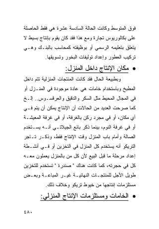 ‫ﻓﻭﻕ ﺍﻟﻤﺘﻭﺴﻁ ﻭﻜﺎﻨﺕ ﺍﻟﺤﺎﻟﺔ ﺍﻟﺴﺎﺩﺴﺔ ﻋﺸﺭﺓ ﻫﻲ ﻓﻘﻁ ﺍﻟﺤﺎﺼﻠﺔ‬
‫ﻋﻠﻰ ﺒﻜﺎﻟﻭﺭﻴﻭﺱ ﺘﺠﺎﺭﺓ ﻭﻤﻊ ﻫﺫﺍ ﻓﻘﺩ ﻜﺎﻥ ﻴﻘﻭﻡ ﺒﺈﻨﺘﺎﺝ ﺒﺴﻴﻁ ﻻ‬
‫ﻴﺘﻌﻠﻕ ﺒﺘﻌﻠﻴﻤﻪ ﺍﻟﺭﺴﻤﻲ ﺃﻭ ﺒﻭﻅﻴﻔﺘﻪ ﻜﻤﺤﺎﺴﺏ ﺒﺎﻟﺒﻨـﻙ ﻭﻫـﻲ‬
          ‫ﺘﺭﻜﻴﺏ ﺍﻟﻌﻁﻭﺭ ﻭﺇﻋﺩﺍﺩ ﺘﻭﻟﻴﻔﺎﺕ ﺍﻟﺒﺨﻭﺭ ﻭﺘﺴﻭﻴﻘﻬﺎ.‬

                    ‫• ﻤﻜﺎﻥ ﺍﻹﻨﺘﺎﺝ ﺩﺍﺨل ﺍﻟﻤﻨﺯل:‬
‫ﻭﺒﻁﺒﻴﻌﺔ ﺍﻟﺤﺎل ﻓﻘﺩ ﻜﺎﻨﺕ ﺍﻟﻤﻨﺘﺠﺎﺕ ﺍﻟﻤﻨﺯﻟﻴﺔ ﺘﺘﻡ ﺩﺍﺨل‬
‫ﺍﻟﻤﻁﺒﺦ ﻭﺒﺎﺴﺘﺨﺩﺍﻡ ﺨﺎﻤﺎﺕ ﻫﻲ ﻋﺎﺩﺓ ﻤﻭﺠﻭﺩﺓ ﻓﻲ ﺍﻟﻤﻨـﺯل ﺃﻭ‬
‫ﻓﻲ ﺍﻟﻤﺠﺎل ﺍﻟﻤﺤﻴﻁ ﻤﺜل ﺍﻟﺴﻜﺭ ﻭﺍﻟﺩﻗﻴﻕ ﻭﺍﻟﻌﺭﻗﺴـﻭﺱ.. ﺇﻟـﺦ‬
‫ﻜﻤﺎ ﺼﺭﺤﺕ ﺍﻟﻌﺩﻴﺩ ﻤﻥ ﺍﻟﺤﺎﻻﺕ ﺃﻥ ﺍﻹﻨﺘﺎﺝ ﻴﻤﻜﻥ ﺃﻥ ﻴﺘﻡ ﻓـﻲ‬
‫ﺃﻱ ﻤﻜﺎﻥ، ﺃﻭ ﻓﻲ ﻤﺠﺭﺩ ﺭﻜﻥ ﺒﺎﻟﻐﺭﻓﺔ، ﺃﻭ ﻓﻲ ﻏﺭﻓﺔ ﺍﻟﻤﻌﻴﺸـﺔ‬
‫ﺃﻭ ﻓﻲ ﻏﺭﻓﺔ ﺍﻟﻨﻭﻡ، ﺒﻴﻨﻤﺎ ﺫﻜﺭ ﺒﺎﺌﻊ ﺍﻟﺠﻴﻼﺘـﻲ ﺃﻨـﻪ ﻴﺴـﺘﺨﺩﻡ‬
‫ﺍﻟﺼﺎﻟﺔ ﻭﺃﻤﺎﻡ ﺒﺎﺏ ﺍﻟﻤﻨﺯل ﻭﻗﺕ ﺍﻹﻨﺘﺎﺝ ﻓﻘﻁ، ﻭﺫﻜـﺭ ﺘـﺎﺠﺭ‬
‫ﺍﻟﺘﺭﻴﻜﻭ ﺃﻨﻪ ﻴﺴﺘﺨﺩﻡ ﻜل ﺍﻟﻤﻨﺯل ﻓﻲ ﺍﻟﺘﺨﺯﻴﻥ ﺃﻭ ﻓـﻲ ﺃﻨﺸـﻁﺔ‬
‫ﺇﻋﺩﺍﺩ ﻤﺭﺤﻠﺔ ﻤﺎ ﻗﺒل ﺍﻟﺒﻴﻊ ﻷﻥ ﻜل ﻤﻥ ﺒﺎﻟﻤﻨﺯل ﻴﻌﻤﻠﻭﻥ ﻤﻌـﻪ‬
‫ﻜل ﻓﻲ ﺤﺠﺭﺘﻪ، ﻜﻤﺎ ﻜﺎﻨﺕ ﻫﻨﺎﻙ " ﺼﻨﺩﺭﺓ " ﺘﺴﺘﺨﺩﻡ ﻟﻠﺘﺨﺯﻴﻥ‬
‫ﻁﻭﻴل ﺍﻷﺠل ﻟﻠﻤﻨﺘﺠـﺎﺕ ﺍﻟﻨﻬﺎﺌﻴـﺔ ﻏﻴـﺭ ﺍﻟﻤﺒﺎﻋـﺔ ﻭﺒﻌـﺽ‬
           ‫ﻤﺴﺘﻠﺯﻤﺎﺕ ﺇﻨﺘﺎﺠﻬﺎ ﻤﻥ ﺨﻴﻭﻁ ﺘﺭﻴﻜﻭ ﻭﺨﻼﻑ ﺫﻟﻙ.‬

        ‫• ﺍﻟﺨﺎﻤﺎﺕ ﻭﻤﺴﺘﻠﺯﻤﺎﺕ ﺍﻹﻨﺘﺎﺝ ﺍﻟﻤﻨﺯﻟﻲ:‬

‫٠٨٤‬
 