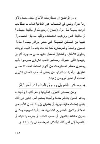 ‫ﻭﻤﻥ ﺍﻟﻭﺍﻀﺢ ﺃﻥ ﻤﺴﺘﻠﺯﻤﺎﺕ ﺍﻹﻨﺘﺎﺝ ﺃﺸﻴﺎﺀ ﻤﻌﺘﺎﺩﺓ ﻷﻱ‬
‫ﺭﺒﺔ ﻤﻨﺯل ﻭﺤﺘﻰ ﻓﻲ ﺍﻟﻤﻨﺘﺠﺎﺕ ﻏﻴﺭ ﺍﻟﻐﺫﺍﺌﻴﺔ ﻓﻌﺎﺩﺓ ﻤﺎ ﻴﺘﻁﻠـﺏ‬
‫ﺃﺩﻭﺍﺕ ﺒﺴﻴﻁﺔ ﻤﺜل ﻨﻭل ) ﻨﺴﺎﺝ ( ﻭﺨﻴﻭﻁ، ﺃﻭ ﻤﺎﻜﻴﻨﺔ ﺨﻴﺎﻁـﺔ‬
‫ﺃﻭ ﻤﺎﻜﻴﻨﺔ ﻗﺹ ﻭﺘﺭﻜﻴﺏ ﺍﻟﻌﺩﺴﺎﺕ، ﻭﻜﻠﻬﺎ ﺴـﻬل ﺍﻟﺤﺼـﻭل‬
‫ﻋﻠﻴﻬﺎ ﻤﻥ ﺍﻟﻤﻨﺎﻁﻕ ﺍﻟﻤﺤﻴﻁﺔ ﺍﻟﺘﻲ ﺘﻌﺘﺒﺭ ﻤﺭﺍﻜﺯ ﺠﻤﻠـﺔ ﻤﺜـل‬
‫ﺍﻟﺤﺴﻴﻥ ﻭﺍﻟﻌﺘﺒﺔ ﻭﺍﻟﻤﻭﺴﻜﻲ، ﻜﻤﺎ ﻜﺎﻨـﺕ ﺒﺎﺌﻌـﺔ ﺍﻟﺒﺴـﻜﻭﻴﺘﺎﺕ‬
‫ﻭﺤﻠﻭﻯ ﺍﻷﻁﻔﺎل ﻭﺍﻟﻤﻨﺎﺩﻴل ﺘﺤﺼل ﻋﻠﻴﻬﺎ ﻤـﻥ ﻤـﻭﺭﺩ ﺃﻜﺒـﺭ‬
‫ﻭﺘﺒﻴﻌﻬﺎ ﻨﻅﻴﺭ ﻋﻤﻭﻟﺔ، ﻭﺼﺎﻨﻌﻭ ﺍﻟﻠﻌﺏ ﺍﻟﻜﺭﺘﻭﻥ ﺼﺭﺤﻭﺍ ﺒﺄﻨﻬﻡ‬
‫ﻴﺠﻤﻌﻭﻥ ﻤﻌﻅﻡ ﺍﻟﻤﺴﺘﻠﺯﻤﺎﺕ ﻤﻥ ﺃﻜﻭﺍﻡ ﺍﻟﻘﻤﺎﻤﺔ ﺍﻟﻤﻠﻘـﺎﺓ ﻋﻠـﻰ‬
‫ﺍﻟﻁﺭﻴﻕ، ﻭﺃﺤﻴﺎ ﹰﺎ ﻴﺄﺨﺫﻭﻨﻬﺎ ﻤﻥ ﺒﻌﺽ ﺃﺼﺤﺎﺏ ﺍﻟﻤﺤﺎل ﺍﻟﻜﺒﺭﻯ‬
                                     ‫ﻨ‬
                           ‫ﻜﺼﺩﻗﺔ ﺃﻭ ﻨﻅﻴﺭ ﻗﺭﻭﺽ ﺯﻫﻴﺩﺓ.‬

   ‫• ﻤﺼﺎﺩﺭ ﺍﻟﺘﻤﻭﻴل ﻭﺴﻭﻕ ﺍﻟﻤﻨﺘﺠﺎﺕ ﺍﻟﻤﻨﺯﻟﻴﺔ:‬
‫ﻭﻋﻥ ﻤﺼﺎﺩﺭ ﺍﻟﺘﻤﻭﻴل ﻓﻐﺎﻟﺒﻴﺘﻬﺎ ﻴـﺘﻡ ﺫﺍﺘ ‪‬ـﺎ ﻭﺃﺤﻴﺎ ﹰـﺎ‬
  ‫ﻨ‬         ‫ﻴ‬
‫ﻴﺴﺎﻫﻡ ﺍﻟﻌﻤﻴل ﺒﺎﻟﺩﻓﻊ ﻤﻘﺩ ‪‬ﺎ ﻭﺃﺤﻴﺎ ﹰﺎ ﻴﺴﺎﻫﻡ ﺃﻫل ﺍﻟﺨﻴﺭ ﻓﻲ ﺫﻟﻙ‬
                        ‫ﻨ‬        ‫ﻤ‬
‫ﺒﺘﻘﺩﻴﻡ ﺇﻋﺎﻨﺎﺕ ﻤﺎﻟﻴﺔ ﺩﻭﺭﻴﺔ ﺃﻭ ﺒﻘﺸﻴﺵ ﻴﺯﻴـﺩ ﻋـﻥ ﺍﻷﺴـﻌﺎﺭ‬
‫ﺍﻟﻤﻌﻠﻨﺔ. ﻭﺘﺘﻤﻴﺯ ﺍﻟﻤﺸﺎﺭﻴﻊ ﺍﻹﻨﺘﺎﺠﻴﺔ ﻫﻨﺎ ﺒﺄﻨﻬﺎ ﺘﺴﻭﻴﻘﻴﺔ ﻭﻟﻜـﻥ‬
‫ﺒﻁﺭﻕ ﻤﺨﺘﻠﻔﺔ ﺒﺎﻟﺘﺠﻭل ﺃﻭ ﺤﺴﺏ ﺍﻟﻁﻠﺏ ﺃﻭ ﺒﻌﺭﺒﺔ ﻴﺩ ﺜﺎﺒﺘﺔ ﺃﻭ‬
   ‫ﺒﺎﻟﺘﻘﺴﻴﻁ ﺇﻟﻰ ﺁﺨﺭ ﺘﻠﻙ ﺍﻷﺸﻜﺎل ﺍﻟﻤﻭﻀﺤﺔ ﻓﻲ ﺒﻨﺩ ) ٤١ (.‬


‫١٨٤‬
 