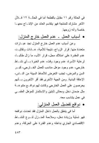 ‫ﻓﻲ ﺍﻟﺤﺎﻟﺔ ﺭﻗﻡ ١١ ﻤﻘﺎﺒل ﺒﺎﻟﻘﻁﻌﺔ ﺃﻤﺎ ﻓﻲ ﺍﻟﺤﺎﻟـﺔ ٢١ ﻓـﻸﻥ‬
‫ﺍﻵﺨﺭ ﻤﺸﺎﺭﻙ ﻟﻠﻤﻨﺘﺠﺔ ﻓﻬﻭ ﻴﺘﻘﺎﺴﻡ ﺍﻟﻌﺎﺌﺩ ﻤﻥ ﺍﻹﻨﺘـﺎﺝ ﻤﻌﻬـﺎ‬
                                     ‫ﺨﺎﺼﺔ ﻭﺃﻨﻪ ﺯﻭﺠﻬﺎ.‬
  ‫• ﺃﺴﺒﺎﺏ ﺍﻟﻌﻤل ـ ﻋﺩﻡ ﺍﻟﻌﻤل ﺨﺎﺭﺝ ﺍﻟﻤﻨﺯل:‬
‫ﻭﻋﻥ ﺃﺴﺒﺎﺏ ﻋﺩﻡ ﺍﻟﻌﻤل ﺨﺎﺭﺝ ﺍﻟﻤﻨﺯل ﻨﺠﺩ ﻋﺒـﺎﺭﺍﺕ‬
‫ﻤﺘﻌﺩﺩﺓ ﻤﻨﻬﺎ: ﻗﺭﺍﺭ ﺍﻟﺯﻭﺍﺝ، ﻨﺘﻴﺠﺔ ﻟﻸﻤﻴﺔ، ﻋـﺎﺩﺍﺕ ﻭﺘﻘﺎﻟﻴـﺩ،‬
‫ﻋﺩﻡ ﺍﻟﻤﻘﺩﺭﺓ ﻋﻠﻰ ﺍﻤﺘﻼﻙ ﻤﺤل، ﻗﺭﺍﺭ ﺍﻷﺏ، ﻤﺎ ﺯﺍل ﻁﺎﻟ ‪‬ـﺎ،‬
   ‫ﺒ‬
‫ﻟﺭﻋﺎﻴﺔ ﺍﻷﺴﺭﺓ، ﻋﺩﻡ ﻭﺠﻭﺩ ﻭﻗﺕ، ﻋﺩﻡ ﺍﻟﺨﺒﺭﺓ ﺒـﺄﻱ ﻨﺸـﺎﻁ‬
‫ﺨﺎﺭﺠﻲ، ﻋﺩﻡ ﻭﺠﻭﺩ ﻤﺅﻫل ﻤﻨﺎﺴﺏ ﻟﻠﻌﻤل ﺍﻟﺨـﺎﺭﺠﻲ، ﻜﺒـﺭ‬
‫ﺍﻟﺴﻥ ﻭﺍﻟﻤﺭﺽ، ﺘﺠﻨﺏ ﺍﻟﺘﻌﺭﺽ ﻟﻸﻨﻤﺎﻁ ﺍﻟﺴﻴﺌﺔ ﻤﻥ ﺍﻟﻨـﺎﺱ،‬
‫ﺍﻹﻋﺎﻗﺔ ﺍﻟﺒﺩﻨﻴﺔ. ﻭﻤﻥ ﺍﻟﺠﻬﺔ ﺍﻷﺨﺭﻯ ﻓﻘﺩ ﺃﻗﺭ ﺍﻵﺨﺭﻭﻥ ﺒـﺄﻨﻬﻡ‬
‫ﻴﺤﺭﺼﻭﻥ ﻋﻠﻰ ﺍﻟﻌﻤل ﺍﻟﺨﺎﺭﺠﻲ ﻭﻜﺎﻨﺕ ﻟﻬﻡ ﺩﻭﺍﻓـﻊ ﻤﺘﻨﻭﻋـﺔ‬
‫ﻤﺜل ﻀﻤﺎﻥ ﺩﺨل ﻭﻤﻌﺎﺵ ﺜﺎﺒﺘﻴﻥ ﻭﺍﻻﺴﺘﺜﻤﺎﺭ ﻟﻠﻤﺅﻫل ﺍﻟﻌﻠﻤـﻲ‬
                                   ‫ﻓﻲ ﻋﻤل ﻴﺘﻨﺎﺴﺏ ﻤﻌﻪ.‬

                  ‫• ﺩﻭﺍﻓﻊ ﺘﻔﻀﻴل ﺍﻟﻌﻤل ﺍﻟﻤﻨﺯﻟﻲ:‬
‫ﺃﻤﺎ ﻓﻲ ﻴﺘﻌﻠﻕ ﺒﺎﻟﻌﻤل ﺩﺍﺨل ﺍﻟﻤﻨﺯل ﻓﻘﺩ ﺘﻌﺩﺩﺕ ﺩﻭﺍﻓﻌﻪ‬
‫ﻓﻬﻭ ﺘﺴﻠﻴﺔ ﻭﺯﻴﺎﺩﺓ ﺩﺨل، ﻭﻤﻼﺀﻤﺔ ﺍﻟﻤﻨـﺯل ﻟﻨـﻭﻉ ﺍﻟﻨﺸـﺎﻁ‬
‫ﺍﻻﻗﺘﺼﺎﺩﻱ ﺍﻟﺠﺎﺭﻱ ﺒﺩﺍﺨﻠﻪ ﻭﻋﺩﻡ ﺍﻟﻘﺩﺭﺓ ﻋﻠﻰ ﺍﻟﺤﺭﻜﺔ، ﻭﻋﺩﻡ‬

‫٣٨٤‬
 