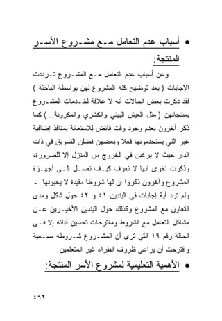 ‫• ﺃﺴﺒﺎﺏ ﻋﺩﻡ ﺍﻟﺘﻌﺎﻤل ﻤـﻊ ﻤﺸـﺭﻭﻉ ﺍﻷﺴـﺭ‬
                                         ‫ﺍﻟﻤﻨﺘﺠﺔ:‬
‫ﻭﻋﻥ ﺃﺴﺒﺎﺏ ﻋﺩﻡ ﺍﻟﺘﻌﺎﻤل ﻤـﻊ ﺍﻟﻤﺸـﺭﻭﻉ ﺘـﺭﺩﺩﺕ‬
‫ﺍﻹﺠﺎﺒﺎﺕ ) ﺒﻌﺩ ﺘﻭﻀﻴﺢ ﻜﻨﻪ ﺍﻟﻤﺸﺭﻭﻉ ﻟﻬﻥ ﺒﻭﺍﺴﻁﺔ ﺍﻟﺒﺎﺤﺜﺔ (‬
‫ﻓﻘﺩ ﺫﻜﺭﺕ ﺒﻌﺽ ﺍﻟﺤﺎﻻﺕ ﺃﻨﻪ ﻻ ﻋﻼﻗﺔ ﻟﺨـﺩﻤﺎﺕ ﺍﻟﻤﺸـﺭﻭﻉ‬
‫ﺒﻤﻨﺘﺠﺎﺘﻬﻥ ) ﻤﺜل ﺍﻟﻌﻴﺵ ﺍﻟﺒﻴﺘﻲ ﻭﺍﻟﻜﺸﺭﻱ ﻭﺍﻟﻤﻜﺭﻭﻨﺔ.. ( ﻜﻤﺎ‬
‫ﺫﻜﺭ ﺁﺨﺭﻭﻥ ﺒﻌﺩﻡ ﻭﺠﻭﺩ ﻭﻗﺕ ﻓﺎﺌﺽ ﻟﻼﺴﺘﻌﺎﻨﺔ ﺒﻤﻨﺎﻓﺫ ﺇﻀﺎﻓﻴﺔ‬
‫ﻏﻴﺭ ﺍﻟﺘﻲ ﻴﺴﺘﺨﺩﻤﻭﻨﻬﺎ ﻓﻌﻼ ﻭﺒﻌﻀﻬﻥ ﻓﻀﻠﻥ ﺍﻟﺘﺴﻭﻴﻕ ﻓﻲ ﺫﺍﺕ‬
                           ‫ﹰ‬
‫ﺍﻟﺩﺍﺭ ﺤﻴﺙ ﻻ ﻴﺭﻏﺒﻥ ﻓﻲ ﺍﻟﺨﺭﻭﺝ ﻤﻥ ﺍﻟﻤﻨﺯل ﺇﻻ ﻟﻠﻀﺭﻭﺭﺓ،‬
‫ﻭﺫﻜﺭﺕ ﺃﺨﺭﻯ ﺃﻨﻬﺎ ﻻ ﺘﻌﺭﻑ ﻜﻴـﻑ ﺘﺼـل ﺇﻟـﻰ ﺃﺠﻬـﺯﺓ‬
‫ﺍﻟﻤﺸﺭﻭﻉ ﻭﺁﺨﺭﻭﻥ ﺫﻜﺭﻭﺍ ﺃﻥ ﻟﻬﺎ ﺸﺭﻭﻁﺎ ﻤﻘﻴﺩﺓ ﻻ ﻴﺤﺒﻭﻨﻬﺎ ـ‬
‫ﻭﻟﻡ ﺘﺭﺩ ﺃﻴﺔ ﺇﺠﺎﺒﺎﺕ ﻓﻲ ﺍﻟﺒﻨﺩﻴﻥ ١٤ ﻭ ٢٤ ﺤﻭل ﺸﻜل ﻭﻤﺩﻯ‬
‫ﺍﻟﺘﻌﺎﻭﻥ ﻤﻊ ﺍﻟﻤﺸﺭﻭﻉ ﻭﻜﺫﻟﻙ ﺤﻭل ﺍﻟﺒﻨﺩﻴﻥ ﺍﻷﺨﻴـﺭﻴﻥ ﻋـﻥ‬
‫ﻤﺸﺎﻜل ﺍﻟﺘﻌﺎﻤل ﻤﻊ ﺍﻟﺸﺭﻭﻁ ﻭﻤﻘﺘﺭﺤﺎﺕ ﺘﺤﺴﻴﻥ ﺃﺩﺍﺌﻪ ﺇﻻ ﻓـﻲ‬
‫ﺍﻟﺤﺎﻟﺔ ﺭﻗﻡ ٩١ ﺍﻟﺘﻲ ﺘﺭﻯ ﺃﻥ ﺍﻟﻤﺸـﺭﻭﻉ ﺸـﺭﻭﻁﻪ ﺼـﻌﺒﺔ‬
        ‫ﻭﺍﻗﺘﺭﺤﺕ ﺃﻥ ﻴﺭﺍﻋﻲ ﻅﺭﻭﻑ ﺍﻟﻔﻘﺭﺍﺀ ﻏﻴﺭ ﺍﻟﻤﺘﻌﻠﻤﻴﻥ.‬

    ‫• ﺍﻷﻫﻤﻴﺔ ﺍﻟﺘﻌﻠﻴﻤﻴﺔ ﻟﻤﺸﺭﻭﻉ ﺍﻷﺴﺭ ﺍﻟﻤﻨﺘﺠﺔ:‬


‫٢٩٤‬
 