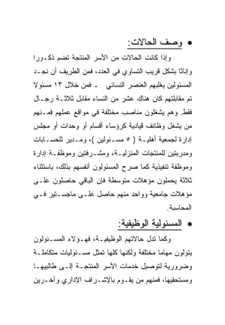 ‫• ﻭﺼﻑ ﺍﻟﺤﺎﻻﺕ:‬
‫ﻭﺇﺫﺍ ﻜﺎﻨﺕ ﺍﻟﺤﺎﻻﺕ ﻤﻥ ﺍﻷﺴﺭ ﺍﻟﻤﻨﺘﺠﺔ ﺘﻀﻡ ﺫﻜـﻭ ‪‬ﺍ‬
 ‫ﺭ‬
‫ﻭﺇﻨﺎ ﹰﺎ ﺒﺸﻜل ﻗﺭﻴﺏ ﺍﻟﺘﺴﺎﻭﻱ ﻓﻲ ﺍﻟﻌﺩﺩ، ﻓﻤﻥ ﺍﻟﻁﺭﻴﻑ ﺃﻥ ﻨﺠـﺩ‬
                                                ‫ﺜ‬
‫ﺍﻟﻤﺴﺌﻭﻟﻴﻥ ﻴﻐﻠﺒﻬﻡ ﺍﻟﻌﻨﺼﺭ ﺍﻟﻨﺴﺎﺌﻲ ـ ﻓﻤﻥ ﺨﻼل ٣١ ﻤﺴﺌﻭﻻ‬
‫ﺘﻡ ﻤﻘﺎﺒﻠﺘﻬﻡ ﻜﺎﻥ ﻫﻨﺎﻙ ﻋﺸﺭ ﻤﻥ ﺍﻟﻨﺴﺎﺀ ﻤﻘﺎﺒل ﺜﻼﺜـﺔ ﺭﺠـﺎل‬
‫ﻓﻘﻁ. ﻭﻫﻡ ﻴﺸﻐﻠﻭﻥ ﻤﻨﺎﺼﺏ ﻤﺨﺘﻠﻔﺔ ﻓﻲ ﻤﻭﺍﻗﻊ ﻋﻤﻠﻬﻡ ﻓﻤـﻨﻬﻡ‬
‫ﻤﻥ ﻴﺸﻐل ﻭﻅﺎﺌﻑ ﻗﻴﺎﺩﻴﺔ ﻜﺭﺅﺴﺎﺀ ﺃﻗﺴﺎﻡ ﺃﻭ ﻭﺤﺩﺍﺕ ﺃﻭ ﻤﺠﻠﺱ‬
‫ﺇﺩﺍﺭﺓ ﻟﺠﻤﻌﻴﺔ ﺃﻫﻠﻴـﺔ ) ٥ ﻤﺴـﺌﻭﻟﻴﻥ (، ﻭﻤـﺩﻴﺭ ﻟﻠﺤﺴـﺎﺒﺎﺕ‬
‫ﻭﻤﺩﺭﺒﺘﻴﻥ ﻟﻠﻤﻨﺘﺠﺎﺕ ﺍﻟﻤﻨﺯﻟﻴـﺔ، ﻭﻤﺸـﺭﻓﺘﻴﻥ ﻭﻤﻭﻅﻔـﺔ ﺇﺩﺍﺭﺓ‬
‫ﻭﻤﻭﻅﻔﺔ ﺘﻨﻔﻴﺫﻴﺔ ﻜﻤﺎ ﺼﺭﺡ ﺍﻟﻤﺴﺌﻭﻟﻭﻥ ﺃﻨﻔﺴﻬﻡ ﺒﺫﻟﻙ، ﺒﺎﺴﺘﺜﻨﺎﺀ‬
‫ﺜﻼﺜﺔ ﻴﺤﻤﻠﻭﻥ ﻤﺅﻫﻼﺕ ﻤﺘﻭﺴﻁﺔ ﻓﺈﻥ ﺍﻟﺒﺎﻗﻲ ﺤﺎﺼﻠﻭﻥ ﻋﻠـﻰ‬
‫ﻤﺅﻫﻼﺕ ﺠﺎﻤﻌﻴﺔ ﻭﻭﺍﺤﺩ ﻤﻨﻬﻡ ﺤﺎﺼل ﻋﻠـﻰ ﻤﺎﺠﺴـﺘﻴﺭ ﻓـﻲ‬
                                               ‫ﺍﻟﻤﺤﺎﺴﺒﺔ.‬

                             ‫• ﺍﻟﻤﺴﺌﻭﻟﻴﺔ ﺍﻟﻭﻅﻴﻔﻴﺔ:‬
‫ﻭﻜﻤﺎ ﺘﺩل ﺤﺎﻻﺘﻬﻡ ﺍﻟﻭﻅﻴﻔﻴـﺔ، ﻓﻬـﺅﻻﺀ ﺍﻟﻤﺴـﺌﻭﻟﻭﻥ‬
‫ﻴﺘﻭﻟﻭﻥ ﻤﻬﺎ ‪‬ﺎ ﻤﺨﺘﻠﻔﺔ ﻭﻟﻜﻨﻬﺎ ﻜﻠﻬﺎ ﺘﻤﺜل ﻤﺴـﺌﻭﻟﻴﺎﺕ ﻤﺘﻜﺎﻤﻠـﺔ‬
                                            ‫ﻤ‬
‫ﻭﻀﺭﻭﺭﻴﺔ ﻟﺘﻭﺼﻴل ﺨﺩﻤﺎﺕ ﺍﻷﺴﺭ ﺍﻟﻤﻨﺘﺠـﺔ ﺇﻟـﻰ ﻁﺎﻟﺒﻴﻬـﺎ‬
‫ﻭﻤﺴﺘﺤﻘﻴﻬﺎ، ﻓﻤﻨﻬﻡ ﻤﻥ ﻴﻘـﻭﻡ ﺒﺎﻹﺸـﺭﺍﻑ ﺍﻹﺩﺍﺭﻱ ﻭﺁﺨـﺭﻴﻥ‬
 