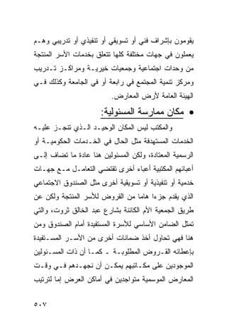 ‫ﻴﻘﻭﻤﻭﻥ ﺒﺈﺸﺭﺍﻑ ﻓﻨﻲ ﺃﻭ ﺘﺴﻭﻴﻘﻲ ﺃﻭ ﺘﻨﻔﻴﺫﻱ ﺃﻭ ﺘﺩﺭﻴﺒﻲ ﻭﻫـﻡ‬
‫ﻴﻌﻤﻠﻭﻥ ﻓﻲ ﺠﻬﺎﺕ ﻤﺨﺘﻠﻔﺔ ﻜﻠﻬﺎ ﺘﺘﻌﻠﻕ ﺒﺨﺩﻤﺎﺕ ﺍﻷﺴﺭ ﺍﻟﻤﻨﺘﺠﺔ‬
‫ﻤﻥ ﻭﺤﺩﺍﺕ ﺍﺠﺘﻤﺎﻋﻴﺔ ﻭﺠﻤﻌﻴﺎﺕ ﺨﻴﺭﻴـﺔ ﻭﻤﺭﺍﻜـﺯ ﺘـﺩﺭﻴﺏ‬
‫ﻭﻤﺭﻜﺯ ﺘﻨﻤﻴﺔ ﺍﻟﻤﺠﺘﻤﻊ ﻓﻲ ﺭﺍﺒﻌﺔ ﺃﻭ ﻓﻲ ﺍﻟﺠﺎﻤﻌﺔ ﻭﻜﺫﻟﻙ ﻓـﻲ‬
                          ‫ﺍﻟﻬﻴﺌﺔ ﺍﻟﻌﺎﻤﺔ ﻷﺭﺽ ﺍﻟﻤﻌﺎﺭﺽ.‬

                      ‫• ﻤﻜﺎﻥ ﻤﻤﺎﺭﺴﺔ ﺍﻟﻤﺴﺌﻭﻟﻴﺔ:‬
‫ﻭﺍﻟﻤﻜﺘﺏ ﻟﻴﺱ ﺍﻟﻤﻜﺎﻥ ﺍﻟﻭﺤﻴـﺩ ﺍﻟـﺫﻱ ﺘﻨﺠـﺯ ﻋﻠﻴـﻪ‬
‫ﺍﻟﺨﺩﻤﺎﺕ ﺍﻟﻤﺴﺘﻬﺩﻓﺔ ﻤﺜل ﺍﻟﺤﺎل ﻓﻲ ﺍﻟﺨـﺩﻤﺎﺕ ﺍﻟﺤﻜﻭﻤﻴـﺔ ﺃﻭ‬
‫ﺍﻟﺭﺴﻤﻴﺔ ﺍﻟﻤﻌﺘﺎﺩﺓ، ﻭﻟﻜﻥ ﺍﻟﻤﺴﺌﻭﻟﻴﻥ ﻫﻨﺎ ﻋﺎﺩﺓ ﻤﺎ ﺘﻀﺎﻑ ﺇﻟـﻰ‬
‫ﺃﻋﺒﺎﺌﻬﻡ ﺍﻟﻤﻜﺘﺒﻴﺔ ﺃﻋﺒﺎﺀ ﺃﺨﺭﻯ ﺘﻘﺘﻀﻲ ﺍﻟﺘﻌﺎﻤـل ﻤـﻊ ﺠﻬـﺎﺕ‬
‫ﺨﺩﻤﻴﺔ ﺃﻭ ﺘﻨﻔﻴﺫﻴﺔ ﺃﻭ ﺘﺴﻭﻴﻘﻴﺔ ﺃﺨﺭﻯ ﻤﺜل ﺍﻟﺼﻨﺩﻭﻕ ﺍﻻﺠﺘﻤﺎﻋﻲ‬
‫ﺍﻟﺫﻱ ﻴﻘﺩﻡ ﺠﺯﺀﺍ ﻫﺎﻤﺎ ﻤﻥ ﺍﻟﻘﺭﻭﺽ ﻟﻸﺴﺭ ﺍﻟﻤﻨﺘﺠﺔ ﻭﻟﻜﻥ ﻋﻥ‬
‫ﻁﺭﻴﻕ ﺍﻟﺠﻤﻌﻴﺔ ﺍﻷﻡ ﺍﻟﻜﺎﺌﻨﺔ ﺒﺸﺎﺭﻉ ﻋﺒﺩ ﺍﻟﺨﺎﻟﻕ ﺜﺭﻭﺕ، ﻭﺍﻟﺘﻲ‬
‫ﺘﻤﺜل ﺍﻟﻀﺎﻤﻥ ﺍﻷﺴﺎﺴﻲ ﻟﻸﺴﺭﺓ ﺍﻟﻤﺴﺘﻔﻴﺩﺓ ﺃﻤﺎﻡ ﺍﻟﺼﻨﺩﻭﻕ ﻭﻤﻥ‬
‫ﻫﻨﺎ ﻓﻬﻲ ﺘﺤﺎﻭل ﺃﺨﺫ ﻀﻤﺎﻨﺎﺕ ﺃﺨﺭﻯ ﻤﻥ ﺍﻷﺴـﺭ ﺍﻟﻤﺴـﺘﻔﻴﺩﺓ‬
‫ﺒﺈﻋﻁﺎﺌﻪ ﺍﻟﻘـﺭﻭﺽ ﺍﻟﻤﻁﻠﻭﺒـﺔ ـ ﻜﻤـﺎ ﺃﻥ ﺫﺍﺕ ﺍﻟﻤﺴـﺌﻭﻟﻴﻥ‬
‫ﺍﻟﻤﻭﺠﻭﺩﻴﻥ ﻋﻠﻰ ﻤﻜـﺎﺘﺒﻬﻡ ﻴﻤﻜـﻥ ﺃﻥ ﻨﺠﻬـﺩﻫﻡ ﻓـﻲ ﻭﻗـﺕ‬
‫ﺍﻟﻤﻌﺎﺭﺽ ﺍﻟﻤﻭﺴﻤﻴﺔ ﻤﺘﻭﺍﺠﺩﻴﻥ ﻓﻲ ﺃﻤﺎﻜﻥ ﺍﻟﻌﺭﺽ ﺇﻤﺎ ﻟﺘﺭﺘﻴﺏ‬


‫٧٠٥‬
 