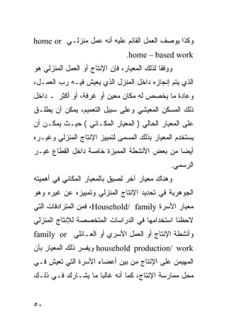 ‫ﻭﻜﺫﺍ ﻴﻭﺼﻑ ﺍﻟﻌﻤل ﺍﻟﻘﺎﺌﻡ ﻋﻠﻴﻪ ﺃﻨﻪ ﻋﻤل ﻤﻨﺯﻟـﻲ ‪home or‬‬
                                  ‫‪.home – based work‬‬
‫ﻭﻭﻓ ﹰﺎ ﻟﺫﻟﻙ ﺍﻟﻤﻌﻴﺎﺭ، ﻓﺈﻥ ﺍﻹﻨﺘﺎﺝ ﺃﻭ ﺍﻟﻌﻤل ﺍﻟﻤﻨﺯﻟﻲ ﻫﻭ‬
                                              ‫ﻘ‬
‫ﺍﻟﺫﻱ ﻴﺘﻡ ﺇﻨﺠﺎﺯﻩ ﺩﺍﺨل ﺍﻟﻤﻨﺯل ﺍﻟﺫﻱ ﻴﻌﻴﺵ ﻓﻴـﻪ ﺭﺏ ﺍﻟﻌﻤـل،‬
‫ﻭﻋﺎﺩﺓ ﻤﺎ ﻴﺨﺼﺹ ﻟﻪ ﻤﻜﺎﻥ ﻤﻌﻴﻥ ﺃﻭ ﻏﺭﻓﺔ، ﺃﻭ ﺃﻜﺜﺭ ـ ﺩﺍﺨل‬
‫ﺫﻟﻙ ﺍﻟﻤﺴﻜﻥ ﺍﻟﻤﻌﻴﺸﻲ ﻭﻋﻠﻰ ﺴﺒﻴل ﺍﻟﺘﻌﻤﻴﻡ، ﻴﻤﻜﻥ ﺃﻥ ﻴﻁﻠـﻕ‬
‫ﻋﻠﻰ ﺍﻟﻤﻌﻴﺎﺭ ﺍﻟﺤﺎﻟﻲ ) ﺍﻟﻤﻌﻴﺎﺭ ﺍﻟﻤﻜـﺎﻨﻲ ( ﺤﻴـﺙ ﻴﻤﻜـﻥ ﺃﻥ‬
‫ﻴﺴﺘﺨﺩﻡ ﺍﻟﻤﻌﻴﺎﺭ ﺒﺫﻟﻙ ﺍﻟﻤﺴﻤﻰ ﻟﺘﻤﻴﻴﺯ ﺍﻹﻨﺘﺎﺝ ﺍﻟﻤﻨﺯﻟﻲ ﻭﻏﻴـﺭﻩ‬
‫ﺃﻴ ‪‬ﺎ ﻤﻥ ﺒﻌﺽ ﺍﻷﻨﺸﻁﺔ ﺍﻟﻤﻤﻴﺯﺓ ﺨﺎﺼﺔ ﺩﺍﺨل ﺍﻟﻘﻁﺎﻉ ﻏﻴـﺭ‬
                                             ‫ﻀ‬
                                                  ‫ﺍﻟﺭﺴﻤﻲ.‬
‫ﻭﻫﻨﺎﻙ ﻤﻌﻴﺎﺭ ﺁﺨﺭ ﻟﺼﻴﻕ ﺒﺎﻟﻤﻌﻴﺎﺭ ﺍﻟﻤﻜﺎﻨﻲ ﻓﻲ ﺃﻫﻤﻴﺘﻪ‬
‫ﺍﻟﺠﻭﻫﺭﻴﺔ ﻓﻲ ﺘﺤﺩﻴﺩ ﺍﻹﻨﺘﺎﺝ ﺍﻟﻤﻨﺯﻟﻲ ﻭﺘﻤﻴﻴﺯﻩ ﻋﻥ ﻏﻴﺭﻩ ﻭﻫﻭ‬
‫ﻤﻌﻴﺎﺭ ﺍﻷﺴﺭﺓ ‪ ،Household/ family‬ﻓﻤﻥ ﺍﻟﻤﺘﺭﺍﺩﻓﺎﺕ ﺍﻟﺘﻲ‬
‫ﻻﺤﻅﻨﺎ ﺍﺴﺘﺨﺩﺍﻤﻬﺎ ﻓﻲ ﺍﻟﺩﺭﺍﺴﺎﺕ ﺍﻟﻤﺘﺨﺼﺼﺔ ﻟﻺﻨﺘﺎﺝ ﺍﻟﻤﻨﺯﻟﻲ‬
‫ﻭﺃﻨﺸﻁﺔ ﺍﻹﻨﺘﺎﺝ ﺃﻭ ﺍﻟﻌﻤل ﺍﻷﺴﺭﻱ ﺃﻭ ﺍﻟﻌـﺎﺌﻠﻲ ‪family or‬‬
‫‪ household production/ work‬ﻭﻴﻔﺴﺭ ﺫﻟﻙ ﺍﻟﻤﻌﻴﺎﺭ ﺒﺄﻥ‬
‫ﺍﻟﻤﻬﻴﻤﻥ ﻋﻠﻰ ﺍﻹﻨﺘﺎﺝ ﻤﻥ ﺒﻴﻥ ﺃﻋﻀﺎﺀ ﺍﻷﺴﺭﺓ ﺍﻟﺘﻲ ﺘﻌﻴﺵ ﻓـﻲ‬
‫ﻤﺤل ﻤﻤﺎﺭﺴﺔ ﺍﻹﻨﺘﺎﺝ، ﻜﻤﺎ ﺃﻨﻪ ﻏﺎﻟ ‪‬ﺎ ﻤﺎ ﻴﺸـﺎﺭﻙ ﻓـﻲ ﺫﻟـﻙ‬
                    ‫ﺒ‬


‫٠٥‬
 