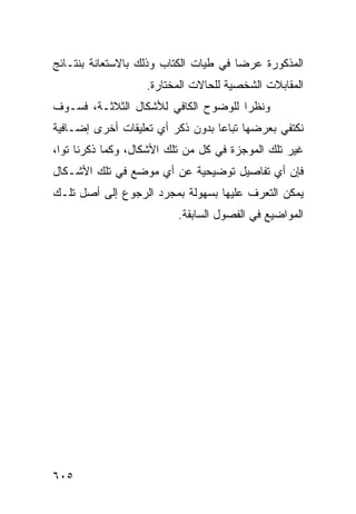 ‫ﺍﻟﻤﺫﻜﻭﺭﺓ ﻋﺭ ‪‬ﺎ ﻓﻲ ﻁﻴﺎﺕ ﺍﻟﻜﺘﺎﺏ ﻭﺫﻟﻙ ﺒﺎﻻﺴﺘﻌﺎﻨﺔ ﺒﻨﺘـﺎﺌﺞ‬
                                       ‫ﻀ‬
                   ‫ﺍﻟﻤﻘﺎﺒﻼﺕ ﺍﻟﺸﺨﺼﻴﺔ ﻟﻠﺤﺎﻻﺕ ﺍﻟﻤﺨﺘﺎﺭﺓ.‬
‫ﻭﻨﻅ ‪‬ﺍ ﻟﻠﻭﻀﻭﺡ ﺍﻟﻜﺎﻓﻲ ﻟﻸﺸﻜﺎل ﺍﻟﺜﻼﺜـﺔ، ﻓﺴـﻭﻑ‬
                                     ‫ﺭ‬
‫ﻨﻜﺘﻔﻲ ﺒﻌﺭﻀﻬﺎ ﺘﺒﺎ ‪‬ﺎ ﺒﺩﻭﻥ ﺫﻜﺭ ﺃﻱ ﺘﻌﻠﻴﻘﺎﺕ ﺃﺨﺭﻯ ﺇﻀـﺎﻓﻴﺔ‬
                                  ‫ﻋ‬
‫ﻏﻴﺭ ﺘﻠﻙ ﺍﻟﻤﻭﺠﺯﺓ ﻓﻲ ﻜل ﻤﻥ ﺘﻠﻙ ﺍﻷﺸﻜﺎل، ﻭﻜﻤﺎ ﺫﻜﺭﻨﺎ ﺘ ‪‬ﺍ،‬
  ‫ﻭ‬
‫ﻓﺈﻥ ﺃﻱ ﺘﻔﺎﺼﻴل ﺘﻭﻀﻴﺤﻴﺔ ﻋﻥ ﺃﻱ ﻤﻭﻀﻊ ﻓﻲ ﺘﻠﻙ ﺍﻷﺸـﻜﺎل‬
‫ﻴﻤﻜﻥ ﺍﻟﺘﻌﺭﻑ ﻋﻠﻴﻬﺎ ﺒﺴﻬﻭﻟﺔ ﺒﻤﺠﺭﺩ ﺍﻟﺭﺠﻭﻉ ﺇﻟﻰ ﺃﺼل ﺘﻠـﻙ‬
                          ‫ﺍﻟﻤﻭﺍﻀﻴﻊ ﻓﻲ ﺍﻟﻔﺼﻭل ﺍﻟﺴﺎﺒﻘﺔ.‬




‫٥٠٦‬
 