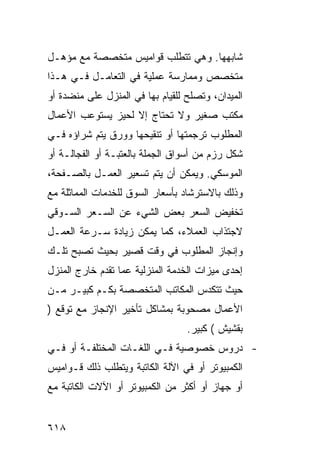 ‫ﺸﺎﺒﻬﻬﺎ. ﻭﻫﻲ ﺘﺘﻁﻠﺏ ﻗﻭﺍﻤﻴﺱ ﻤﺘﺨﺼﺼﺔ ﻤﻊ ﻤﺅﻫـل‬
‫ﻤﺘﺨﺼﺹ ﻭﻤﻤﺎﺭﺴﺔ ﻋﻤﻠﻴﺔ ﻓﻲ ﺍﻟﺘﻌﺎﻤـل ﻓـﻲ ﻫـﺫﺍ‬
‫ﺍﻟﻤﻴﺩﺍﻥ، ﻭﺘﺼﻠﺢ ﻟﻠﻘﻴﺎﻡ ﺒﻬﺎ ﻓﻲ ﺍﻟﻤﻨﺯل ﻋﻠﻰ ﻤﻨﻀﺩﺓ ﺃﻭ‬
‫ﻤﻜﺘﺏ ﺼﻐﻴﺭ ﻭﻻ ﺘﺤﺘﺎﺝ ﺇﻻ ﻟﺤﻴﺯ ﻴﺴﺘﻭﻋﺏ ﺍﻷﻋﻤﺎل‬
‫ﺍﻟﻤﻁﻠﻭﺏ ﺘﺭﺠﻤﺘﻬﺎ ﺃﻭ ﺘﻨﻘﻴﺤﻬﺎ ﻭﻭﺭﻕ ﻴﺘﻡ ﺸﺭﺍﺅﻩ ﻓـﻲ‬
‫ﺸﻜل ﺭﺯﻡ ﻤﻥ ﺃﺴﻭﺍﻕ ﺍﻟﺠﻤﻠﺔ ﺒﺎﻟﻌﺘﺒـﺔ ﺃﻭ ﺍﻟﻔﺠﺎﻟـﺔ ﺃﻭ‬
‫ﺍﻟﻤﻭﺴﻜﻲ. ﻭﻴﻤﻜﻥ ﺃﻥ ﻴﺘﻡ ﺘﺴﻌﻴﺭ ﺍﻟﻌﻤـل ﺒﺎﻟﺼـﻔﺤﺔ،‬
‫ﻭﺫﻟﻙ ﺒﺎﻻﺴﺘﺭﺸﺎﺩ ﺒﺄﺴﻌﺎﺭ ﺍﻟﺴﻭﻕ ﻟﻠﺨﺩﻤﺎﺕ ﺍﻟﻤﻤﺎﺜﻠﺔ ﻤﻊ‬
‫ﺘﺨﻔﻴﺽ ﺍﻟﺴﻌﺭ ﺒﻌﺽ ﺍﻟﺸﻲﺀ ﻋﻥ ﺍﻟﺴـﻌﺭ ﺍﻟﺴـﻭﻗﻲ‬
‫ﻻﺠﺘﺫﺍﺏ ﺍﻟﻌﻤﻼﺀ، ﻜﻤﺎ ﻴﻤﻜﻥ ﺯﻴﺎﺩﺓ ﺴـﺭﻋﺔ ﺍﻟﻌﻤـل‬
‫ﻭﺇﻨﺠﺎﺯ ﺍﻟﻤﻁﻠﻭﺏ ﻓﻲ ﻭﻗﺕ ﻗﺼﻴﺭ ﺒﺤﻴﺙ ﺘﺼﺒﺢ ﺘﻠـﻙ‬
‫ﺇﺤﺩﻯ ﻤﻴﺯﺍﺕ ﺍﻟﺨﺩﻤﺔ ﺍﻟﻤﻨﺯﻟﻴﺔ ﻋﻤﺎ ﺘﻘﺩﻡ ﺨﺎﺭﺝ ﺍﻟﻤﻨﺯل‬
‫ﺤﻴﺙ ﺘﺘﻜﺩﺱ ﺍﻟﻤﻜﺎﺘﺏ ﺍﻟﻤﺘﺨﺼﺼﺔ ﺒﻜـﻡ ﻜﺒﻴـﺭ ﻤـﻥ‬
‫ﺍﻷﻋﻤﺎل ﻤﺼﺤﻭﺒﺔ ﺒﻤﺸﺎﻜل ﺘﺄﺨﻴﺭ ﺍﻹﻨﺠﺎﺯ ﻤﻊ ﺘﻭﻗﻊ )‬
                                  ‫ﺒﻘﺸﻴﺵ ( ﻜﺒﻴﺭ.‬
‫- ﺩﺭﻭﺱ ﺨﺼﻭﺼﻴﺔ ﻓـﻲ ﺍﻟﻠﻐـﺎﺕ ﺍﻟﻤﺨﺘﻠﻔـﺔ ﺃﻭ ﻓـﻲ‬
‫ﺍﻟﻜﻤﺒﻴﻭﺘﺭ ﺃﻭ ﻓﻲ ﺍﻵﻟﺔ ﺍﻟﻜﺎﺘﺒﺔ ﻭﻴﺘﻁﻠﺏ ﺫﻟﻙ ﻗـﻭﺍﻤﻴﺱ‬
‫ﺃﻭ ﺠﻬﺎﺯ ﺃﻭ ﺃﻜﺜﺭ ﻤﻥ ﺍﻟﻜﻤﺒﻴﻭﺘﺭ ﺃﻭ ﺍﻵﻻﺕ ﺍﻟﻜﺎﺘﺒﺔ ﻤﻊ‬


‫٨١٦‬
 