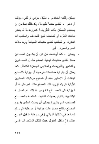 ‫ﻤﺴﻜﻥ ﻭﻟﻜﻨﻪ ﺍﺴﺘﺨﺩﺍﻡ ـ ﺒﺸﻜل ﺠﺯﺌﻲ ﺃﻭ ﻜﻠﻲ، ﻤﺅﻗﺕ‬
‫ﺃﻭ ﺩﺍﺌﻡ ـ ﻟﺘﻘﺩﻴﻡ ﺨﺩﻤﺔ ﻁﺒﻴـﺔ، ﻭﻜـﺫﻟﻙ ﻴﻤﻜـﻥ ﺃﻥ‬
‫ﻴﺴﺘﺨﺩﻡ ﺍﻟﻤﺴﻜﻥ ﺒﺫﺍﺕ ﺍﻟﻁﺭﻴﻘـﺔ ﻜﻤﺯﺭﻋـﺔ ﻟـﺒﻌﺽ‬
‫ﻨﺒﺎﺘﺎﺕ ﺍﻟﻅل، ﺃﻭ ﻜﻤﺘﺤﻑ ﻟﺒﻴﻊ ﺍﻟﺘﺤـﻑ ﻭﺍﻟﻤﻘﺘﻨﻴـﺎﺕ‬
‫ﺍﻟﻨﺎﺩﺭﺓ، ﺃﻭ ﻜﻤﻜﺘﺏ ﻟﺘﻘﺩﻴﻡ ﺨﺩﻤﺎﺕ ﺍﻟﺴﻴﺎﺤﺔ ﻭﺭﺤـﻼﺕ‬
                              ‫ﺍﻟﺤﺞ ﻭﺍﻟﻌﻤﺭﺓ.. ﺇﻟﺦ.‬
‫- ﻭﻴﻤﻜﻥ ـ ﻜﻤﺎ ﺃﻭﻀﺤﻨﺎ ﻤﻥ ﻗﺒل ﺃﻥ ﻴﻜـﻭﻥ ﺍﻟﻤﺴـﻜﻥ‬
‫ﻤﺤﻼ ﻟﺘﻘﺩﻴﻡ ﻤﻨﺘﺠﺎﺕ ﻨﻬﺎﺌﻴﺔ ﺍﻟﺼﻨﻊ ﻤﺜـل ﺍﻟﺼـﺎﺒﻭﻥ‬
                                         ‫ﹰ‬
‫ﻭﺍﻟﺸﺎﻤﺒﻭ ﻭﺍﻟﻜﺭﻴﻤﺎﺕ ﻭﺍﻟﻤﻼﺒﺱ ﺍﻟﺠﺎﻫﺯﺓ ﺍﻟﻜﺎﻤﻠﺔ.. ﻜﻤﺎ‬
‫ﻴﻤﻜﻥ ﺃﻥ ﻴﺘﻡ ﻓﻴﻪ ﺼﻨﺎﻋﺎﺕ ﻤﺭﺤﻠﻴﺔ ﺃﻭ ﺠﺯﺌﻴﺔ ﻜﺘﺼﻨﻴﻊ‬
‫ﺍﻟﻴﺎﻗﺎﺕ ﺃﻭ ﺍﻷﺴﺎﻭﺭ ﻓﻘﻁ ﺃﻭ ﺘﺼﻨﻴﻊ ﻤﺭﻜﺒﺎﺕ ﺍﻟﺼﺎﺒﻭﻥ‬
‫ﺍﻷﻭﻟﻴﺔ ﺜﻡ ﻴﺘﻡ ﺘﻭﺭﻴﺩ ﺘﻠﻙ ﺍﻟﻤﺼﻨﻭﻋﺎﺕ ﺍﻟﻤﺭﺤﻠﻴـﺔ ﺃﻭ‬
‫ﺍﻟﺠﺯﺌﻴﺔ ﺇﻟﻰ ﺍﻟﻤﺼـﺎﻨﻊ ﺍﻟﺨﺎﺭﺠﻴـﺔ ﻹﺘﻤـﺎﻡ ﺍﻟﻌﻤﻠﻴـﺔ‬
‫ﺍﻹﻨﺘﺎﺠﻴﺔ ﻭﺍﻟﻘﻴﺎﻡ ﺒﻌﻤﻠﻴﺎﺕ ﺍﻟﺘﻐﻠﻴﻑ ﺍﻟﺨﺎﺼﺔ ﺒﺎﻟﻤﺼـﻨﻊ‬
‫ﻜﺼﺎﺤﺏ ﺍﺴﻡ ﻭﺸﻬﺭﺓ ﻭﻴﻤﻜﻥ ﺃﻥ ﻴﺤﺩﺙ ﺍﻟﻌﻜﺱ ﻴﻘـﻭﻡ‬
‫ﺍﻟﻤﺼﻨﻊ ﺒﺈﻨﺘﺎﺝ ﻤﺼﻨﻭﻋﺎﺕ ﺠﺯﺌﻴﺔ ﺃﻭ ﻤﺭﺤﻠﻴﺔ ﺜﻡ ﻴـﺘﻡ‬
‫ﺇﻋﺩﺍﺩﻫﺎ ﻓﻲ ﺸﻜﻠﻬﺎ ﺍﻟﻨﻬﺎﺌﻲ ) ﻓﻲ ﻤﺭﺤﻠﺔ ﻤﺎ ﻗﺒل ﺍﻟﺒﻴـﻊ‬
‫ﻤﺒﺎﺸﺭﺓ ( ﺩﺍﺨل ﺍﻟﻤﻨﺯل ﺤﻴﺙ ﺘﻨﺘﻘل ﺍﻟﻤﻨﺘﺠـﺎﺕ ﻓـﻲ‬


‫٢٣٦‬
 