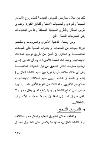 ‫ﺫﻟﻙ ﻤﻥ ﺨﻼل ﻤﻌﺎﺭﺽ ﺍﻟﺘﺴﻭﻴﻕ ﺍﻟﺘﺎﺒﻌـﺔ ﻟﻤﺸـﺭﻭﻉ ﺍﻷﺴـﺭ‬
‫ﺍﻟﻤﻨﺘﺠﺔ ﻭﺍﻟﻨﻭﺍﺩﻱ ﻭﺍﻟﺠﻤﻌﻴﺎﺕ ﺍﻷﻫﻠﻴﺔ ﻭﺍﻟﻔﻨﺎﺩﻕ ﺍﻟﻜﺒﺭﻯ ﻭﻋﻠـﻰ‬
‫ﻁﺭﻴﻕ ﺍﻟﻤﻁﺎﺭ ﻭﺍﻟﻁﺭﻕ ﺍﻟﺴﻴﺎﺤﻴﺔ ﺍﻟﻤﺨﺘﻠﻔﺔ ﻭﻋﻠـﻰ ﺍﻟﺒﻼﺠـﺎﺕ‬
                             ‫ﻭﻓﻲ ﺍﻟﻤﻨﺘﺯﻫﺎﺕ ﺍﻟﻌﺎﻤﺔ.. ﺇﻟﺦ.‬
‫ﻭﻤﻥ ﻭﺴﺎﺌل ﺍﻟﺩﻋﺎﻴﺔ ﺍﻷﺨﺭﻯ ﻭﺍﻟﺘﻌﺭﻴـﻑ ﺒـﺎﻟﻤﻨﺘﺞ‬
‫ﺍﻟﺘﺭﺩﺩ ﺒﻌﻴﻨﺎﺕ ﻤﻥ ﺍﻟﻤﻨﺘﺠﺎﺕ ﺃﻭ ﺒﺎﻟﻘﻭﺍﺌﻡ ﺍﻟﻤﻌﻨﻴﺔ ﻋﻠﻰ ﺍﻟﻤﺤﻼﺕ‬
‫ﺍﻟﻤﺘﺨﺼﺼﺔ ﺃﻭ ﺍﻟﻤﻨﺎﺯل ﺇﻥ ﺃﻤﻜﻥ ﻋﻥ ﻁﺭﻴﻕ ﺘﻭﺴﻴﻊ ﺍﻟﻌﻼﻗﺎﺕ‬
‫ﺍﻻﺠﺘﻤﺎﻋﻴﺔ. ﻭﻋﻨﺩ ﺘﻠﻙ ﺍﻟﻨﻘﻁﺔ ﺍﻷﺨﻴﺭﺓ ﻨـﻭﺩ ﺃﻥ ﻨﺸـﻴﺭ ﺇﻟـﻰ‬
‫ﻓﺭﻀﻴﺔ ﻤﻘﺘﺭﺤﺔ ﺘﻨﺘﻅﺭ ﺍﻟﺘﺤﻘﻴﻕ ﻤﻥ ﻗﺒل ﺍﻟﻜﺘﺎﺒﺎﺕ ﺍﻟﻤﺘﺨﺼﺼﺔ‬
‫ﻭﻫﻲ ﺃﻥ ﻫﻨﺎﻙ ﻋﻼﻗﺔ ﻁﺭﺩﻴﺔ ﻗﻭﻴﺔ ﺒﻴﻥ ﺤﺠﻡ ﺍﻟﻨﺸﺎﻁ ﺍﻟﻤﻨﺯﻟﻲ )‬
‫ﺇﻨﺘﺎﺝ ﺃﻭ ﺨﺩﻤﺔ ﺃﻭ ﺨﻼﻓﻪ ( ﻭﺒﻴﻥ ﺤﺠﻡ ﺍﻟﻌﻼﻗﺎﺕ ﺍﻻﺠﺘﻤﺎﻋﻴـﺔ‬
‫ﻟﻠﻤﻨﺘﺞ ﻤﻊ ﺍﻵﺨﺭﻴﻥ. ﻓﺎﻟﻌﻼﻗﺎﺕ ﻤﻥ ﺍﻟﻨﻭﻉ ﺍﻷﺨﻴﺭ ﺘﻠﻌـﺏ ﺩﻭ ‪‬ﺍ‬
 ‫ﺭ‬
‫ﺠﻭﻫﺭ ‪‬ﺎ ﻓﻲ ﻨﺠﺎﺡ ﺍﻟﻨﺸﺎﻁ ﻭﺒﺩﻭﻨﻬﺎ ﻴﺘﻭﻗﻊ ﻟﻪ ﺃﻥ ﻴﻅل ﻤﺠﻬـﻭﻻ‬
‫ﹰ‬                                              ‫ﻴ‬
‫ﺩﺍﺨل ﺠﺩﺭﺍﻥ ﺍﻟﻤﻨـﺯل ﺍﻟﻤﻐﻠـﻕ ﺒﻁﺒﻴﻌﺘـﻪ ﻀـﺩ ﺍﻷﻏـﺭﺍﺏ‬
                                             ‫ﻭﺍﻟﻤﺘﻁﻔﻠﻴﻥ.‬

                                 ‫• ﺍﻟﺘﺴﻭﻴﻕ ﺍﻟﻨﺎﺠﺢ:‬
‫ﻭﺘﺨﺘﻠﻑ ﺃﻤﺎﻜﻥ ﺍﻟﺘﺴﻭﻴﻕ ﺍﻟﻔﻌﻠﻴﺔ ﻭﺍﻟﻤﻘﺘﺭﺤﺔ ﺒـﺎﺨﺘﻼﻑ‬
‫ﻨﻭﻉ ﺍﻟﻨﺸﺎﻁ ﺍﻟﻤﻨﺯﻟﻲ، ﻓﻤﻨﻬﺎ ﻤﺎ ﻴﻘﺘﺼﺭ ﻋﻠﻰ ﺍﻟﻤﻨـﺯل ﻤﺤـل‬


‫٧٣٦‬
 