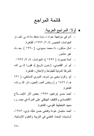 ‫ﻗﺎﺌﻤﺔ ﺍﻟﻤﺭﺍﺠﻊ‬
                          ‫• ﺃﻭﻻ: ﺍﻟﻤﺭﺍﺠﻊ ﺍﻟﻌﺭﺒﻴﺔ:‬
‫- ﺁﺩﻡ ﻓﻲ ﻤﻭﺍﺠﻬﺔ ﺤﻭﺍﺀ ﻨـﺩﻭﺓ ﻤﻨﻌﻘـﺩﺓ ﻓـﻲ ﺃﺨﺒـﺎﺭ‬
         ‫ﺍﻟﺤﻭﺍﺩﺙ، ﺍﻟﺨﻤﻴﺱ ٤/ ٦/ ٢٩٩١، ﺍﻟﻘﺎﻫﺭﺓ.‬
‫- ﺁﻤﺎل ﻤﺩﻜﻭﺭ، ﺩ/ ﻤﺤﻤﺩ ﺒﺴﻴﻭﻨﻲ، ) ٠٩٩١ (. ﺒﺤـﺙ‬
                                     ‫ﻏﻴﺭ ﻤﻨﺸﻭﺭ.‬
‫- ﺁﻤﻨﺔ ﻨﺼﻴﺭﺓ، ) ٢٩٩١ (، ﺍﻟﺤﻭﺍﺩﺙ، ٤/ ٦/ ٢٩٩١.‬
‫- ﺃﺒﻭ ﺫﺭ ﺍﻟﻘﻠﻤﻭﻨﻲ، ) ﺒﺩﻭﻥ ﺘﺎﺭﻴﺦ (، ﻓﻔﺭﻭﺍ ﺇﻟـﻰ ﺍﷲ،‬
         ‫ﺍﻟﺸﺭﻜﺔ ﺍﻟﺩﻭﻟﻴﺔ ﻟﻠﻁﺒﺎﻋﺔ ﻭﺍﻹﻋﻼﻥ، ﺍﻟﻘﺎﻫﺭﺓ.‬
‫- ﺃﺒﻭ ﺯﻜﺭﻴﺎ ﻴﺤﻴﻰ ﺒﻥ ﺸﺭﻑ ﺍﻟﻨﻭﻭﻱ ﺍﻟﺩﻤﺸﻘﻲ، ) ١٢٦‬
‫ﻫـ/ ٦٧٨١ ﻡ ( ﺭﻴﺎﺽ ﺍﻟﺼـﺎﻟﺤﻴﻥ، ﺩﺍﺭ ﺍﻟﺘـﺭﺍﺙ،‬
                                         ‫ﺍﻟﻘﺎﻫﺭﺓ.‬
‫- ﺃﺤﻤﺩ ﺤﺴﻥ ﺇﺒﺭﺍﻫﻴﻡ، ٥٩٩١. ﺒﻌﺽ ﺁﺜﺎﺭ ﺍﻹﺼـﻼﺡ‬
‫ﺍﻻﻗﺘﺼﺎﺩﻱ ﻭﺍﻟﺘﻜﻴﻑ ﺍﻟﻬﻴﻜﻠﻲ ﻋﻠﻰ ﺍﻟﻤﺭﺃﺓ ﻓﻲ ﻤﺼـﺭ،‬
                   ‫ﻤﻌﻬﺩ ﺍﻟﺘﺨﻁﻴﻁ ﺍﻟﻘﻭﻤﻲ، ﺍﻟﻘﺎﻫﺭﺓ.‬
‫- ﺃﺤﻤﺩ ﺴﻠﻴﻤﺎﻥ ﻋﻭﺩﺓ ﻭﻓﺘﺤﻲ ﺤﺴﻥ ﻤﻠﻜـﺎﻭﻱ، ٧٨٩١،‬
‫ﺃﺴﺎﺴﻴﺎﺕ ﺍﻟﺒﺤﺙ ﺍﻟﻌﻠﻤﻲ ﻓﻲ ﺍﻟﺘﺭﺒﻴﺔ ﻭﺍﻟﻌﻠﻭﻡ ﺍﻹﻨﺴﺎﻨﻴﺔ،‬

‫٠٨٦‬
 