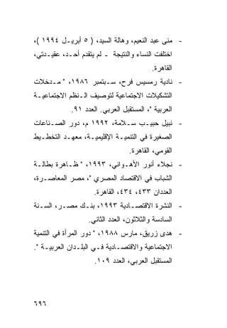 ‫- ﻤﻨﻰ ﻋﺒﺩ ﺍﻟﻨﻌﻴﻡ، ﻭﻫﺎﻟﺔ ﺍﻟﺴﻴﺩ، ) ٥ ﺃﺒﺭﻴـل ٤٩٩١ (،‬
‫ﺍﺨﺘﻠﻔﺕ ﺍﻟﻨﺴﺎﺀ ﻭﺍﻟﻨﺘﻴﺠﺔ ـ ﻟﻡ ﻴﺘﻘﺩﻡ ﺃﺤـﺩ، ﻋﻘﻴـﺩﺘﻲ،‬
                                         ‫ﺍﻟﻘﺎﻫﺭﺓ.‬
‫- ﻨﺎﺩﻴﺔ ﺭﻤﺴﻴﺱ ﻓﺭﺡ، ﺴـﺒﺘﻤﺒﺭ ٦٨٩١، " ﻤـﺩﺨﻼﺕ‬
‫ﺍﻟﺘﺸﻜﻴﻼﺕ ﺍﻻﺠﺘﻤﺎﻋﻴﺔ ﻟﺘﻭﺼﻴﻑ ﺍﻟـﻨﻅﻡ ﺍﻻﺠﺘﻤﺎﻋﻴـﺔ‬
            ‫ﺍﻟﻌﺭﺒﻴﺔ "، ﺍﻟﻤﺴﺘﻘﺒل ﺍﻟﻌﺭﺒﻲ. ﺍﻟﻌﺩﺩ ١٩.‬
‫- ﻨﺒﻴل ﺤﺒﻴـﺏ ﺴـﻼﻤﺔ، ٢٩٩١ ﻡ، ﺩﻭﺭ ﺍﻟﺼـﻨﺎﻋﺎﺕ‬
‫ﺍﻟﺼﻐﻴﺭﺓ ﻓﻲ ﺍﻟﺘﻨﻤﻴـﺔ ﺍﻹﻗﻠﻴﻤﻴـﺔ، ﻤﻌﻬـﺩ ﺍﻟﺘﺨﻁـﻴﻁ‬
                                 ‫ﺍﻟﻘﻭﻤﻲ، ﺍﻟﻘﺎﻫﺭﺓ.‬
‫- ﻨﺠﻼﺀ ﺃﻨﻭﺭ ﺍﻷﻫـﻭﺍﻨﻲ، ٣٩٩١، " ﻅـﺎﻫﺭﺓ ﺒﻁﺎﻟـﺔ‬
‫ﺍﻟﺸﺒﺎﺏ ﻓﻲ ﺍﻻﻗﺘﺼﺎﺩ ﺍﻟﻤﺼﺭﻱ "، ﻤﺼﺭ ﺍﻟﻤﻌﺎﺼـﺭﺓ،‬
                    ‫ﺍﻟﻌﺩﺩﺍﻥ ٣٣٤، ٤٣٤، ﺍﻟﻘﺎﻫﺭﺓ.‬
‫- ﺍﻟﻨﺸﺭﺓ ﺍﻻﻗﺘﺼـﺎﺩﻴﺔ ٣٩٩١، ﺒﻨـﻙ ﻤﺼـﺭ، ﺍﻟﺴـﻨﺔ‬
                  ‫ﺍﻟﺴﺎﺩﺴﺔ ﻭﺍﻟﺜﻼﺜﻭﻥ، ﺍﻟﻌﺩﺩ ﺍﻟﺜﺎﻨﻲ.‬
‫- ﻫﺩﻯ ﺯﺭﻴﻕ، ﻤﺎﺭﺱ ٨٨٩١، " ﺩﻭﺭ ﺍﻟﻤﺭﺃﺓ ﻓﻲ ﺍﻟﺘﻨﻤﻴﺔ‬
‫ﺍﻻﺠﺘﻤﺎﻋﻴﺔ ﻭﺍﻻﻗﺘﺼـﺎﺩﻴﺔ ﻓـﻲ ﺍﻟﺒﻠـﺩﺍﻥ ﺍﻟﻌﺭﺒﻴـﺔ ".‬
                     ‫ﺍﻟﻤﺴﺘﻘﺒل ﺍﻟﻌﺭﺒﻲ، ﺍﻟﻌﺩﺩ ٩٠١.‬




‫٦٩٦‬
 