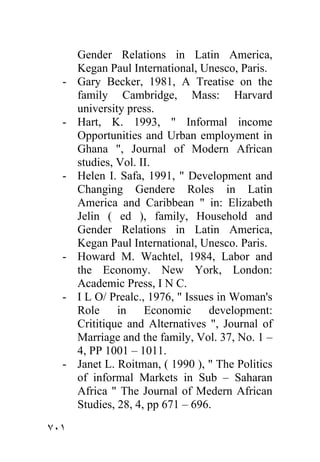 Gender Relations in Latin America,
      Kegan Paul International, Unesco, Paris.
  -   Gary Becker, 1981, A Treatise on the
      family Cambridge, Mass: Harvard
      university press.
  -   Hart, K. 1993, " Informal income
      Opportunities and Urban employment in
      Ghana ", Journal of Modern African
      studies, Vol. II.
  -   Helen I. Safa, 1991, " Development and
      Changing Gendere Roles in Latin
      America and Caribbean " in: Elizabeth
      Jelin ( ed ), family, Household and
      Gender Relations in Latin America,
      Kegan Paul International, Unesco. Paris.
  -   Howard M. Wachtel, 1984, Labor and
      the Economy. New York, London:
      Academic Press, I N C.
  -   I L O/ Prealc., 1976, " Issues in Woman's
      Role     in    Economic      development:
      Crititique and Alternatives ", Journal of
      Marriage and the family, Vol. 37, No. 1 –
      4, PP 1001 – 1011.
  -   Janet L. Roitman, ( 1990 ), " The Politics
      of informal Markets in Sub – Saharan
      Africa " The Journal of Medern African
      Studies, 28, 4, pp 671 – 696.

٧٠١
 