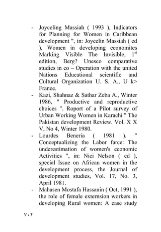 - Joyceling Massiah ( 1993 ), Indicators
    for Planning for Women in Caribbean
    development ", in: Joycelin Massiah ( ed
    ), Women in developing economites
    Marking Visible The Invisible, 1st
    edition, Berg? Unesco comparative
    studies in co – Operation with the united
    Nations Educational scientific and
    Cultural Organization U. S. A., U k>
    France.
  - Kazi, Shahnaz & Sathar Zeba A., Winter
    1986, " Productive and reproductive
    choices ". Roport of a Pilot survey of
    Urban Working Women in Karachi " The
    Pakistan development Review. Vol. X X
    V, No 4, Winter 1980.
  - Lourdes Beneria ( 1981 ). "
    Conceptualizing the Labor farce: The
    underestimation of women's economic
    Activities ", in: Nici Nelson ( ed ),
    special Issue on African women in the
    development process, the Journal of
    development studies, Vol. 17, No. 3,
    April 1981.
  - Mahasen Mostafa Hassanin ( Oct, 1991 ),
    the role of female externsion workers in
    developing Rural women: A case study

٧٠٢
 