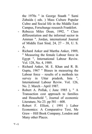 the 1970s " in George Stauth " Sami
      Zabaida ( eds. ) Mass Culture Popular
      Cultre and Social life in the Middle East
      Campus, Forschunge research Frankfort.
  -   Rebecca Miles Doan, 1992, " Class
      differentiation and the informal sector in
      Amman ". Jordan, international Journal
      of Middle East Sind, 24, 27 – 38, U. S.
      A.
  -   Richard Anker and Martha Anker, 1989,
      " Measuring the female Labour force in
      Egypt ", International Labour Reviw.
      Vol. 128, No. 4, 1989.
  -   Richard Anker, M. E. Khan and R. B.
      Gupta, 1967 " Biases in measuring the
      Labour force – results of a methods tes
      survey in Uttar pradesh, Inia ",
      International Labour Reviw. Vol. 126,
      No. 2. March – April 1987.
  -   Robert A. Pollak, ( June 1985 ), " A
      Transaction cost approach to families
      and Household ", Journal of economic
      Literature, No 23. pp 581 – 608.
  -   Robert F. Elliott, ( 1991 ) Labor
      Economics: A Comparative Text, Me
      Graw – Hill Book Company, London and
      Many other Places.

٧٠٤
 