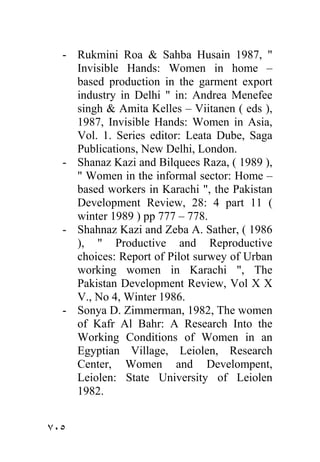 - Rukmini Roa & Sahba Husain 1987, "
    Invisible Hands: Women in home –
    based production in the garment export
    industry in Delhi " in: Andrea Menefee
    singh & Amita Kelles – Viitanen ( eds ),
    1987, Invisible Hands: Women in Asia,
    Vol. 1. Series editor: Leata Dube, Saga
    Publications, New Delhi, London.
  - Shanaz Kazi and Bilquees Raza, ( 1989 ),
    " Women in the informal sector: Home –
    based workers in Karachi ", the Pakistan
    Development Review, 28: 4 part 11 (
    winter 1989 ) pp 777 – 778.
  - Shahnaz Kazi and Zeba A. Sather, ( 1986
    ), " Productive and Reproductive
    choices: Report of Pilot surwey of Urban
    working women in Karachi ", The
    Pakistan Development Review, Vol X X
    V., No 4, Winter 1986.
  - Sonya D. Zimmerman, 1982, The women
    of Kafr Al Bahr: A Research Into the
    Working Conditions of Women in an
    Egyptian Village, Leiolen, Research
    Center, Women and Develompent,
    Leiolen: State University of Leiolen
    1982.


٧٠٥
 