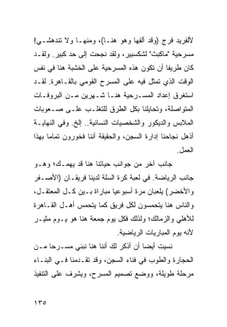 ‫ﻷﻟﻔﺭﻴﺩ ﻓﺭﺝ )ﻭﻗﺩ ﺃﻟﻔﻬﺎ ﻭﻫﻭ ﻫﻨـﺎ(، ﻭﻤﻨﻬـﺎ ﻭﻻ ﺘﻨﺩﻫﺸـﻲ!‬
‫ﻤﺴﺭﺤﻴﺔ "ﻤﺎﻜﺒﺙ" ﻟﺸﻜﺴﺒﻴﺭ، ﻭﻟﻘﺩ ﻨﺠﺤﺕ ﺇﻟﻰ ﺤﺩ ﻜﺒﻴﺭ. ﻭﻟﻘـﺩ‬
‫ﻜﺎﻥ ﻁﺭﻴﻔﺎ ﺃﻥ ﺘﻜﻭﻥ ﻫﺫﻩ ﺍﻟﻤﺴﺭﺤﻴﺔ ﻋﻠﻰ ﺍﻟﺨﺸﺒﺔ ﻫﻨﺎ ﻓﻲ ﻨﻔﺱ‬
                                            ‫ﹰ‬
‫ﺍﻟﻭﻗﺕ ﺍﻟﺫﻱ ﺘﻤﺜل ﻓﻴﻪ ﻋﻠﻰ ﺍﻟﻤﺴﺭﺡ ﺍﻟﻘﻭﻤﻲ ﺒﺎﻟﻘـﺎﻫﺭﺓ. ﻟﻘـﺩ‬
‫ﺍﺴﺘﻐﺭﻕ ﺇﻋﺩﺍﺩ ﺍﻟﻤﺴـﺭﺤﻴﺔ ﻫﻨـﺎ ﺸـﻬﺭﻴﻥ ﻤـﻥ ﺍﻟﺒﺭﻭﻓـﺎﺕ‬
‫ﺍﻟﻤﺘﻭﺍﺼﻠﺔ، ﻭﺘﺤﺎﻴﻠﻨﺎ ﺒﻜل ﺍﻟﻁﺭﻕ ﻟﻠﺘﻐﻠـﺏ ﻋﻠـﻰ ﺼـﻌﻭﺒﺎﺕ‬
‫ﺍﻟﻤﻼﺒﺱ ﻭﺍﻟﺩﻴﻜﻭﺭ ﻭﺍﻟﺸﺨﺼﻴﺎﺕ ﺍﻟﻨﺴﺎﺌﻴﺔ.. ﺇﻟﺦ. ﻭﻓﻲ ﺍﻟﻨﻬﺎﻴـﺔ‬
‫ﺃﺫﻫل ﻨﺠﺎﺤﻨﺎ ﺇﺩﺍﺭﺓ ﺍﻟﺴﺠﻥ، ﻭﺍﻟﺤﻘﻴﻘﺔ ﺃﻨﻨﺎ ﻓﺨﻭﺭﻭﻥ ﺘﻤﺎﻤﺎ ﺒﻬﺫﺍ‬
      ‫‪‬‬
                                                  ‫ﺍﻟﻌﻤل.‬
‫ﺠﺎﻨﺏ ﺁﺨﺭ ﻤﻥ ﺠﻭﺍﻨﺏ ﺤﻴﺎﺘﻨﺎ ﻫﻨﺎ ﻗﺩ ﻴﻬﻤـﻙ؛ ﻭﻫـﻭ‬
‫ﺠﺎﻨﺏ ﺍﻟﺭﻴﺎﻀﺔ. ﻓﻲ ﻟﻌﺒﺔ ﻜﺭﺓ ﺍﻟﺴﻠﺔ ﻟﺩﻴﻨﺎ ﻓﺭﻴﻘـﺎﻥ )ﺍﻷﺼـﻔﺭ‬
‫ﻭﺍﻷﺨﻀﺭ( ﻴﻠﻌﺒﺎﻥ ﻤﺭﺓ ﺃﺴﺒﻭﻋﻴﺎ ﻤﺒﺎﺭﺍﺓ ﺒـﻴﻥ ﻜـل ﺍﻟﻤﻌﺘﻘـل،‬
                           ‫‪‬‬
‫ﻭﺍﻟﻨﺎﺱ ﻫﻨﺎ ﻴﺘﺤﻤﺴﻭﻥ ﻟﻜل ﻓﺭﻴﻕ ﻜﻤﺎ ﻴﺘﺤﻤﺱ ﺃﻫـل ﺍﻟﻘـﺎﻫﺭﺓ‬
‫ﻟﻸﻫﻠﻲ ﻭﺍﻟﺯﻤﺎﻟﻙ؛ ﻭﻟﺫﻟﻙ ﻓﻜل ﻴﻭﻡ ﺠﻤﻌﺔ ﻫﻨﺎ ﻫﻭ ﻴـﻭﻡ ﻤﺜﻴـﺭ‬
                             ‫ﻷﻨﻪ ﻴﻭﻡ ﺍﻟﻤﺒﺎﺭﻴﺎﺕ ﺍﻟﺭﻴﺎﻀﻴﺔ.‬
‫ﻨﺴﻴﺕ ﺃﻴﻀﺎ ﺃﻥ ﺃﺫﻜﺭ ﻟﻙ ﺃﻨﻨﺎ ﻫﻨﺎ ﻨﺒﻨﻲ ﻤﺴـﺭﺤﺎ ﻤـﻥ‬
     ‫‪‬‬                               ‫‪‬‬
‫ﺍﻟﺤﺠﺎﺭﺓ ﻭﺍﻟﻁﻭﺏ ﻓﻲ ﻓﻨﺎﺀ ﺍﻟﺴﺠﻥ، ﻭﻗﺩ ﺘﻘـﺩﻤﻨﺎ ﻓـﻲ ﺍﻟﺒﻨـﺎﺀ‬
‫ﻤﺭﺤﻠﺔ ﻁﻭﻴﻠﺔ، ﻭﻭﻀﻊ ﺘﺼﻤﻴﻡ ﺍﻟﻤﺴﺭﺡ، ﻭﻴﺸﺭﻑ ﻋﻠﻰ ﺍﻟﺘﻨﻔﻴﺫ‬


‫٥٣١‬
 