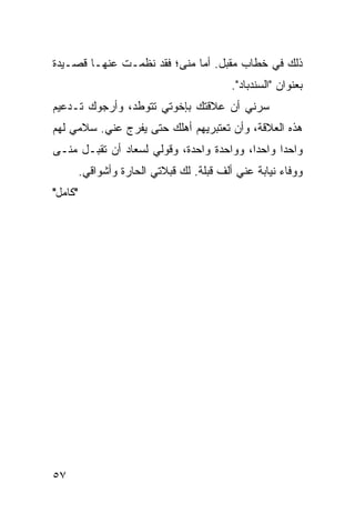 ‫ﺫﻟﻙ ﻓﻲ ﺨﻁﺎﺏ ﻤﻘﺒل. ﺃﻤﺎ ﻤﻨﻰ؛ ﻓﻘﺩ ﻨﻅﻤـﺕ ﻋﻨﻬـﺎ ﻗﺼـﻴﺩﺓ‬
                                           ‫ﺒﻌﻨﻭﺍﻥ "ﺍﻟﺴﻨﺩﺒﺎﺩ".‬
‫ﺴﺭﻨﻲ ﺃﻥ ﻋﻼﻗﺘﻙ ﺒﺈﺨﻭﺘﻲ ﺘﺘﻭﻁﺩ، ﻭﺃﺭﺠﻭﻙ ﺘـﺩﻋﻴﻡ‬
‫ﻫﺫﻩ ﺍﻟﻌﻼﻗﺔ، ﻭﺃﻥ ﺘﻌﺘﺒﺭﻴﻬﻡ ﺃﻫﻠﻙ ﺤﺘﻰ ﻴﻔﺭﺝ ﻋﻨﻲ. ﺴﻼﻤﻲ ﻟﻬﻡ‬
‫ﻭﺍﺤﺩﺍ ﻭﺍﺤﺩﺍ، ﻭﻭﺍﺤﺩﺓ ﻭﺍﺤﺩﺓ، ﻭﻗﻭﻟﻲ ﻟﺴﻌﺎﺩ ﺃﻥ ﺘﻘﺒـل ﻤﻨـﻰ‬
                                          ‫‪‬‬     ‫‪‬‬
         ‫ﻭﻭﻓﺎﺀ ﻨﻴﺎﺒﺔ ﻋﻨﻲ ﺃﻟﻑ ﻗﺒﻠﺔ. ﻟﻙ ﻗﺒﻼﺘﻲ ﺍﻟﺤﺎﺭﺓ ﻭﺃﺸﻭﺍﻗﻲ.‬
‫"ﻜﺎﻤل"‬




‫٧٥‬
 