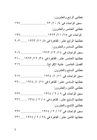 ‫ﺨﻁﺎﺒﻲ ﺍﻟﺭﺍﺒﻊ ﻭﺍﻟﻌﺸﺭﻭﻥ:‬
‫ﺴﺠﻥ ﺍﻟﻭﺍﺤﺎﺕ ﻓﻲ ٤/ ٠١/ ٣٦ ....................... ٧٩١‬
                             ‫ﺨﻁﺎﺒﻲ ﺍﻟﺨﺎﻤﺱ ﻭﺍﻟﻌﺸﺭﻭﻥ:‬
‫ﺍﻟﻭﺍﺤﺎﺕ ﻓﻲ ٥١/ ١١/ ٣٦٩١. ....................... ٩٩١‬
‫ﺨﻁﺎﺒﻬﺎ ﺍﻟﺭﺍﺒﻊ ﻋﺸﺭ: ﺍﻟﻘﺎﻫﺭﺓ ﻓﻲ ٨/ ١١/ ٣٦٩١ ...... ٣٠٢‬
                             ‫ﺨﻁﺎﺒﻲ ﺍﻟﺴﺎﺩﺱ ﻭﺍﻟﻌﺸﺭﻭﻥ:‬
‫ﺴﺠﻥ ﺍﻟﻭﺍﺤﺎﺕ ﻓﻲ ٤١/ ٢١/ ٣٦٩١ ................... ٦٠٢‬
‫ﺨﻁﺎﺒﻬﺎ ﺍﻟﺨﺎﻤﺱ ﻋﺸﺭ: ﺍﻟﻘﺎﻫﺭﺓ ﻓﻲ ٤٢/ ٢١/ ٣٦٩١ ... ٠١٢‬
‫ﺍﻟﻔﺼل ﺍﻟﺨﺎﻤﺱ: ﻋﺸﻴﺔ ﺍﻹﻓﺭﺍﺝ!........................ ٦١٢‬
                              ‫ﺨﻁﺎﺒﻲ ﺍﻟﺴﺎﺒﻊ ﻭﺍﻟﻌﺸﺭﻭﻥ:‬
‫ﺴﺠﻥ ﺍﻟﻭﺍﺤﺎﺕ ﻓﻲ ١١/ ١/ ٤٦٩١ ..................... ٧١٢‬
‫ﺨﻁﺎﺒﻬﺎ ﺍﻟﺴﺎﺩﺱ ﻋﺸﺭ: ﺍﻟﻘﺎﻫﺭﺓ ﻓﻲ ٧١/ ١/ ٤٦٩١ ..... ٠٢٢‬
                               ‫ﺨﻁﺎﺒﻲ ﺍﻟﺜﺎﻤﻥ ﻭﺍﻟﻌﺸﺭﻭﻥ:‬
‫ﺴﺠﻥ ﺍﻟﻭﺍﺤﺎﺕ ﻓﻲ ٨ / ٢ / ٤٦٩١ .................... ٢٢٢‬
‫ﺨﻁﺎﺒﻬﺎ ﺍﻟﺴﺎﺒﻊ ﻋﺸﺭ: ﺍﻟﻘﺎﻫﺭﺓ ﻓﻲ ٨ / ٢ / ٤٦٩١ ...... ٦٢٢‬
                              ‫ﺨﻁﺎﺒﻲ ﺍﻟﺘﺎﺴﻊ ﻭﺍﻟﻌﺸﺭﻭﻥ:‬
‫ﺴﺠﻥ ﺍﻟﻭﺍﺤﺎﺕ ﻓﻲ ٧١ / ٢ / ٤٦٩١ ................... ٧٢٢‬
‫ﺨﻁﺎﺒﻬﺎ ﺍﻟﺜﺎﻤﻥ ﻋﺸﺭ: ﺍﻟﻘﺎﻫﺭﺓ ﻓﻲ ٨٢ / ٢ / ٤٦٩١ .... ١٣٢‬


‫٦‬
 