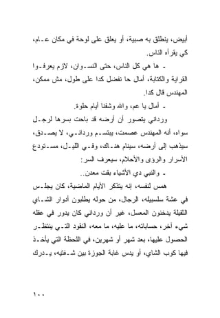 ‫ﺃﺒﻴﺽ، ﻴﻨﻁﻠﻕ ﺒﻪ ﺼﺒﻴﺔ، ﺃﻭ ﻴﻌﻠﻕ ﻋﻠﻰ ﻟﻭﺤﺔ ﻓﻲ ﻤﻜﺎﻥ ﻋـﺎﻡ،‬
                                        ‫ﻜﻲ ﻴﻘﺭﺃﻩ ﺍﻟﻨﺎﺱ.‬
‫ـ ﻫﺎ ﻫﻲ ﻜل ﺍﻟﻨﺎﺱ، ﺤﺘﻰ ﺍﻟﻨﺴـﻭﺍﻥ، ﻻﺯﻡ ﻴﻌﺭﻓـﻭﺍ‬
‫ﺍﻟﻘﺭﺍﻴﺔ ﻭﺍﻟﻜﺘﺎﺒﺔ، ﺃﻤﺎل ﺤﺎ ﻨﻔﻀل ﻜﺩﺍ ﻋﻠﻰ ﻁﻭل، ﻤﺵ ﻤﻤﻜﻥ،‬
                                       ‫ﺍﻟﻤﻬﻨﺩﺱ ﻗﺎل ﻜﺩﺍ.‬
              ‫ـ ﺃﻤﺎل ﻴﺎ ﻋﻡ، ﻭﺍﷲ ﻭﺸﻔﻨﺎ ﺃﻴﺎﻡ ﺤﻠﻭﺓ.‬
‫ﻭﺭﺩﺍﻨﻲ ﻴﺘﺼﻭﺭ ﺃﻥ ﺃﺭﻀﻪ ﻗﺩ ﺒﺎﺤﺕ ﺒﺴﺭﻫﺎ ﻟﺭﺠـل‬
‫ﺴﻭﺍﻩ، ﺃﻨﻪ ﺍﻟﻤﻬﻨﺩﺱ ﻋﺼﻤﺕ، ﻴﺒﺘﺴـﻡ ﻭﺭﺩﺍﻨـﻲ، ﻻ ﻴﺼـﺩﻕ،‬
‫ﺴﻴﺫﻫﺏ ﺇﻟﻰ ﺃﺭﻀﻪ، ﺴﻴﻨﺎﻡ ﻫﻨـﺎﻙ، ﻭﻓـﻲ ﺍﻟﻠﻴـل، ﻤﺴـﺘﻭﺩﻉ‬
                ‫ﺍﻷﺴﺭﺍﺭ ﻭﺍﻟﺭﺅﻯ ﻭﺍﻷﺤﻼﻡ، ﺴﻴﻌﺭﻑ ﺍﻟﺴﺭ:‬
                ‫ـ ﻭﺍﻟﻨﺒﻲ ﺩﻱ ﺍﻷﺸﻴﺎﺀ ﺒﻘﺕ ﻤﻌﺩﻥ..‬
‫ﻫﻤﺱ ﻟﻨﻔﺴﻪ، ﺇﻨﻪ ﻴﺘﺫﻜﺭ ﺍﻷﻴﺎﻡ ﺍﻟﻤﺎﻀﻴﺔ، ﻜﺎﻥ ﻴﺠﻠـﺱ‬
‫ﻓﻲ ﻋﺸﺔ ﺴﻠﺴﺒﻴﻠﻪ، ﺍﻟﺭﺠﺎل، ﻤﻥ ﺤﻭﻟﻪ ﻴﻁﻠﺒﻭﻥ ﺃﺩﻭﺍﺭ ﺍﻟﺸـﺎﻱ‬
‫ﺍﻟﺜﻘﻴﻠﺔ ﻴﺩﺨﻨﻭﻥ ﺍﻟﻤﻌﺴل، ﻏﻴﺭ ﺃﻥ ﻭﺭﺩﺍﻨﻲ ﻜﺎﻥ ﻴﺩﻭﺭ ﻓﻲ ﻋﻘﻠﻪ‬
‫ﺸﻲﺀ ﺁﺨﺭ، ﺤﺴﺎﺒﺎﺘﻪ، ﻤﺎ ﻋﻠﻴﻪ، ﻤﺎ ﻤﻌﻪ، ﺍﻟﻨﻘﻭﺩ ﺍﻟﺘـﻲ ﻴﻨﺘﻅـﺭ‬
‫ﺍﻟﺤﺼﻭل ﻋﻠﻴﻬﺎ، ﺒﻌﺩ ﺸﻬﺭ ﺃﻭ ﺸﻬﺭﻴﻥ، ﻓﻲ ﺍﻟﻠﺤﻅﺔ ﺍﻟﺘﻲ ﻴﺄﺨـﺫ‬
‫ﻓﻴﻬﺎ ﻜﻭﺏ ﺍﻟﺸﺎﻱ، ﺃﻭ ﻴﺩﺱ ﻏﺎﺒﺔ ﺍﻟﺠﻭﺯﺓ ﺒﻴﻥ ﺸـﻔﺘﻴﻪ، ﻴـﺩﺭﻙ‬




‫٠٠١‬
 