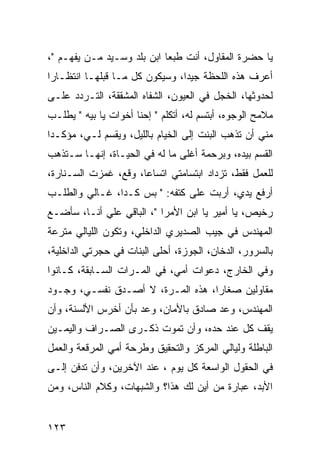 ‫ﻴﺎ ﺤﻀﺭﺓ ﺍﻟﻤﻘﺎﻭل، ﺃﻨﺕ ﻁﺒﻌﺎ ﺍﺒﻥ ﺒﻠﺩ ﻭﺴـﻴﺩ ﻤـﻥ ﻴﻔﻬـﻡ "،‬
                            ‫‪‬‬
‫ﺃﻋﺭﻑ ﻫﺫﻩ ﺍﻟﻠﺤﻅﺔ ﺠﻴﺩﺍ، ﻭﺴﻴﻜﻭﻥ ﻜل ﻤـﺎ ﻗﺒﻠﻬـﺎ ﺍﻨﺘﻅـﺎﺭﺍ‬
 ‫‪‬‬                              ‫‪‬‬
‫ﻟﺤﺩﻭﺜﻬﺎ، ﺍﻟﺨﺠل ﻓﻲ ﺍﻟﻌﻴﻭﻥ، ﺍﻟﺸﻔﺎﻩ ﺍﻟﻤﺸﻘﻘﺔ، ﺍﻟﺘـﺭﺩﺩ ﻋﻠـﻰ‬
‫ﻤﻼﻤﺢ ﺍﻟﻭﺠﻭﻩ، ﺃﺒﺘﺴﻡ ﻟﻪ، ﺃﺘﻜﻠﻡ " ﺇﺤﻨﺎ ﺃﺨﻭﺍﺕ ﻴﺎ ﺒﻴﻪ " ﻴﻁﻠـﺏ‬
‫ﻤﻨﻲ ﺃﻥ ﺘﺫﻫﺏ ﺍﻟﺒﻨﺕ ﺇﻟﻰ ﺍﻟﺨﻴﺎﻡ ﺒﺎﻟﻠﻴل، ﻭﻴﻘﺴﻡ ﻟـﻲ، ﻤﺅﻜـﺩﺍ‬
 ‫‪‬‬
‫ﺍﻟﻘﺴﻡ ﺒﻴﺩﻩ، ﻭﺒﺭﺤﻤﺔ ﺃﻏﻠﻰ ﻤﺎ ﻟﻪ ﻓﻲ ﺍﻟﺤﻴـﺎﺓ، ﺇﻨﻬـﺎ ﺴـﺘﺫﻫﺏ‬
‫ﻟﻠﻌﻤل ﻓﻘﻁ، ﺘﺯﺩﺍﺩ ﺍﺒﺘﺴﺎﻤﺘﻲ ﺍﺘﺴﺎﻋﺎ، ﻭﻗﻊ، ﻏﻤﺯﺕ ﺍﻟﺴـﻨﺎﺭﺓ،‬
                      ‫‪‬‬
‫ﺃﺭﻓﻊ ﻴﺩﻱ، ﺃﺭﺒﺕ ﻋﻠﻰ ﻜﺘﻔﻪ: " ﺒﺱ ﻜـﺩﺍ، ﻏـﺎﻟﻲ ﻭﺍﻟﻁﻠـﺏ‬
‫ﺭﺨﻴﺹ، ﻴﺎ ﺃﻤﻴﺭ ﻴﺎ ﺍﺒﻥ ﺍﻷﻤﺭﺍ "، ﺍﻟﺒﺎﻗﻲ ﻋﻠﻲ ﺃﻨـﺎ، ﺴﺄﻀـﻊ‬
            ‫‪‬‬
‫ﺍﻟﻤﻬﻨﺩﺱ ﻓﻲ ﺠﻴﺏ ﺍﻟﺼﺩﻴﺭﻱ ﺍﻟﺩﺍﺨﻠﻲ، ﻭﺘﻜﻭﻥ ﺍﻟﻠﻴﺎﻟﻲ ﻤﺘﺭﻋﺔ‬
‫ﺒﺎﻟﺴﺭﻭﺭ، ﺍﻟﺩﺨﺎﻥ، ﺍﻟﺠﻭﺯﺓ، ﺃﺤﻠﻰ ﺍﻟﺒﻨﺎﺕ ﻓﻲ ﺤﺠﺭﺘﻲ ﺍﻟﺩﺍﺨﻠﻴﺔ،‬
‫ﻭﻓﻲ ﺍﻟﺨﺎﺭﺝ، ﺩﻋﻭﺍﺕ ﺃﻤﻲ، ﻓﻲ ﺍﻟﻤـﺭﺍﺕ ﺍﻟﺴـﺎﺒﻘﺔ، ﻜـﺎﻨﻭﺍ‬
‫ﻤﻘﺎﻭﻟﻴﻥ ﺼﻐﺎﺭﺍ، ﻫﺫﻩ ﺍﻟﻤـﺭﺓ، ﻻ ﺃﺼـﺩﻕ ﻨﻔﺴـﻲ، ﻭﺠـﻭﺩ‬
                                   ‫‪‬‬
‫ﺍﻟﻤﻬﻨﺩﺱ، ﻭﻋﺩ ﺼﺎﺩﻕ ﺒﺎﻷﻤﺎﻥ، ﻭﻋﺩ ﺒﺄﻥ ﺃﺨﺭﺱ ﺍﻷﻟﺴﻨﺔ، ﻭﺃﻥ‬
‫ﻴﻘﻑ ﻜل ﻋﻨﺩ ﺤﺩﻩ، ﻭﺃﻥ ﺘﻤﻭﺕ ﺫﻜـﺭﻯ ﺍﻟﺼـﺭﺍﻑ ﻭﺍﻟﻴﻤـﻴﻥ‬
‫ﺍﻟﺒﺎﻁﻠﺔ ﻭﻟﻴﺎﻟﻲ ﺍﻟﻤﺭﻜﺯ ﻭﺍﻟﺘﺤﻘﻴﻕ ﻭﻁﺭﺤﺔ ﺃﻤﻲ ﺍﻟﻤﺭﻗﻌﺔ ﻭﺍﻟﻌﻤل‬
‫ﻓﻲ ﺍﻟﺤﻘﻭل ﺍﻟﻭﺍﺴﻌﺔ ﻜل ﻴﻭﻡ ، ﻋﻨﺩ ﺍﻵﺨﺭﻴﻥ، ﻭﺃﻥ ﺘﺩﻓﻥ ﺇﻟـﻰ‬
‫ﺍﻷﺒﺩ، ﻋﺒﺎﺭﺓ ﻤﻥ ﺃﻴﻥ ﻟﻙ ﻫﺫﺍ؟ ﻭﺍﻟﺸﺒﻬﺎﺕ، ﻭﻜﻼﻡ ﺍﻟﻨﺎﺱ، ﻭﻤﻥ‬


‫٣٢١‬
 