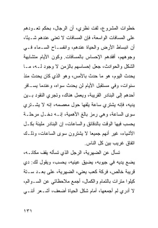 ‫ﺨﻁﻭﺍﺕ ﺍﻟﻤﺸﺭﻭﻉ، ﻟﻔﺕ ﻨﻅﺭﻱ، ﺃﻥ ﺍﻟﺭﺠﺎل، ﺒﺤﻜﻡ ﺘﻌـﻭﺩﻫﻡ‬
‫ﻋﻠﻰ ﺍﻟﻤﺴﺎﻓﺎﺕ ﺍﻟﻭﺍﺴﻌﺔ، ﻓﺈﻥ ﺍﻟﻤﺴﺎﻓﺎﺕ ﻻ ﺘﻌﻨﻲ ﻋﻨﺩﻫﻡ ﺸـﻴﺌﺎ،‬
  ‫ً‬
‫ﺃﻥ ﺍﻨﺒﺴﺎﻁ ﺍﻷﺭﺽ ﻭﺍﻟﺤﻴﺎﺓ ﻋﻨﺩﻫﻡ، ﻭﺍﻨﻔﺴـﺎﺡ ﺍﻟﺴـﻤﺎﺀ ﻓـﻲ‬
‫ﻭﺠﻭﻫﻬﻡ، ﺃﻓﻘﺩﻫﻡ ﺍﻹﺤﺴﺎﺱ ﺒﺎﻟﻤﺴﺎﻓﺎﺕ. ﻭﻜﻭﻥ ﺍﻷﻴﺎﻡ ﻤﺘﺸﺎﺒﻬﺔ‬
‫ﺍﻟﺸﻜل ﻭﺍﻟﺤﻭﺍﺩﺙ، ﺠﻌل ﺇﺤﺴﺎﺴﻬﻡ ﺒﺎﻟﺯﻤﻥ ﻻ ﻭﺠﻭﺩ ﻟـﻪ، ﻤـﺎ‬
‫ﻴﺤﺩﺙ ﺍﻟﻴﻭﻡ، ﻫﻭ ﻤﺎ ﺤﺩﺙ ﺒﺎﻷﻤﺱ، ﻭﻫﻭ ﺍﻟﺫﻱ ﻜﺎﻥ ﻴﺤﺩﺙ ﻤﻨﺫ‬
‫ﺴﻨﻭﺍﺕ، ﻭﻓﻲ ﻤﺴﺘﻘﺒل ﺍﻷﻴﺎﻡ ﻟﻥ ﻴﺤﺩﺙ ﺴﻭﺍﻩ، ﻭﻋﻨﺩﻤﺎ ﻴﺴـﺎﻓﺭ‬
‫ﺃﺤﺩﻫﻡ ﺇﻟﻰ ﺍﻟﺒﻨﺎﺩﺭ ﺍﻟﻘﺭﻴﺒﺔ، ﻭﻴﻌﻤل ﻫﻨﺎﻙ، ﻭﺘﺠﺭﻱ ﺍﻟﻨﻘﻭﺩ ﺒـﻴﻥ‬
‫ﻴﺩﻴﻪ، ﻓﺈﻨﻪ ﻴﺸﺘﺭﻱ ﺴﺎﻋﺔ ﻴﻠﻔﻬﺎ ﺤﻭل ﻤﻌﺼﻤﻪ، ﺇﻨﻪ ﻻ ﻴﺸـﺘﺭﻱ‬
‫ﺴﻭﻯ ﺍﻟﺴﺎﻋﺔ، ﻭﻫﻲ ﺭﻤﺯ ﺒﺎﻟﻎ ﺍﻷﻫﻤﻴﺔ، ﺇﻨـﻪ ﺩﺨـل ﻤﺭﺤﻠـﺔ‬
‫ﻴﺤﺴﺏ ﻓﻴﻬﺎ ﺍﻟﻭﻗﺕ ﺒﺎﻟﺩﻗﺎﺌﻕ ﻭﺍﻟﺴﺎﻋﺎﺕ، ﺇﻥ ﺍﻟﺒﻨﺎﺩﺭ ﻤﻠﻴﺌﺔ ﺒﻜـل‬
‫ﺍﻷﺸﻴﺎﺀ، ﻏﻴﺭ ﺃﻨﻬﻡ ﺠﻤﻴﻌﺎ ﻻ ﻴﺸﺘﺭﻭﻥ ﺴﻭﻯ ﺍﻟﺴﺎﻋﺎﺕ، ﻭﺫﻟـﻙ‬
                             ‫‪‬‬
                              ‫ﺍﺘﻔﺎﻕ ﻏﺭﻴﺏ ﺒﻴﻥ ﻜل ﺍﻟﻨﺎﺱ.‬
‫ﺘﺴﺄل ﻋﻥ ﺍﻟﻀﻬﺭﻴﺔ، ﺍﻟﺭﺠل ﺍﻟﺫﻱ ﺘﺴﺄﻟﻪ ﻴﻘﻑ ﻤﻜﺎﻨـﻪ،‬
‫ﻴﻀﻊ ﻴﺩﻴﻪ ﻓﻲ ﺠﻴﻭﺒﻪ، ﻴﻀﻴﻕ ﻋﻴﻨﻴﻪ، ﻴﺤﺴﺏ، ﻭﻴﻘﻭل ﻟﻙ: ﺩﻱ‬
‫ﻗﺭﻴﺒﺔ ﺨﺎﻟﺹ، ﻓﺭﻜﺔ ﻜﻌﺏ ﻴﻌﻨﻲ، ﺍﻟﻀﻬﺭﻴﺔ، ﻋﻠﻰ ﺒﻌـﺩ ﺴـﺘﺔ‬
‫ﻜﻴﻠﻭﺍ ﻤﺘﺭﺍﺕ ﺒﺎﻟﺘﻤﺎﻡ ﻭﺍﻟﻜﻤﺎل، ﺃﺠﻤﻊ ﻤﻼﺤﻅﺎﺘﻲ ﻋﻥ ﺍﻟﺴـﻭﺍﻟﻡ،‬
‫ﻻ ﺃﺩﺭﻱ ﻟﻡ ﺃﺠﻤﻌﻬﺎ، ﺃﻤﺎﻡ ﺸﻜل ﺍﻟﺤﻴﺎﺓ ﺃﻀﻌﻑ، ﺃﺸـﻌﺭ ﺃﻨﻨـﻲ‬


‫١٣١‬
 