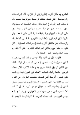 ‫ﺍﻟﻤﺸﺭﻭﻉ، ﻤﻜﺎﻥ ﺃﻗﺭﺏ ﺇﻨﺘﺎﺝ ﺯﻴﺘﻲ ﺃﻭ ﻏﺎﺯﻱ، ﻜل ﺍﻟﺩﺭﺍﺴـﺎﺕ‬
‫ﻭﺍﻟﺭﺴﻭﻤﺎﺕ، ﺍﻟﺘﻲ ﺘﻤﺕ، ﻜﺎﻨﺕ ﺩﺭﺍﺴﺎﺕ ﺠﻴﻭﻟﻭﺠﻴﺔ ﻤﻌﻤﻠﻴـﺔ،‬
‫ﻓﻭﺼﻠﺕ ﻓﻴﻬﺎ ﺇﻟﻰ ﻨﻭﻉ ﺍﻟﺤﻔﺭﻴﺎﺕ، ﺴﻤﻙ ﺍﻟﻁﺒﻘﺎﺕ ﺍﻟﺭﺴـﻭﺒﻴﺔ،‬
‫ﻤﺩﻯ ﻭﺠﻭﺩ ﺼﺨﻭﺭ ﺨﺯﺍﻨﻴﺔ ﻭﻋﻤﺭﻫﺎ، ﻭﻜﺎﻥ ﺍﻟﺘﻘﺭﻴﺭ ﻴﺤﺘـﻭﻱ‬
‫ﻋﻠﻰ ﺍﻟﺒﻴﺎﻨﺎﺕ ﺍﻟﺠﻴﻭﻟﻭﺠﻴﺔ ﻭﺍﻻﻗﺘﺼﺎﺩﻴﺔ ﺍﻟﺘﻲ ﺃﻤﻜﻥ ﺍﻟﺤﺼـﻭل‬
‫ﻋﻠﻴﻬﺎ، ﻜﺎﻥ ﻓﻴﻪ ﺘﻘﻴﻴﻡ ﻟﻺﻤﻜﺎﻨﻴﺎﺕ ﺍﻟﺒﺘﺭﻭﻟﻴـﺔ ﻓـﻲ ﺍﻟﻤﻨﻁﻘـﺔ،‬
‫ﻭﺘﻭﺼﻴﺎﺕ ﻋﻥ ﻤﻨﺎﻁﻕ ﺃﺨﺭﻯ ﺘﺴﺘﺤﻕ ﺩﺭﺍﺴﺎﺕ ﺘﻔﺼﻴﻠﻴﺔ.. ﻜﺎﻥ‬
‫ﻋﻠﻲ ﺃﻥ ﺃﻜﻤل ﻤﻊ ﺯﻤﻼﺌﻲ ﺍﻟﺩﺭﺍﺴﺎﺕ ﺍﻟﻨﻅﺭﻴﺔ. ﻋﻠﻰ ﺃﻥ ﻨﻘـﻭﻡ‬
                                                ‫‪‬‬
                       ‫ﺒﻌﻤل ﺍﻟﻼﺯﻡ ﻟﺤﻔﺭ ﺍﻟﺒﺌﺭ ﺍﻻﺨﺘﺒﺎﺭﻴﺔ.‬
‫ﻓﻜﺭﺕ ﻗﺒل ﺃﻥ ﺃﻨﺎﻡ، ﻟﻴﻠﺔ ﺍﻷﻤﺱ، ﻭﻗﻠﺕ ﻟﻨﻔﺴﻲ: ﺤﻴـﺎﺓ‬
‫ﺍﻟﻨﺎﺱ ﺘﺘﺤﻭل، ﻗﺎل ﻤﺴﺎﻋﺩﻱ: ﺇﻨﻪ ﻤﻥ ﺍﻟﻤﻨﺎﺴﺏ ﺃﻥ ﺃﺅﻟﻑ ﻜﺘﺎﺒﺎ‬
 ‫‪‬‬
‫ﻋﻥ ﺍﻟﻨﺎﺱ ﻟﻡ ﻴﺒﻕ ﺃﻤﺎﻤﻨﺎ ﺴﻭﻯ ﺠﻤﻊ ﻤﺎﺩﺓ ﺍﻟﻜﺘﺎﺏ ﺨﻼل ﻋﻤﻠﻨﺎ‬
‫ﺍﻟﻴﻭﻤﻲ. ﻋﻨﺩﻤﺎ ﺭﺃﻴﺕ ﺍﻨﺴﻴﺎﺏ ﺍﻷﺤﻼﻡ ﻓﻲ ﺍﻟﻌﻴﻭﻥ ﻟﻴﻠﺔ ﺃﻥ ﻜﻨـﺎ‬
‫ﻋﻠﻰ ﺍﻟﺠﺴﺭ، ﺃﺩﺭﻜﺕ ﺃﻨﻨﻲ ﻗﻁﻌﺕ ﻤﻨﺘﺼﻑ ﺍﻟﻁﺭﻴﻕ. ﻓﻲ ﺍﻟﻠﻴل،‬
‫ﺒﻌﺩ ﺃﻥ ﻋﺩﺕ ﻤﻥ ﻋﻠﻰ ﺍﻟﺠﺴﺭ، ﻫﻤﺴﺕ ﻟﻠﺤﻭﺍﺭﻱ: ﻤـﻥ ﺤـﻕ‬
‫ﺍﻟﻨﺎﺱ ﺃﻥ ﻴﺤﻠﻤﻭﺍ، ﺫﻟﻙ ﻫﻭ ﺍﻷﻤل ﺍﻷﺨﻴﺭ ﻟﻬﻡ، ﻭﻗﺒـل ﺫﻟـﻙ،‬
‫ﺃﺨﺫﺕ ﺤﺏ ﺍﻟﺩﻴﻥ ﻤﻌﻲ، ﺴﺭﺕ ﻓﻲ ﺍﻟﺤﻭﺍﺭﻱ، ﺯﺭﻨـﺎ ﺠـﺎﻤﻊ‬
‫ﺴﻴﺩﻱ ﺍﻟﻐﺭﻴـﺏ، ﺸـﺎﻫﺩﺕ ﺍﻟﻤﺩﺭﺴـﺔ ﺍﻻﺒﺘﺩﺍﺌﻴـﺔ، ﺍﻟﺠﻤﻌﻴـﺔ‬


‫٣٣١‬
 