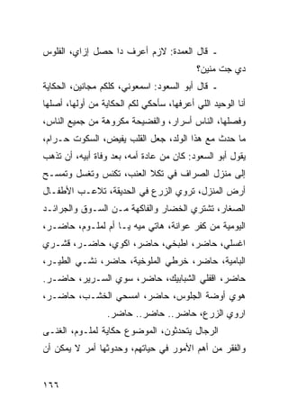 ‫ـ ﻗﺎل ﺍﻟﻌﻤﺩﺓ: ﻻﺯﻡ ﺃﻋﺭﻑ ﺩﺍ ﺤﺼل ﺇﺯﺍﻱ، ﺍﻟﻔﻠﻭﺱ‬
                                           ‫ﺩﻱ ﺠﺕ ﻤﻨﻴﻥ؟‬
‫ـ ﻗﺎل ﺃﺒﻭ ﺍﻟﺴﻌﻭﺩ: ﺍﺴﻤﻌﻭﻨﻲ، ﻜﻠﻜﻡ ﻤﺠﺎﻨﻴﻥ، ﺍﻟﺤﻜﺎﻴﺔ‬
‫ﺃﻨﺎ ﺍﻟﻭﺤﻴﺩ ﺍﻟﻠﻲ ﺃﻋﺭﻓﻬﺎ، ﺴﺄﺤﻜﻲ ﻟﻜﻡ ﺍﻟﺤﻜﺎﻴﺔ ﻤﻥ ﺃﻭﻟﻬﺎ، ﺃﺼﻠﻬﺎ‬
‫ﻭﻓﺼﻠﻬﺎ، ﺍﻟﻨﺎﺱ ﺃﺴﺭﺍﺭ، ﻭﺍﻟﻔﻀﻴﺤﺔ ﻤﻜﺭﻭﻫﺔ ﻤﻥ ﺠﻤﻴﻊ ﺍﻟﻨﺎﺱ،‬
‫ﻤﺎ ﺤﺩﺙ ﻤﻊ ﻫﺫﺍ ﺍﻟﻭﻟﺩ، ﺠﻌل ﺍﻟﻘﻠﺏ ﻴﻔﻴﺽ، ﺍﻟﺴﻜﻭﺕ ﺤـﺭﺍﻡ،‬
‫ﻴﻘﻭل ﺃﺒﻭ ﺍﻟﺴﻌﻭﺩ: ﻜﺎﻥ ﻤﻥ ﻋﺎﺩﺓ ﺃﻤﻪ، ﺒﻌﺩ ﻭﻓﺎﺓ ﺃﺒﻴﻪ، ﺃﻥ ﺘﺫﻫﺏ‬
‫ﺇﻟﻰ ﻤﻨﺯل ﺍﻟﺼﺭﺍﻑ ﻓﻲ ﺘﻜﻼ ﺍﻟﻌﻨﺏ، ﺘﻜﻨﺱ ﻭﺘﻐﺴل ﻭﺘﻤﺴـﺢ‬
‫ﺃﺭﺽ ﺍﻟﻤﻨﺯل، ﺘﺭﻭﻱ ﺍﻟﺯﺭﻉ ﻓﻲ ﺍﻟﺤﺩﻴﻘﺔ، ﺘﻼﻋـﺏ ﺍﻷﻁﻔـﺎل‬
‫ﺍﻟﺼﻐﺎﺭ، ﺘﺸﺘﺭﻱ ﺍﻟﺨﻀﺎﺭ ﻭﺍﻟﻔﺎﻜﻬﺔ ﻤـﻥ ﺍﻟﺴـﻭﻕ ﻭﺍﻟﺠﺭﺍﺌـﺩ‬
‫ﺍﻟﻴﻭﻤﻴﺔ ﻤﻥ ﻜﻔﺭ ﻋﻭﺍﻨﺔ، ﻫﺎﺘﻲ ﻤﻴﻪ ﻴـﺎ ﺃﻡ ﻟﻤﻠـﻭﻡ، ﺤﺎﻀـﺭ،‬
‫ﺍﻏﺴﻠﻲ، ﺤﺎﻀﺭ، ﺍﻁﺒﺨﻲ، ﺤﺎﻀﺭ، ﺍﻜﻭﻱ، ﺤﺎﻀـﺭ، ﻗﺸـﺭﻱ‬
‫ﺍﻟﺒﺎﻤﻴﺔ، ﺤﺎﻀﺭ، ﺨﺭﻁﻲ ﺍﻟﻤﻠﻭﺨﻴﺔ، ﺤﺎﻀﺭ، ﻨﺸـﻲ ﺍﻟﻁﻴـﺭ،‬
‫ﺤﺎﻀﺭ، ﺍﻗﻔﻠﻲ ﺍﻟﺸﺒﺎﺒﻴﻙ، ﺤﺎﻀﺭ، ﺴﻭﻱ ﺍﻟﺴـﺭﻴﺭ، ﺤﺎﻀـﺭ.‬
‫ﻫﻭﻱ ﺃﻭﻀﺔ ﺍﻟﺠﻠﻭﺱ، ﺤﺎﻀﺭ، ﺍﻤﺴﺤﻲ ﺍﻟﺨﺸـﺏ، ﺤﺎﻀـﺭ،‬
                  ‫ﺍﺭﻭﻱ ﺍﻟﺯﺭﻉ، ﺤﺎﻀﺭ.. ﺤﺎﻀﺭ.. ﺤﺎﻀﺭ.‬
‫ﺍﻟﺭﺠﺎل ﻴﺘﺤﺩﺜﻭﻥ، ﺍﻟﻤﻭﻀﻭﻉ ﺤﻜﺎﻴﺔ ﻟﻤﻠـﻭﻡ، ﺍﻟﻐﻨـﻰ‬
‫ﻭﺍﻟﻔﻘﺭ ﻤﻥ ﺃﻫﻡ ﺍﻷﻤﻭﺭ ﻓﻲ ﺤﻴﺎﺘﻬﻡ، ﻭﺤﺩﻭﺜﻬﺎ ﺃﻤﺭ ﻻ ﻴﻤﻜﻥ ﺃﻥ‬


‫٦٦١‬
 