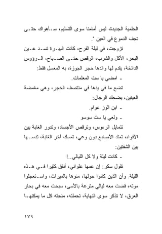 ‫ﺍﻟﺤﻠﻤﻴﺔ ﺍﻟﺠﺩﻴﺩﺓ، ﻟﻴﺱ ﺃﻤﺎﻤﻨﺎ ﺴﻭﻯ ﺍﻟﺘﺴﻠﻴﻡ، ﺴـﺄﻫﻭﺍﻙ ﺤﺘـﻰ‬
                                 ‫ﺘﺠﻑ ﺍﻟﺩﻤﻭﻉ ﻓﻲ ﺍﻟﻌﻴﻥ ".‬
‫ﺘﺯﻭﺠﺕ، ﻓﻲ ﻟﻴﻠﺔ ﺍﻟﻔﺭﺡ، ﻜﺎﻨﺕ ﺍﻟﺒﻴـﺭﺓ ﺘﺴـﺩ ﻋـﻴﻥ‬
‫ﺍﻟﺒﺤﺭ، ﺍﻷﻜل ﻭﺍﻟﺸﺭﺏ، ﺍﻟﺭﻗﺹ ﺤﺘـﻰ ﺍﻟﺼـﺒﺎﺡ، ﺍﻟـﺭﺅﻭﺱ‬
      ‫ﺍﻟﺩﺍﺌﺨﺔ، ﻴﻘﺩﻡ ﻟﻬﺎ ﻭﺍﻟﺩﻫﺎ ﺤﺠﺭ ﺍﻟﺠﻭﺯﺓ، ﺒﻪ ﺍﻟﻤﻌﺴل ﻓﻘﻁ:‬
                       ‫ـ ﺍﻤﻀﻲ ﻴﺎ ﺴﺕ ﺍﻟﻤﻌﻠﻤﺎﺕ.‬
‫ﺘﻀﻊ ﻤﺎ ﻓﻲ ﻴﺩﻫﺎ ﻓﻲ ﻤﻨﺘﺼﻑ ﺍﻟﺤﺠﺭ، ﻭﻫﻲ ﻤﻐﻤﻀﺔ‬
                                  ‫ﺍﻟﻌﻴﻨﻴﻥ، ﻴﻀﺤﻙ ﺍﻟﺭﺠﺎل:‬
                                ‫ـ ﺍﺒﻥ ﺍﻟﻭﺯ ﻋﻭﺍﻡ.‬
                            ‫ـ ﻭﻟﻌﻲ ﻴﺎ ﺴﺕ ﺴﻭﺴﻭ‬
‫ﺘﺘﻤﺎﻴل ﺍﻟﺭﺀﻭﺱ، ﻭﺘﺭﻗﺹ ﺍﻷﺠﺴﺎﺩ، ﻭﺘﺩﻭﺭ ﺍﻟﻐﺎﺒﺔ ﺒﻴﻥ‬
‫ﺍﻷﻓﻭﺍﻩ، ﺘﻤﺘﺩ ﺍﻷﺼﺎﺒﻊ ﺩﻭﻥ ﻭﻋﻲ، ﺘﻤﺴﻙ ﺁﺨﺭ ﺍﻟﻐﺎﺒﺔ، ﺘﺩﺴـﻬﺎ‬
                                             ‫ﺒﻴﻥ ﺍﻟﺸﻔﺘﻴﻥ:‬
                     ‫ـ ﻜﺎﻨﺕ ﻟﻴﻠﺔ ﻭﻻ ﻜل ﺍﻟﻠﻴﺎﻟﻲ..!‬
‫ﺘﻘﻭل ﺴﻜﺭ: ﺇﻥ ﻋﻤﻬﺎ ﻋﻠﻭﺍﻨﻲ، ﺃﻨﻔﻕ ﻜﺜﻴﺭﺍ ﻓـﻲ ﻫـﺫﻩ‬
          ‫‪‬‬
‫ﺍﻟﻠﻴﻠﺔ. ﻭﺃﻥ ﺍﻟﺫﻴﻥ ﻜﺎﻨﻭﺍ ﺤﻭﻟﻬﺎ، ﻤﻨﻭﻫﺎ ﺒﺎﻟﻤﻴﺭﺍﺙ، ﻭﺍﺴـﺘﻌﺠﻠﻭﺍ‬
‫ﻤﻭﺘﻪ، ﻗﻀﺕ ﻤﻌﻪ ﻟﻴﺎﻟﻲ ﻤﺘﺭﻋﺔ ﺒﺎﻷﺴﻰ، ﺴﺒﺤﺕ ﻤﻌﻪ ﻓﻲ ﺒﺤﺎﺭ‬
‫ﺍﻟﻌﺭﻕ، ﻻ ﺘﺫﻜﺭ ﺴﻭﻯ ﺍﻟﻨﻬﺎﻴﺔ، ﺘﺤﻤﻠﺘﻪ، ﻤﻨﺤﺘﻪ ﻜل ﻤﺎ ﻴﻤﻜﻨﻬـﺎ‬


‫٩٧١‬
 