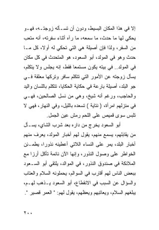 ‫ﺇﻻ ﻓﻲ ﻫﺫﺍ ﺍﻟﻤﻜﺎﻥ ﺍﻟﺒﺴﻴﻁ، ﻭﺩﻭﻥ ﺃﻥ ﺘﺴـﺄﻟﻪ ﺯﻭﺠﺘـﻪ، ﻓﻬـﻭ‬
‫ﻴﺤﻜﻲ ﻟﻬﺎ ﻤﺎ ﺤﺩﺙ، ﻤﺎ ﺴﻤﻌﻪ، ﻤﺎ ﺭﺁﻩ ﺃﺜﻨﺎﺀ ﺴﻔﺭﺘﻪ، ﺃﻨﻪ ﻤﺘﻌﺏ‬
‫ﻤﻥ ﺍﻟﺴﻔﺭ، ﻭﻟﺫﺍ ﻓﺈﻥ ﺃﺼﻴﻠﺔ ﻫﻲ ﺍﻟﺘﻲ ﺘﺤﻜﻲ ﻟﻪ ﺃﻭﻻ، ﻜل ﻤـﺎ‬
        ‫ﹰ‬
‫ﺤﺩﺙ ﻭﻫﻭ ﻓﻲ ﺍﻟﻤﻭﻟﺩ، ﺃﺒﻭ ﺍﻟﺴﻌﻭﺩ، ﻫﻭ ﺍﻟﻤﺘﺤﺩﺙ ﻓﻲ ﻜل ﻤﻜﺎﻥ‬
‫ﻓﻲ ﺍﻟﻤﻭﻟﺩ.. ﻓﻲ ﺒﻴﺘﻪ ﻴﻜﻭﻥ ﻤﺴﺘﻤﻌﺎ ﻓﻘﻁ، ﺇﻨﻪ ﻴﺠﻠﺱ ﻭﻻ ﻴﺘﻜﻠﻡ،‬
                         ‫‪‬‬
‫ﻴﺴﺄل ﺯﻭﺠﺘﻪ ﻋﻥ ﺍﻷﻤﻭﺭ ﺍﻟﺘﻲ ﺘﺘﻜﻠﻡ ﺴﺎﻓﺭ ﻭﺘﺭﻜﻬﺎ ﻤﻌﻠﻘﺔ ﻓـﻲ‬
‫ﺠﻭ ﺍﻟﺒﻠﺩ، ﺃﺼﻴﻠﺔ ﺒﺎﺭﻋﺔ ﻓﻲ ﺤﻜﺎﻴﺔ ﺍﻟﺤﻜﺎﻴﺎ، ﺘﺘﻜﻠﻡ ﺒﺎﻟﻠﺴﺎﻥ ﻭﺍﻟﻴﺩ‬
‫ﻭﺍﻟﺤﺎﺠﺏ، ﻭﺭﻏﻡ ﺃﻨﻪ ﺸﻴﺦ، ﻭﻫﻲ ﻤﻥ ﻨﺴل ﺍﻟﺼﺎﻟﺤﻴﻥ، ﻓﻬـﻲ‬
‫ﻓﻲ ﻤﻨﺯﻟﻬﻡ ﺍﻤﺭﺃﺓ، ) ﻨﺘﺎﻴﺔ ( ﺘﺴﻌﺩﻩ ﺒﺎﻟﻠﻴل، ﻭﻓﻲ ﺍﻟﻨﻬﺎﺭ، ﻓﻬﻲ ﻻ‬
            ‫ﺘﻠﺒﺱ ﺴﻭﻯ ﻗﻤﻴﺹ ﻋﻠﻰ ﺍﻟﻠﺤﻡ ﺭﻤﺵ ﻋﻴﻥ ﺍﻟﺠﻤل.‬
‫ﺃﺒﻭ ﺍﻟﺴﻌﻭﺩ ﻴﺨﺭﺝ ﻤﻥ ﺩﺍﺭﻩ ﺒﻌﺩ ﺸﺭﺏ ﺍﻟﺸﺎﻱ، ﻴﺴـﺄل‬
‫ﻤﻥ ﻴﻘﺎﺒﻠﻬﻡ، ﻴﺴﻤﻊ ﻤﻨﻬﻡ، ﻴﻘﻭل ﻟﻬﻡ ﺃﺨﺒﺎﺭ ﺍﻟﻤﻭﻟﺩ، ﻴﻌﺭﻑ ﻤﻨﻬﻡ‬
‫ﺃﺨﺒﺎﺭ ﺍﻟﺒﻠﺩ، ﻴﻤﺭ ﻋﻠﻰ ﺍﻟﻨﺴﺎﺀ ﺍﻟﻼﺘﻲ ﺃﻋﻁﻴﻨﻪ ﻨﺫﻭﺭﺍ، ﻴﻁﻤـﺌﻥ‬
         ‫‪‬‬
‫ﺍﻟﺨﻭﺍﻁﺭ ﻋﻠﻰ ﻭﺼﻭل ﺍﻟﻨﺫﻭﺭ، ﻭﺇﻨﻬﺎ ﺍﻵﻥ ﻨﺎﺌﻤﺔ ﺘﺄﻜل ﺃﺭﺯﺍ ﻤﻊ‬
    ‫‪‬‬
‫ﺍﻟﻤﻼﺌﻜﺔ ﻓﻲ ﺼﻨﺩﻭﻕ ﺍﻟﻨﺫﻭﺭ، ﻓﻲ ﺍﻟﻤﻭﺍﻟﺩ، ﻴﻠﺘﻘﻲ ﺃﺒﻭ ﺍﻟﺴـﻌﻭﺩ‬
‫ﺒﺒﻌﺽ ﺍﻟﻨﺎﺱ ﻟﻬﻡ ﺃﻗﺎﺭﺏ ﻓﻲ ﺍﻟﺴﻭﺍﻟﻡ، ﻴﺤﻤﻠﻭﻨﻪ ﺍﻟﺴﻼﻡ ﻭﺍﻟﻌﺘﺎﺏ‬
‫ﻭﺍﻟﺴﺅﺍل ﻋﻥ ﺍﻟﺴﺒﺏ ﻓﻲ ﺍﻻﻨﻘﻁﺎﻉ، ﺃﺒﻭ ﺍﻟﺴﻌﻭﺩ ﻴـﺫﻫﺏ ﻟﻬـﻡ،‬
‫ﻴﺒﻠﻐﻬﻡ ﺍﻟﺴﻼﻡ، ﻭﻴﻌﺎﺘﺒﻬﻡ ﻭﻴﻌﻅﻬﻡ، ﻴﻘﻭل ﻟﻬﻡ: " ﺍﻟﻌﻤﺭ ﻗﺼﻴﺭ ".‬


‫٠٠٢‬
 