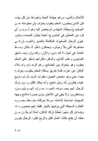 ‫ﻟﻸﺤﻼﻡ ﻭﺍﻟﻤﻨﻰ، ﻭﺭﻏﻡ ﺠﻬﺎﻤﺔ ﺍﻟﺤﻴﺎﺓ ﻭﺘﺠﺭﺩﻫﺎ ﻤﻥ ﻜل ﺒﻬﺎﺀ،‬
‫ﻓﺈﻥ ﺍﻟﻨﺎﺱ ﻴﺤﻠﻤﻭﻥ، ﺍﻟﻤﻌﻠﻡ ﻴﻌﻘﻭﺏ ﻴﻌﺘﺭﻑ ﺒﺄﻥ ﻤﻌﻠﻭﻤﺎﺘﻪ ﻋـﻥ‬
‫ﺍﻟﻤﻭﻀﻭﻉ ﺒﺴﻴﻁﺔ، ﺍﻟﻤﻬﻨﺩﺱ ﻟﻡ ﻴﺤﻀﺭ ﺇﻟﻴﻪ ﻭﻫﻭ ﻟـﻡ ﻴـﺭ ﺃﻱ‬
‫ﻓﺭﺩ ﻤﻥ ﺍﻟﻌﺎﻤﻠﻴﻥ ﻓﻲ ﺍﻟﻤﺸﺭﻭﻉ، ﺃﺤﻴﺎﻨﺎ ﻴﻁﻭل ﺍﻟﺼﻤﺕ، ﻭﺘﺩﻭﺭ‬
                   ‫ﹰ‬
‫ﻋﻴﻭﻥ ﺍﻟﺭﺠﺎل ﺍﻟﺼﻐﻴﺭﺓ، ﺍﻟﻤﻜﺘﺤﻠﺔ ﺒﺎﻟﺼﺒﺭ ﻭﺍﻟﺤﺭﻤـﺎﻥ ﻓـﻲ‬
‫ﻤﺤﺎﺠﺭﻫﺎ ﺍﻟﺘﻲ ﺒﻼ ﺭﻤﻭﺵ، ﻭﻴﺤﺩﻗﻭﻥ ﺩﺍﺨل ﺍﻟـﺩﻜﺎﻥ ﻭﺴـﻁ‬
‫ﺍﻟﻌﺸﺔ، ﻓﻲ ﺃﺠﻭﻟـﺔ ﺍﻟﻌـﺩﺱ، ﻭﺍﻷﺭﺯ، ﻭﺍﻟﻔـﻭل، ﻭﺼـﻨﺎﺩﻴﻕ‬
‫ﺍﻟﺼﺎﺒﻭﻥ، ﻭﻋﻠﺏ ﺍﻟﺸﺎﻱ، ﻭﺍﻟﺴﻜﺭ، ﻨﻅﺭﺍﺘﻬﻡ ﺘﺴﺘﻘﺭ ﻋﻠﻰ ﺍﻟﻤﻌﻠﻡ‬
‫ﻴﻌﻘﻭﺏ ﻭﻫﻭ ﻴﺘﺤﺭﻙ ﺒﻴﻥ ﺍﻟﺒﻀﺎﺌﻊ، ﺭﻏﻡ ﺍﻟﺯﺤـﺎﻡ، ﻭﺍﻤـﺘﻼﺀ‬
‫ﺍﻟﺩﻜﺎﻥ ﻋﻥ ﺁﺨﺭﻩ، ﻓﺜﻤﺔ ﻁﺭﻴﻕ ﻴﺴﻠﻜﻪ ﺍﻟﻤﻌﻠﻡ ﻴﻌﻘﻭﺏ، ﻴﻌﺭﻓـﻪ‬
‫ﺠﻴﺩﺍ، ﺤﺘﻰ ﻭﻫﻭ ﻤﻐﻤﺽ ﺍﻟﻌﻴﻨﻴﻥ، ﻨﻅﺭﺍﺕ ﺍﻟﺭﺠـﺎل ﺘﺴـﺘﺭﻴﺢ‬
                                              ‫‪‬‬
‫ﻋﻠﻴﻪ، ﻴﻔﻜﺭﻭﻥ ﺃﻨﻪ ﺭﺠل ﻨﺎﺠﺢ، ﻭﺃﻨﻪ ﻴﻤﻠﻙ ﺍﻟﻜﺜﻴـﺭ، ﻭﻴـﺩﺭﻙ‬
‫ﺍﻟﺭﺠﺎل ﺃﻨﻬﻡ ﻴﺤﺴـﺩﻭﻨﻪ، ﺍﻟﺤﺴـﺩ ﺤـﺭﺍﻡ، ﺃﻨﻬـﻡ ﻴﺘﻭﺒـﻭﻥ،‬
‫ﻭﻴﺴﺘﻐﻔﺭﻭﻥ، ﻭﻻ ﻴﺒﻘﻰ ﻓﻲ ﺍﻷﺫﻫﺎﻥ ﺴﻭﻯ ﺼﻭﺭﺓ ﻤﻼﻤﺢ ﻭﺠﻬﻪ‬
‫ﺍﻟﻤﺠﻬﺩﺓ، ﺍﺒﺘﺴﺎﻤﺘﻪ ﺍﻟﺩﺍﺌﻤﺔ، ﺴﺭﻋﺔ ﺤﺭﻜﺘﻪ، ﻀـﻌﻑ ﺒﺼـﺭﻩ،‬
‫ﺍﻟﻨﻅﺎﺭﺓ ﺍﻟﺴﻤﻴﻜﺔ ﺍﻟﺘﻲ ﻴﺭﺘﺩﻴﻬﺎ ﺒﺎﻟﻨﻬﺎﺭ ﻓﻘﻁ، ﺇﻨﻬﻡ ﻴﻌﺠﺒﻭﻥ ﺒـﻪ،‬
‫ﻭﻴﺘﺴﺎﺀل ﻜل ﻤﻨﻬﻡ: ﻟﺤﻅﺔ ﺘﺭﻜﻪ ﺍﻟﺩﻜﺎﻥ، ﻟﻤﺎﺫﺍ ﻟﻡ ﻴﻜـﻥ ﻤـﻥ‬
‫ﺤﻅﻪ ﺃﻥ ﻴﻔﺘﺢ ﺩﻜﺎﻨﺎ، ﺍﻟﻌﻤل ﻗﻠﻴل ﻭﺍﻟﺭﺒﺢ ﻜﺜﻴﺭ، ﺍﻟﺭﺠﺎل ﻴﻘﺭﻭﻥ‬
                                       ‫ﹰ‬


‫٥٠٢‬
 