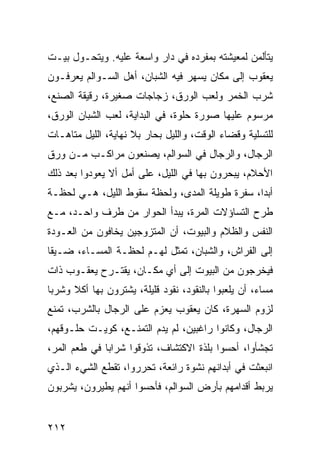 ‫ﻴﺘﺄﻟﻤﻥ ﻟﻤﻌﻴﺸﺘﻪ ﺒﻤﻔﺭﺩﻩ ﻓﻲ ﺩﺍﺭ ﻭﺍﺴﻌﺔ ﻋﻠﻴﻪ. ﻭﻴﺘﺤـﻭل ﺒﻴـﺕ‬
‫ﻴﻌﻘﻭﺏ ﺇﻟﻰ ﻤﻜﺎﻥ ﻴﺴﻬﺭ ﻓﻴﻪ ﺍﻟﺸﺒﺎﻥ، ﺃﻫل ﺍﻟﺴـﻭﺍﻟﻡ ﻴﻌﺭﻓـﻭﻥ‬
‫ﺸﺭﺏ ﺍﻟﺨﻤﺭ ﻭﻟﻌﺏ ﺍﻟﻭﺭﻕ، ﺯﺠﺎﺠﺎﺕ ﺼﻐﻴﺭﺓ، ﺭﻗﻴﻘﺔ ﺍﻟﺼﻨﻊ،‬
‫ﻤﺭﺴﻭﻡ ﻋﻠﻴﻬﺎ ﺼﻭﺭﺓ ﺤﻠﻭﺓ، ﻓﻲ ﺍﻟﺒﺩﺍﻴﺔ، ﻟﻌﺏ ﺍﻟﺸﺒﺎﻥ ﺍﻟﻭﺭﻕ،‬
‫ﻟﻠﺘﺴﻠﻴﺔ ﻭﻗﻀﺎﺀ ﺍﻟﻭﻗﺕ، ﻭﺍﻟﻠﻴل ﺒﺤﺎﺭ ﺒﻼ ﻨﻬﺎﻴﺔ، ﺍﻟﻠﻴل ﻤﺘﺎﻫـﺎﺕ‬
‫ﺍﻟﺭﺠﺎل، ﻭﺍﻟﺭﺠﺎل ﻓﻲ ﺍﻟﺴﻭﺍﻟﻡ، ﻴﺼﻨﻌﻭﻥ ﻤﺭﺍﻜـﺏ ﻤـﻥ ﻭﺭﻕ‬
‫ﺍﻷﺤﻼﻡ، ﻴﺒﺤﺭﻭﻥ ﺒﻬﺎ ﻓﻲ ﺍﻟﻠﻴل، ﻋﻠﻰ ﺃﻤل ﺃﻻ ﻴﻌﻭﺩﻭﺍ ﺒﻌﺩ ﺫﻟﻙ‬
‫ﺃﺒﺩﺍ، ﺴﻔﺭﺓ ﻁﻭﻴﻠﺔ ﺍﻟﻤﺩﻯ، ﻭﻟﺤﻅﺔ ﺴﻘﻭﻁ ﺍﻟﻠﻴل، ﻫـﻲ ﻟﺤﻅـﺔ‬
                                                ‫‪‬‬
‫ﻁﺭﺡ ﺍﻟﺘﺴﺎﺅﻻﺕ ﺍﻟﻤﺭﺓ، ﻴﺒﺩﺃ ﺍﻟﺤﻭﺍﺭ ﻤﻥ ﻁﺭﻑ ﻭﺍﺤـﺩ، ﻤـﻊ‬
‫ﺍﻟﻨﻔﺱ ﻭﺍﻟﻅﻼﻡ ﻭﺍﻟﺒﻴﻭﺕ، ﺃﻥ ﺍﻟﻤﺘﺯﻭﺠﻴﻥ ﻴﺨﺎﻓﻭﻥ ﻤﻥ ﺍﻟﻌـﻭﺩﺓ‬
‫ﺇﻟﻰ ﺍﻟﻔﺭﺍﺵ، ﻭﺍﻟﺸﺒﺎﻥ، ﺘﻤﺜل ﻟﻬـﻡ ﻟﺤﻅـﺔ ﺍﻟﻤﺴـﺎﺀ، ﻀـﻴﻘﺎ‬
 ‫ﹰ‬
‫ﻓﻴﺨﺭﺠﻭﻥ ﻤﻥ ﺍﻟﺒﻴﻭﺕ ﺇﻟﻰ ﺃﻱ ﻤﻜـﺎﻥ، ﻴﻘﺘـﺭﺡ ﻴﻌﻘـﻭﺏ ﺫﺍﺕ‬
‫ﻤﺴﺎﺀ، ﺃﻥ ﻴﻠﻌﺒﻭﺍ ﺒﺎﻟﻨﻘﻭﺩ، ﻨﻘﻭﺩ ﻗﻠﻴﻠﺔ، ﻴﺸﺘﺭﻭﻥ ﺒﻬﺎ ﺃﻜﻼ ﻭﺸﺭﺒﺎ‬
 ‫‪‬‬    ‫ﹰ‬
‫ﻟﺯﻭﻡ ﺍﻟﺴﻬﺭﺓ، ﻜﺎﻥ ﻴﻌﻘﻭﺏ ﻴﻌﺯﻡ ﻋﻠﻰ ﺍﻟﺭﺠﺎل ﺒﺎﻟﺸﺭﺏ، ﺘﻤﻨﻊ‬
‫ﺍﻟﺭﺠﺎل، ﻭﻜﺎﻨﻭﺍ ﺭﺍﻏﺒﻴﻥ، ﻟﻡ ﻴﺩﻡ ﺍﻟﺘﻤﻨـﻊ، ﻜﻭﻴـﺕ ﺤﻠـﻭﻗﻬﻡ،‬
‫ﺘﺠﺸﺄﻭﺍ، ﺃﺤﺴﻭﺍ ﺒﻠﺫﺓ ﺍﻻﻜﺘﺸﺎﻑ، ﺘﺫﻭﻗﻭﺍ ﺸﺭﺍﺒﺎ ﻓﻲ ﻁﻌﻡ ﺍﻟﻤﺭ،‬
              ‫‪‬‬
‫ﺍﻨﺒﻌﺜﺕ ﻓﻲ ﺃﺒﺩﺍﻨﻬﻡ ﻨﺸﻭﺓ ﺭﺍﺌﻌﺔ، ﺘﺤﺭﺭﻭﺍ، ﺘﻘﻁﻊ ﺍﻟﺸﻲﺀ ﺍﻟـﺫﻱ‬
‫ﻴﺭﺒﻁ ﺃﻗﺩﺍﻤﻬﻡ ﺒﺄﺭﺽ ﺍﻟﺴﻭﺍﻟﻡ، ﻓﺄﺤﺴﻭﺍ ﺃﻨﻬﻡ ﻴﻁﻴﺭﻭﻥ، ﻴﺸﺭﺒﻭﻥ‬


‫٢١٢‬
 