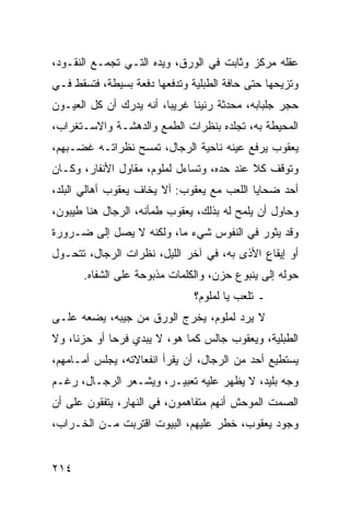 ‫ﻋﻘﻠﻪ ﻤﺭﻜﺯ ﻭﺜﺎﺒﺕ ﻓﻲ ﺍﻟﻭﺭﻕ، ﻭﻴﺩﻩ ﺍﻟﺘـﻲ ﺘﺠﻤـﻊ ﺍﻟﻨﻘـﻭﺩ،‬
‫ﻭﺘﺯﻴﺤﻬﺎ ﺤﺘﻰ ﺤﺎﻓﺔ ﺍﻟﻁﺒﻠﻴﺔ ﻭﺘﺩﻓﻌﻬﺎ ﺩﻓﻌﺔ ﺒﺴﻴﻁﺔ، ﻓﺘﺴﻘﻁ ﻓـﻲ‬
‫ﺤﺠﺭ ﺠﻠﺒﺎﺒﻪ، ﻤﺤﺩﺜﺔ ﺭﻨﻴﻨﺎ ﻏﺭﻴﺒﺎ، ﺃﻨﻪ ﻴﺩﺭﻙ ﺃﻥ ﻜل ﺍﻟﻌﻴـﻭﻥ‬
                         ‫‪‬‬     ‫ﹰ‬
‫ﺍﻟﻤﺤﻴﻁﺔ ﺒﻪ، ﺘﺠﻠﺩﻩ ﺒﻨﻅﺭﺍﺕ ﺍﻟﻁﻤﻊ ﻭﺍﻟﺩﻫﺸـﺔ ﻭﺍﻻﺴـﺘﻐﺭﺍﺏ،‬
‫ﻴﻌﻘﻭﺏ ﻴﺭﻓﻊ ﻋﻴﻨﻪ ﻨﺎﺤﻴﺔ ﺍﻟﺭﺠﺎل، ﺘﻤﺴﺢ ﻨﻅﺭﺍﺘـﻪ ﻏﻀـﺒﻬﻡ،‬
‫ﻭﺘﻭﻗﻑ ﻜﻼ ﻋﻨﺩ ﺤﺩﻩ، ﻭﺘﺴﺎﺀل ﻟﻤﻠﻭﻡ، ﻤﻘﺎﻭل ﺍﻷﻨﻔﺎﺭ، ﻭﻜـﺎﻥ‬
‫ﺃﺤﺩ ﻀﺤﺎﻴﺎ ﺍﻟﻠﻌﺏ ﻤﻊ ﻴﻌﻘﻭﺏ: ﺃﻻ ﻴﺨﺎﻑ ﻴﻌﻘﻭﺏ ﺃﻫﺎﻟﻲ ﺍﻟﺒﻠﺩ،‬
‫ﻭﺤﺎﻭل ﺃﻥ ﻴﻠﻤﺢ ﻟﻪ ﺒﺫﻟﻙ، ﻴﻌﻘﻭﺏ ﻁﻤﺄﻨﻪ، ﺍﻟﺭﺠﺎل ﻫﻨﺎ ﻁﻴﺒﻭﻥ،‬
‫ﻭﻗﺩ ﻴﺜﻭﺭ ﻓﻲ ﺍﻟﻨﻔﻭﺱ ﺸﻲﺀ ﻤﺎ، ﻭﻟﻜﻨﻪ ﻻ ﻴﺼل ﺇﻟﻰ ﻀـﺭﻭﺭﺓ‬
‫ﺃﻭ ﺇﻴﻘﺎﻉ ﺍﻷﺫﻯ ﺒﻪ، ﻓﻲ ﺁﺨﺭ ﺍﻟﻠﻴل، ﻨﻅﺭﺍﺕ ﺍﻟﺭﺠﺎل، ﺘﺘﺤـﻭل‬
      ‫ﺤﻭﻟﻪ ﺇﻟﻰ ﻴﻨﺒﻭﻉ ﺤﺯﻥ، ﻭﺍﻟﻜﻠﻤﺎﺕ ﻤﺫﺒﻭﺤﺔ ﻋﻠﻰ ﺍﻟﺸﻔﺎﻩ.‬
                               ‫ـ ﺘﻠﻌﺏ ﻴﺎ ﻟﻤﻠﻭﻡ؟‬
‫ﻻ ﻴﺭﺩ ﻟﻤﻠﻭﻡ، ﻴﺨﺭﺝ ﺍﻟﻭﺭﻕ ﻤﻥ ﺠﻴﺒﻪ، ﻴﻀﻌﻪ ﻋﻠـﻰ‬
‫ﺍﻟﻁﺒﻠﻴﺔ، ﻭﻴﻌﻘﻭﺏ ﺠﺎﻟﺱ ﻜﻤﺎ ﻫﻭ، ﻻ ﻴﺒﺩﻱ ﻓﺭﺤﺎ ﺃﻭ ﺤﺯﻨﺎ، ﻭﻻ‬
     ‫ﹰ‬       ‫‪‬‬
‫ﻴﺴﺘﻁﻴﻊ ﺃﺤﺩ ﻤﻥ ﺍﻟﺭﺠﺎل، ﺃﻥ ﻴﻘﺭﺃ ﺍﻨﻔﻌﺎﻻﺘﻪ، ﻴﺠﻠﺱ ﺃﻤـﺎﻤﻬﻡ،‬
‫ﻭﺠﻪ ﺒﻠﻴﺩ، ﻻ ﻴﻅﻬﺭ ﻋﻠﻴﻪ ﺘﻌﺒﻴـﺭ، ﻭﻴﺸـﻌﺭ ﺍﻟﺭﺠـﺎل، ﺭﻏـﻡ‬
‫ﺍﻟﺼﻤﺕ ﺍﻟﻤﻭﺤﺵ ﺃﻨﻬﻡ ﻤﺘﻔﺎﻫﻤﻭﻥ، ﻓﻲ ﺍﻟﻨﻬﺎﺭ، ﻴﺘﻔﻘﻭﻥ ﻋﻠﻰ ﺃﻥ‬
‫ﻭﺠﻭﺩ ﻴﻌﻘﻭﺏ، ﺨﻁﺭ ﻋﻠﻴﻬﻡ، ﺍﻟﺒﻴﻭﺕ ﺍﻗﺘﺭﺒﺕ ﻤـﻥ ﺍﻟﺨـﺭﺍﺏ،‬


‫٤١٢‬
 