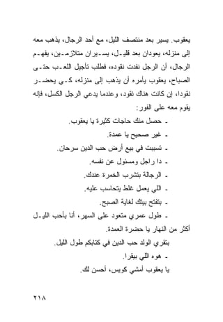 ‫ﻴﻌﻘﻭﺏ. ﻴﺴﻴﺭ ﺒﻌﺩ ﻤﻨﺘﺼﻑ ﺍﻟﻠﻴل، ﻤﻊ ﺃﺤﺩ ﺍﻟﺭﺠﺎل، ﻴﺫﻫﺏ ﻤﻌﻪ‬
‫ﺇﻟﻰ ﻤﻨﺯﻟﻪ، ﻴﻌﻭﺩﺍﻥ ﺒﻌﺩ ﻗﻠﻴـل، ﻴﺴـﻴﺭﺍﻥ ﻤﺘﻼﺯﻤـﻴﻥ، ﻴﻔﻬـﻡ‬
‫ﺍﻟﺭﺠﺎل، ﺃﻥ ﺍﻟﺭﺠل ﻨﻔﺩﺕ ﻨﻘﻭﺩﻩ، ﻓﻁﻠﺏ ﺘﺄﺠﻴل ﺍﻟﻠﻌـﺏ ﺤﺘـﻰ‬
‫ﺍﻟﺼﺒﺎﺡ، ﻴﻌﻘﻭﺏ ﻴﺄﻤﺭﻩ ﺃﻥ ﻴﺫﻫﺏ ﺇﻟﻰ ﻤﻨﺯﻟﻪ، ﻜـﻲ ﻴﺤﻀـﺭ‬
‫ﻨﻘﻭﺩﺍ، ﺇﻥ ﻜﺎﻨﺕ ﻫﻨﺎﻙ ﻨﻘﻭﺩ، ﻭﻋﻨﺩﻤﺎ ﻴﺩﻋﻲ ﺍﻟﺭﺠل ﺍﻟﻜﺴل، ﻓﺈﻨﻪ‬
                                                   ‫‪‬‬
                                    ‫ﻴﻘﻭﻡ ﻤﻌﻪ ﻋﻠﻰ ﺍﻟﻔﻭﺭ:‬
            ‫ـ ﺤﺼل ﻤﻨﻙ ﺤﺎﺠﺎﺕ ﻜﺜﻴﺭﺓ ﻴﺎ ﻴﻌﻘﻭﺏ.‬
                         ‫ـ ﻏﻴﺭ ﺼﺤﻴﺢ ﻴﺎ ﻋﻤﺩﺓ.‬
        ‫ـ ﺘﺴﺒﺒﺕ ﻓﻲ ﺒﻴﻊ ﺃﺭﺽ ﺤﺏ ﺍﻟﺩﻴﻥ ﺴﺭﺤﺎﻥ.‬
                   ‫ـ ﺩﺍ ﺭﺍﺠل ﻭﻤﺴﺌﻭل ﻋﻥ ﻨﻔﺴﻪ.‬
                 ‫ـ ﺍﻟﺭﺠﺎﻟﺔ ﺒﺘﺸﺭﺏ ﺍﻟﺨﻤﺭﺓ ﻋﻨﺩﻙ.‬
                 ‫ـ ﺍﻟﻠﻲ ﻴﻌﻤل ﻏﻠﻁ ﻴﺘﺤﺎﺴﺏ ﻋﻠﻴﻪ.‬
                       ‫ـ ﺒﺘﻔﺘﺢ ﺒﻴﺘﻙ ﻟﻐﺎﻴﺔ ﺍﻟﺼﺒﺢ.‬
‫ـ ﻁﻭل ﻋﻤﺭﻱ ﻤﺘﻌﻭﺩ ﻋﻠﻰ ﺍﻟﺴﻬﺭ، ﺃﻨﺎ ﺒﺄﺤﺏ ﺍﻟﻠﻴـل‬
                         ‫ﺃﻜﺜﺭ ﻤﻥ ﺍﻟﻨﻬﺎﺭ ﻴﺎ ﺤﻀﺭﺓ ﺍﻟﻌﻤﺩﺓ.‬
       ‫ﺒﺘﻘﺭﻱ ﺍﻟﻭﻟﺩ ﺤﺏ ﺍﻟﺩﻴﻥ ﻓﻲ ﻜﺘﺎﺒﻜﻡ ﻁﻭل ﺍﻟﻠﻴل.‬
                               ‫ـ ﻫﻭﻩ ﺍﻟﻠﻲ ﺒﻴﻘﺭﺍ.‬
                ‫ﻴﺎ ﻴﻌﻘﻭﺏ ﺃﻤﺸﻲ ﻜﻭﻴﺱ، ﺃﺤﺴﻥ ﻟﻙ.‬


‫٨١٢‬
 