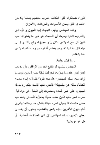 ‫ﻜﺜﻴﺭﺍ، ﻀﺤﻜﻭﺍ، ﺃﻟﻘﻭﺍ ﺍﻟﻨﻜﺎﺕ، ﻀﺭﺏ ﺒﻌﻀﻬﻡ ﺒﻌﻀﺎ ﻭﻜـﺎﻥ‬
       ‫‪‬‬                                    ‫‪‬‬
       ‫ﺍﻻﺘﺴﺎﻉ، ﺍﻟﻠﻴل ﻴﻌﺠﻥ ﺍﻷﺼﻭﺍﺕ ﻭﺍﻟﺤﺭﻜﺎﺕ ﻭﺍﻷﺤﺯﺍﻥ.‬
‫ﻭﻗﻑ ﺍﻟﻤﻬﻨﺩﺱ ﺒﻴﻨﻬﻡ، ﺍﺘﺠﻬﺕ ﺇﻟﻴﻪ ﺍﻟﻌﻴﻭﻥ ﻭﺍﻷﻴـﺎﺩﻱ‬
‫ﻭﺍﻟﻘﻠﻭﺏ، ﺍﺘﻔﻘﻭﺍ ﺠﻤﻴﻌﺎ، ﺃﻥ ﺍﻟﺼﻤﺕ ﻫﻭ ﺨﻴﺭ ﻤﺎ ﻴﻔﻌﻠﻭﻨﻪ، ﺤﺏ‬
                                 ‫‪‬‬
‫ﺍﻟﺩﻴﻥ ﺃﺘﻰ ﻤﻊ ﺍﻟﻤﻬﻨﺩﺱ، ﻜﺎﻥ ﻴﺒﺩﻭ ﻋﺠﻭﺯﺍ، ﺭﺍﺡ ﻴﻨﻅـﺭ ﺇﻟـﻰ‬
                 ‫‪‬‬
‫ﻤﻴﺎﻩ ﺍﻟﺘﺭﻋﺔ ﺍﻟﻬﺎﺩﺌﺔ، ﻭﻫﻭ ﻴﻘﻀﻡ ﺃﻅﺎﻓﺭﻩ ﺒﻬﺩﻭﺀ، ﺴﺄﻟﻪ ﺍﻟﻤﻬﻨﺩﺱ‬
                                             ‫ﻋﻤﺎ ﻴﺸﻐﻠﻪ:‬
                                ‫ـ ﻤﺎ ﻓﻴﺵ ﺤﺎﺠﺔ.‬
‫ﺍﻟﻤﻬﻨﺩﺱ ﻴﺒﺘﺴﻡ، ﻟﻡ ﻴﻘﺘﻨﻊ ﺃﺤﺩ ﻤﻥ ﺍﻟﻭﺍﻗﻔﻴﻥ ﺒﺄﻥ ﺤـﺏ‬
‫ﺍﻟﺩﻴﻥ ﻟﻴﺱ ﻋﻨﺩﻩ ﻤﺎ ﻴﺤﺯﻨﻪ، ﺘﺤﺭﻜﺕ ﺸﻔﺘﺎ ﺤﺏ ﺍﻟـﺩﻴﻥ ﺩﻭﻨﻤـﺎ‬
‫ﺇﺭﺍﺩﺓ ﻤﻨﻪ، ﺴﺄﻟﻪ ﺍﻟﻤﻬﻨﺩﺱ: ﻫل ﻤﻌﻪ ﻨﻘﻭﺩ؟ ﻓﻘـﺎل: ﺇﻨـﻪ ﻤﻌـﻪ‬
‫ﺍﻟﻜﻔﺎﻴﺔ، ﺴﺄﻟﻪ ﻋﻥ ﺴﻠﺴﺒﻴﻠﻪ؟ ﻓﺄﺨﺒﺭﻩ ﺒﺄﻨﻬﺎ ﻗﺎﻤﺕ ﻤﺒﻜـﺭﺓ ﻫـﺫﺍ‬
‫ﺍﻟﺼﺒﺎﺡ، ﻋﻠﻰ ﻏﻴﺭ ﺍﻟﻌﺎﺩﺓ ﻭﺤﻀﺭﺕ ﺇﻟﻰ ﺍﻟﻌﺸﺔ، ﻜﻲ ﺘﺭﺍﻩ ﻗﺒل‬
‫ﺴﻔﺭﻩ، ﺸﻌﺭ ﺤﺏ ﺍﻟﺩﻴﻥ ﻋﻘﺏ ﺤﺩﻴﺜﻪ ﺒﺨﺠل، ﺍﻟﺴـﺘﺭ ﻴﻜﺘﺴـﺏ‬
‫ﻤﻌﻨﻰ ﺨﺎﺼﺎ، ﻗﺩ ﻴﻌﻴﺵ ﺍﻟﻤﺭﺀ ﺤﻴﺎﺘﻪ ﺒﺸﻜل ﻤﺎ، ﻭﻋﻨﺩﻤﺎ ﻴﺘﻌﺭﻯ‬
                                            ‫‪‬‬
‫ﺃﻤﺎﻡ ﻋﻴﻭﻥ ﺍﻵﺨﺭﻴﻥ، ﻓﺈﻨﻪ ﻴﺸﻌﺭ ﺒﺎﻟﻐﻀﺏ، ﻴﺤﺎﻭل ﺃﻥ ﻴﺨﻔـﻲ‬
‫ﺒﻌﺽ ﺍﻷﻤﻭﺭ، ﺴﺄﻟﻪ ﺍﻟﻤﻬﻨﺩﺱ: ﺇﻥ ﻜﺎﻥ ﺍﻟﻌﻤﺩﺓ ﻗﺩ ﺃﻏﻀﺒﻪ، ﺃﻭ‬
                                         ‫ﻫل ﻫﻭ ﻤﺭﻴﺽ؟‬


‫٣٩٢‬
 