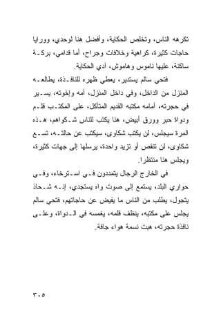 ‫ﺘﻜﺭﻫﻪ ﺍﻟﻨﺎﺱ، ﻭﺘﺨﻠﺹ ﺍﻟﺤﻜﺎﻴﺔ، ﻭﺃﻓﻀل ﻫﻨﺎ ﻟﻭﺤﺩﻱ، ﻭﻭﺭﺍﻴﺎ‬
‫ﺤﺎﺠﺎﺕ ﻜﺜﻴﺭﺓ، ﻜﺭﺍﻫﻴﺔ ﻭﺨﻼﻓﺎﺕ ﻭﺠﺭﺍﺡ، ﺃﻤﺎ ﻗﺩﺍﻤﻲ، ﺒﺭﻜـﺔ‬
              ‫ﺴﺎﻜﻨﺔ، ﻋﻠﻴﻬﺎ ﻨﺎﻤﻭﺱ ﻭﻫﺎﻤﻭﺵ، ﺁﺩﻱ ﺍﻟﺤﻜﺎﻴﺔ.‬
‫ﻓﺘﺤﻲ ﺴﺎﻟﻡ ﻴﺴﺘﺩﻴﺭ، ﻴﻌﻁﻲ ﻅﻬﺭﻩ ﻟﻠﻨﺎﻓـﺫﺓ، ﻴﻁﺎﻟﻌـﻪ‬
‫ﺍﻟﻤﻨﺯل ﻤﻥ ﺍﻟﺩﺍﺨل، ﻭﻓﻲ ﺩﺍﺨل ﺍﻟﻤﻨﺯل، ﺃﻤﻪ ﻭﺇﺨﻭﺘﻪ، ﻴﺴـﻴﺭ‬
‫ﻓﻲ ﺤﺠﺭﺘﻪ، ﺃﻤﺎﻤﻪ ﻤﻜﺘﺒﻪ ﺍﻟﻘﺩﻴﻡ ﺍﻟﻤﺘﺂﻜل، ﻋﻠﻰ ﺍﻟﻤﻜﺘـﺏ ﻗﻠـﻡ‬
‫ﻭﺩﻭﺍﺓ ﺤﺒﺭ ﻭﻭﺭﻕ ﺃﺒﻴﺽ، ﻫﻨﺎ ﻴﻜﺘﺏ ﻟﻠﻨﺎﺱ ﺸـﻜﻭﺍﻫﻡ، ﻫـﺫﻩ‬
‫ﺍﻟﻤﺭﺓ ﺴﻴﺠﻠﺱ، ﻟﻥ ﻴﻜﺘﺏ ﺸﻜﺎﻭﻯ، ﺴﻴﻜﺘﺏ ﻋﻥ ﺤﺎﻟﺘـﻪ، ﺘﺴـﻊ‬
‫ﺸﻜﺎﻭﻯ، ﻟﻥ ﺘﻨﻘﺹ ﺃﻭ ﺘﺯﻴﺩ ﻭﺍﺤﺩﺓ، ﻴﺭﺴﻠﻬﺎ ﺇﻟﻰ ﺠﻬﺎﺕ ﻜﺜﻴﺭﺓ،‬
                                    ‫ﻭﻴﺠﻠﺱ ﻫﻨﺎ ﻤﻨﺘﻅﺭﺍ.‬
                                      ‫‪‬‬
‫ﻓﻲ ﺍﻟﺨﺎﺭﺝ ﺍﻟﺭﺠﺎل ﻴﺘﻤﺩﺩﻭﻥ ﻓـﻲ ﺍﺴـﺘﺭﺨﺎﺀ، ﻭﻓـﻲ‬
‫ﺤﻭﺍﺭﻱ ﺍﻟﺒﻠﺩ، ﻴﺴﺘﻤﻊ ﺇﻟﻰ ﺼﻭﺕ ﻭﺍﻩ ﻴﺴﺘﺠﺩﻱ، ﺇﻨـﻪ ﺸـﺤﺎﺫ‬
‫ﻴﺘﺠﻭل، ﻴﻁﻠﺏ ﻤﻥ ﺍﻟﻨﺎﺱ ﻤﺎ ﻴﻔﻴﺽ ﻋﻥ ﺤﺎﺠﺎﺘﻬﻡ، ﻓﺘﺤﻲ ﺴﺎﻟﻡ‬
‫ﻴﺠﻠﺱ ﻋﻠﻰ ﻤﻜﺘﺒﻪ، ﻴﻨﻅﻑ ﻗﻠﻤﻪ، ﻴﻐﻤﺴﻪ ﻓﻲ ﺍﻟـﺩﻭﺍﺓ، ﻭﻋﻠـﻰ‬
                     ‫ﻨﺎﻓﺫﺓ ﺤﺠﺭﺘﻪ، ﻫﺒﺕ ﻨﺴﻤﺔ ﻫﻭﺍﺀ ﺠﺎﻓﺔ.‬




‫٥٠٣‬
 