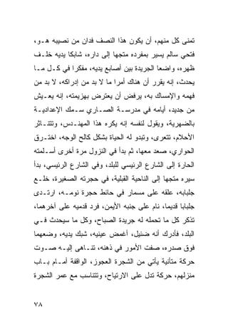 ‫ﺘﻤﻨﻰ ﻜل ﻤﻨﻬﻡ، ﺃﻥ ﻴﻜﻭﻥ ﻫﺫﺍ ﺍﻟﻨﺼﻑ ﻓﺩﺍﻥ ﻤﻥ ﻨﺼﻴﺒﻪ ﻫـﻭ،‬
‫ﻓﺘﺤﻲ ﺴﺎﻟﻡ ﻴﺴﻴﺭ ﺒﻤﻔﺭﺩﻩ ﻤﺘﺠﻬﺎ ﺇﻟﻰ ﺩﺍﺭﻩ، ﺸﺎﺒﻜﺎ ﻴﺩﻴﻪ ﺨﻠـﻑ‬
           ‫ﹰ‬               ‫‪‬‬
‫ﻅﻬﺭﻩ، ﻭﺍﻀﻌﺎ ﺍﻟﺠﺭﻴﺩﺓ ﺒﻴﻥ ﺃﺼﺎﺒﻊ ﻴﺩﻴﻪ، ﻤﻔﻜﺭﺍ ﻓﻲ ﻜـل ﻤـﺎ‬
            ‫‪‬‬                             ‫‪‬‬
‫ﻴﺤﺩﺙ، ﺇﻨﻪ ﻴﻘﺭﺭ ﺃﻥ ﻫﻨﺎﻙ ﺃﻤﺭﺍ ﻤﺎ ﻻ ﺒﺩ ﻤﻥ ﺇﺩﺭﺍﻜﻪ، ﻻ ﺒﺩ ﻤﻥ‬
                            ‫‪‬‬
‫ﻓﻬﻤﻪ ﻭﺍﻹﻤﺴﺎﻙ ﺒﻪ، ﻴﺭﻓﺽ ﺃﻥ ﻴﻌﺘﺭﺽ ﺒﻬﺯﻴﻤﺘﻪ، ﺇﻨﻪ ﻴﻌـﻴﺵ‬
‫ﻤﻥ ﺠﺩﻴﺩ، ﺃﻴﺎﻤﻪ ﻓﻲ ﻤﺩﺭﺴـﺔ ﺍﻟﺼـﺎﺭﻱ ﺴـﻤﻙ ﺍﻹﻋﺩﺍﺩﻴـﺔ‬
‫ﺒﺎﻟﻀﻬﺭﻴﺔ، ﻭﻴﻘﻭل ﻟﻨﻔﺴﻪ ﺇﻨﻪ ﻴﻜﺭﻩ ﻫﺫﺍ ﺍﻟﻤﻬﻨـﺩﺱ، ﻭﺘﺘﻨـﺎﺜﺭ‬
‫ﺍﻷﺤﻼﻡ، ﺘﺘﻌﺭﻯ، ﻭﺘﺒﺩﻭ ﻟﻪ ﺍﻟﺤﻴﺎﺓ ﺒﺸﻜل ﻜﺎﻟﺢ ﺍﻟﻭﺠﻪ، ﺍﺨﺘـﺭﻕ‬
‫ﺍﻟﺤﻭﺍﺭﻱ، ﺼﻌﺩ ﻤﻌﻬﺎ، ﺜﻡ ﺒﺩﺃ ﻓﻲ ﺍﻟﻨﺯﻭل ﻤﺭﺓ ﺃﺨﺭﻯ ﺃﺴـﻠﻤﺘﻪ‬
‫ﺍﻟﺤﺎﺭﺓ ﺇﻟﻰ ﺍﻟﺸﺎﺭﻉ ﺍﻟﺭﺌﻴﺴﻲ ﻟﻠﺒﻠﺩ، ﻭﻓﻲ ﺍﻟﺸﺎﺭﻉ ﺍﻟﺭﺌﻴﺴﻲ، ﺒﺩﺃ‬
‫ﺴﻴﺭﻩ ﻤﺘﺠﻬﺎ ﺇﻟﻰ ﺍﻟﻨﺎﺤﻴﺔ ﺍﻟﻘﺒﻠﻴﺔ، ﻓﻲ ﺤﺠﺭﺘﻪ ﺍﻟﺼﻐﻴﺭﺓ، ﺨﻠـﻊ‬
                                             ‫‪‬‬
‫ﺠﻠﺒﺎﺒﻪ، ﻋﻠﻘﻪ ﻋﻠﻰ ﻤﺴﻤﺎﺭ ﻓﻲ ﺤﺎﺌﻁ ﺤﺠﺭﺓ ﻨﻭﻤـﻪ، ﺍﺭﺘـﺩﻯ‬
‫ﺠﻠﺒﺎﺒﺎ ﻗﺩﻴﻤﺎ، ﻨﺎﻡ ﻋﻠﻰ ﺠﻨﺒﻪ ﺍﻷﻴﻤﻥ، ﻓﺭﺩ ﻗﺩﻤﻴﻪ ﻋﻠﻰ ﺁﺨﺭﻫﻤﺎ،‬
                                            ‫‪‬‬     ‫‪‬‬
‫ﺘﺫﻜﺭ ﻜل ﻤﺎ ﺘﺤﻤﻠﻪ ﻟﻪ ﺠﺭﻴﺩﺓ ﺍﻟﺼﺒﺎﺡ، ﻭﻜل ﻤﺎ ﺴﻴﺤﺩﺙ ﻓـﻲ‬
‫ﺍﻟﺒﻠﺩ، ﻓﺄﺩﺭﻙ ﺃﻨﻪ ﻀﺌﻴل، ﺃﻏﻤﺽ ﻋﻴﻨﻴﻪ، ﺸﺒﻙ ﻴﺩﻴﻪ، ﻭﻀﻌﻬﻤﺎ‬
‫ﻓﻭﻕ ﺼﺩﺭﻩ، ﺼﻔﺕ ﺍﻷﻤﻭﺭ ﻓﻲ ﺫﻫﻨﻪ، ﺘﻨـﺎﻫﻰ ﺇﻟﻴـﻪ ﺼـﻭﺕ‬
‫ﺤﺭﻜﺔ ﻤﺘﺄﻨﻴﺔ ﻴﺄﺘﻲ ﻤﻥ ﺍﻟﺸﺠﺭﺓ ﺍﻟﻌﺠﻭﺯ، ﺍﻟﻭﺍﻗﻔﺔ ﺃﻤـﺎﻡ ﺒـﺎﺏ‬
‫ﻤﻨﺯﻟﻬﻡ، ﺤﺭﻜﺔ ﺘﺩل ﻋﻠﻰ ﺍﻻﺭﺘﻴﺎﺡ، ﻭﺘﺘﻨﺎﺴﺏ ﻤﻊ ﻋﻤﺭ ﺍﻟﺸﺠﺭﺓ‬


‫٨٧‬
 